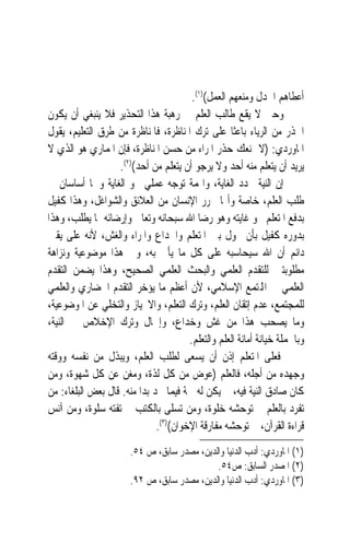 ‫ﺃﻋﻄﺎﻫﻢ ﺍﳉﺪﻝ ﻭﻣﻨﻌﻬﻢ ﺍﻟﻌﻤﻞ()١(.‬
‫ﻭﺣﱴ ﻻ ﻳﻘﻊ ﻃﺎﻟﺐ ﺍﻟﻌﻠﻢ ﰲ ﺭﻫﺒﺔ ﻫﺬﺍ ﺍﻟﺘﺤﺬﻳﺮ ﻓﻼ ﻳﻨﺒﻐﻲ ﺃﻥ ﻳﻜﻮﻥ‬
‫ﺍﳊﺬﺭ ﻣﻦ ﺍﻟﺮﻳﺎﺀ ﺑﺎﻋﺜﹰﺎ ﻋﻠﻰ ﺗﺮﻙ ﺍﳌﻨﺎﻇﺮﺓ، ﻓﺎﳌﻨﺎﻇﺮﺓ ﻣﻦ ﻃﺮﻕ ﺍﻟﺘﻌﻠﻴﻢ، ﻳﻘﻮﻝ‬
‫ﺍﳌﺎﻭﺭﺩﻱ: )ﻻ ﳝﻨﻌﻚ ﺣﺬﺭ ﺍﳌﺮﺍﺀ ﻣﻦ ﺣﺴﻦ ﺍﳌﻨﺎﻇﺮﺓ، ﻓﺈﻥ ﺍﳌﻤﺎﺭﻱ ﻫﻮ ﺍﻟﺬﻱ ﻻ‬
                   ‫ﻳﺮﻳﺪ ﺃﻥ ﻳﺘﻌﻠﻢ ﻣﻨﻪ ﺃﺣﺪ ﻭﻻ ﻳﺮﺟﻮ ﺃﻥ ﻳﺘﻌﻠﻢ ﻣﻦ ﺃﺣﺪ()٢(.‬
‫ﺇﻥ ﺍﻟﻨﻴﺔ ﲢﺪﺩ ﺍﻟﻐﺎﻳﺔ، ﻭﺍﳍﻤﺔ ﺗﻮﺟﻪ ﻋﻤﻠﻲ ﳓﻮ ﺍﻟﻐﺎﻳﺔ ﻭﳘﺎ ﺃﺳﺎﺳﺎﻥ ﰲ‬
‫ﻃﻠﺐ ﺍﻟﻌﻠﻢ، ﺧﺎﺻﺔ ﻭﺃ‪‬ﺎ ﲢﺮﺭ ﺍﻹﻧﺴﺎﻥ ﻣﻦ ﺍﻟﻌﻼﺋﻖ ﻭﺍﻟﺸﻮﺍﻏﻞ، ﻭﻫﺬﺍ ﻛﻔﻴﻞ‬
‫ﺑﺪﻓﻊ ﺍﳌﺘﻌﻠﻢ ﳓﻮ ﻏﺎﻳﺘﻪ ﻭﻫﻮ ﺭﺿﺎ ﺍﷲ ﺳﺒﺤﺎﻧﻪ ﻭﺗﻌﺎﱃ ﻭﺇﺭﺿﺎﺋﻪ ﲟﺎ ﻳﻄﻠﺐ، ﻭﻫﺬﺍ‬
‫ﺑﺪﻭﺭﻩ ﻛﻔﻴﻞ ﺑﺄﻥ ﳛﻮﻝ ﺑﲔ ﺍﳌﺘﻌﻠﻢ ﻭﺍﳋﺪﺍﻉ ﻭﺍﳌﺮﺍﺀ ﻭﺍﻟﻐﺶ، ﻷﻧﻪ ﻋﻠﻰ ﻳﻘﲔ‬
‫ﺩﺍﺋﻢ ﺃﻥ ﺍﷲ ﺳﻴﺤﺎﺳﺒﻪ ﻋﻠﻰ ﻛﻞ ﻣﺎ ﻳﺄﰐ ﺑﻪ، ﻭﰲ ﻫﺬﺍ ﻣﻮﺿﻮﻋﻴﺔ ﻭﻧﺰﺍﻫﺔ‬
‫ﻣﻄﻠﻮﺑﺘﲔ ﻟﻠﺘﻘﺪﻡ ﺍﻟﻌﻠﻤﻲ ﻭﺍﻟﺒﺤﺚ ﺍﻟﻌﻠﻤﻲ ﺍﻟﺼﺤﻴﺢ، ﻭﻫﺬﺍ ﻳﻀﻤﻦ ﺍﻟﺘﻘﺪﻡ‬
‫ﺍﻟﻌﻠﻤﻲ ﰲ ﺍﺠﻤﻟﺘﻤﻊ ﺍﻹﺳﻼﻣﻲ، ﻷﻥ ﺃﻋﻈﻢ ﻣﺎ ﻳﺆﺧﺮ ﺍﻟﺘﻘﺪﻡ ﺍﳊﻀﺎﺭﻱ ﻭﺍﻟﻌﻠﻤﻲ‬
‫ﻟﻠﻤﺠﺘﻤﻊ، ﻋﺪﻡ ﺇﺗﻘﺎﻥ ﺍﻟﻌﻠﻢ، ﻭﺗﺮﻙ ﺍﻟﺘﻌﻠﻢ، ﻭﺍﻻﳓﻴﺎﺯ ﻭﺍﻟﺘﺨﻠﻲ ﻋﻦ ﺍﳌﻮﺿﻮﻋﻴﺔ،‬
‫ﻭﻣﺎ ﻳﺼﺤﺐ ﻫﺬﺍ ﻣﻦ ﻏﺶ ﻭﺧﺪﺍﻉ، ﻭﺇﳘﺎﻝ ﻭﺗﺮﻙ ﺍﻹﺧﻼﺹ ﰲ ﺍﻟﻨﻴﺔ،‬
                                        ‫ﻭﺑﺎﳉﻤﻠﺔ ﺧﻴﺎﻧﺔ ﺃﻣﺎﻧﺔ ﺍﻟﻌﻠﻢ ﻭﺍﻟﺘﻌﻠﻢ.‬
‫ﻓﻌﻠﻰ ﺍﳌﺘﻌﻠﻢ ﺇﺫﻥ ﺃﻥ ﻳﺴﻌﻰ ﻟﻄﻠﺐ ﺍﻟﻌﻠﻢ، ﻭﻳﺒﺬﻝ ﻣﻦ ﻧﻔﺴﻪ ﻭﻭﻗﺘﻪ‬
‫ﻭﺟﻬﺪﻩ ﻣﻦ ﺃﺟﻠﻪ، ﻓﺎﻟﻌﻠﻢ )ﻋﻮﺽ ﻣﻦ ﻛﻞ ﻟﺬﺓ، ﻭﻣﻐﻦ ﻋﻦ ﻛﻞ ﺷﻬﻮﺓ، ﻭﻣﻦ‬
‫ﻛﺎﻥ ﺻﺎﺩﻕ ﺍﻟﻨﻴﺔ ﻓﻴﻪ، ﱂ ﻳﻜﻦ ﻟﻪ ﳘﺔ ﻓﻴﻤﺎ ﳚﺪ ﺑﺪ‪‬ﺍ ﻣﻨﻪ. ﻗﺎﻝ ﺑﻌﺾ ﺍﻟﺒﻠﻐﺎﺀ: ﻣﻦ‬
‫ﺗﻔﺮﺩ ﺑﺎﻟﻌﻠﻢ ﱂ ﺗﻮﺣﺸﻪ ﺧﻠﻮﺓ، ﻭﻣﻦ ﺗﺴﻠﻰ ﺑﺎﻟﻜﺘﺐ ﱂ ﺗﻔﺘﻪ ﺳﻠﻮﺓ، ﻭﻣﻦ ﺁﻧﺲ‬
                               ‫ﻗﺮﺍﺀﺓ ﺍﻟﻘﺮﺁﻥ، ﱂ ﺗﻮﺣﺸﻪ ﻣﻔﺎﺭﻗﺔ ﺍﻹﺧﻮﺍﻥ()٣(.‬
                       ‫)١( ﺍﳌﺎﻭﺭﺩﻱ: ﺃﺩﺏ ﺍﻟﺪﻧﻴﺎ ﻭﺍﻟﺪﻳﻦ، ﻣﺼﺪﺭ ﺳﺎﺑﻖ، ﺹ ٤٥.‬
                                             ‫)٢( ﺍﳌﺼﺪﺭ ﺍﻟﺴﺎﺑﻖ: ﺹ٤٥.‬
                       ‫)٣( ﺍﳌﺎﻭﺭﺩﻱ: ﺃﺩﺏ ﺍﻟﺪﻧﻴﺎ ﻭﺍﻟﺪﻳﻦ، ﻣﺼﺪﺭ ﺳﺎﺑﻖ، ﺹ ٢٩.‬
 