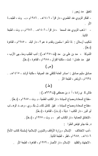 ‫ﺷﻔﻴﻖ ﳏﻤﺪ ﺯﻳﻌﻮﺭ :‬
‫- ﺍﻟﻔﻜﺮ ﺍﻟﺘﺮﺑﻮﻱ ﻋﻨﺪ ﺍﻟﻌﻠﻤﻮﻱ ، ﺩﺍﺭ ﺍﻗﺮﺃ ، ٦٠٤١ﻫـ – ٦٨٩١ﻡ ، ﺑـﲑﻭﺕ ، ﺍﻟﻄﺒﻌـﺔ‬
                                                                   ‫ﺍﻷﻭﱃ.‬
‫- ﺍﳌﺬﻫﺐ ﺍﻟﺘﺮﺑﻮﻱ ﻋﻨﺪ ﺍﻟﺴﻤﻌﺎﱐ ، ﺩﺍﺭ ﺍﻗﺮﺃ ، ٦٠٤١ﻫـ – ٦٨٩١ﻡ ، ﺑﲑﻭﺕ ، ﺍﻟﻄﺒﻌﺔ‬
                                                                 ‫ﺍﻟﺜﺎﻧﻴﺔ.‬
‫ﺷﻜﻴﺐ ﺃﺭﺳﻼﻥ : ﳌﺎﺫﺍ ﺗﺄﺧﺮ ﺍﳌﺴﻠﻤﻮﻥ ﻭﺗﻘﺪﻡ ﻏﲑﻫﻢ ؟ ، ﺩﺍﺭ ﺍﻟﺒﺸﲑ ، ٥٨٩١ﻡ ، ﺍﻟﻘﺎﻫﺮﺓ‬
                                                                       ‫)ﺩ.ﻁ( .‬
‫ﺍﻟﺸﻮﻛﺎﱐ ، ﳏﻤﺪ ﺑﻦ ﻋﻠﻲ ﺑﻦ ﳏﻤﺪ )ﺕ٠٥٢١ﻫـ( : ﺃﺩﺏ ﺍﻟﻄﻠﺐ ﻭﻣﻨﺘـﻬﻰ ﺍﻷﺭﺏ ،‬
               ‫ﲢﻘﻴﻖ ﳏﻤﺪ ﻋﺜﻤﺎﻥ ﺍﳋﺸﺖ ، ﻣﻜﺘﺒﺔ ﺍﻟﻘﺮﺁﻥ ، ٨٨٩١ﻡ ، ﺍﻟﻘﺎﻫﺮﺓ ، )ﺩ.ﻁ(.‬
                                    ‫)ﺹ(‬
‫–‬   ‫ﺻﺎﺩﻕ ﺳﻠﻴﻢ ﺻﺎﺩﻕ : ﺍﳌﺼﺎﺩﺭ ﺍﻟﻌﺎﻣﺔ ﻟﻠﺘﻠﻘﻲ ﻋﻨﺪ ﺍﻟﺼﻮﻓﻴﺔ ، ﻣﻜﺘﺒﺔ ﺍﻟﺮﺷﺪ ، ٥١٤١ﻫـ‬
                                                ‫٤٩٩١ﻡ ، ﺍﻟﺮﻳﺎﺽ ، ﺍﻟﻄﺒﻌﺔ ﺍﻷﻭﱃ.‬
                                    ‫)ﻁ(‬
                               ‫ﻃﺎﺵ ﻛﱪﻯ ﺯﺍﺩﺓ ، ﺃﲪﺪ ﺑﻦ ﻣﺼﻄﻔﻰ )ﺕ٢٦٩ﻫـ( :‬
    ‫-ﻣﻔﺘﺎﺡ ﺍﻟﺴﻌﺎﺩﺓ ﻭﻣﺼﺒﺎﺡ ﺍﻟﺴﻴﺎﺩﺓ ، ﺩﺍﺭ ﺍﻟﻜﺘﺐ ﺍﻟﻌﻠﻤﻴﺔ ، ﺑﲑﻭﺕ ، ٥٨٩١ﻡ ، )ﺩ.ﻁ( .‬
‫-ﻣﻔﺘﺎﺡ ﺍﻟﺴﻌﺎﺩﺓ ﻭﻣﺼﺒﺎﺡ ﺍﻟﺴﻴﺎﺩﺓ ، ﲢﻘﻴﻖ ﻛﺎﻣﻞ ﻛﺎﻣـﻞ ﺑﻜـﺮﻱ ، ﻭﻋﺒـﺪ ﺍﻟﻮﻫـﺎﺏ‬
                     ‫ﺃﺑﻮ ﺍﻟﻨﻮﺭ ، ﺩﺍﺭ ﺍﻟﻜﺘﺐ ﺍﳊﺪﻳﺜﺔ ، )ﺩ.ﺕ( ، ﺍﻟﻘﺎﻫﺮﺓ ، )ﺩ.ﻁ(.‬
                 ‫-ﺍﻟﺸﻘﺎﺋﻖ ﺍﻟﻨﻌﻤﺎﻧﻴﺔ ، ﺩﺍﺭ ﺍﻟﻜﺘﺎﺏ ﺍﻟﻌﺮﰊ ، ﺑﲑﻭﺕ ، ٥٧٩١ﻡ ، )ﺩ.ﻁ( .‬
                                                     ‫ﺩ. ﻃﻪ ﺟﺎﺑﺮ ﻓﻴﺎﺽ ﺍﻟﻌﻠﻮﺍﱐ :‬
‫-ﺃﺩﺏ ﺍﻻﺧﺘﻼﻑ ﰲ ﺍﻹﺳﻼﻡ ، ﻭﺯﺍﺭﺓ ﺍﻷﻭﻗﺎﻑ ﻭﺍﻟﺸﺆﻭﻥ ﺍﻹﺳﻼﻣﻴﺔ )ﺳﻠﺴﻠﺔ ﻛﺘﺎﺏ ﺍﻷﻣﺔ(‬
                                   ‫٦٠٤١ﻫـ –٥٨٩١ﻡ ، ﻗﻄﺮ ، ﺍﻟﻄﺒﻌﺔ ﺍﻟﺜﺎﻧﻴﺔ.‬
       ‫-ﺍﻻﺟﺘﻬﺎﺩ ﻭﺍﻟﺘﻘﻠﻴﺪ ﰲ ﺍﻹﺳﻼﻡ ، ﺩﺍﺭ ﺍﻷﻧﺼﺎﺭ ، ٩٧٩١ﻡ ، ﺍﻟﻘﺎﻫﺮﺓ ، ﺍﻟﻄﺒﻌﺔ ﺍﻷﻭﱃ .‬
 