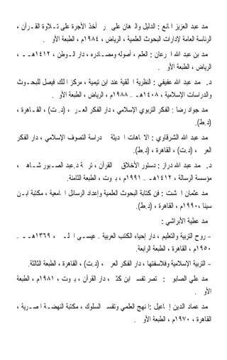 ‫ﳏﻤﺪ ﻋﺒﺪ ﺍﻟﻌﺰﻳﺰ ﺍﳌﺎﻧﻊ : ﺍﻟﺪﻟﻴﻞ ﻭﺍﻟﱪﻫﺎﻥ ﻋﻠﻰ ﲢﺮﱘ ﺃﺧﺬ ﺍﻷﺟﺮﺓ ﻋﻠﻰ ﺗـﻼﻭﺓ ﺍﻟﻘـﺮﺁﻥ ،‬
            ‫ﺍﻟﺮﺋﺎﺳﺔ ﺍﻟﻌﺎﻣﺔ ﻹﺩﺍﺭﺍﺕ ﺍﻟﺒﺤﻮﺙ ﺍﻟﻌﻠﻤﻴﺔ ، ﺍﻟﺮﻳﺎﺽ ، ٤٨٩١ﻡ ، ﺍﻟﻄﺒﻌﺔ ﺍﻷﻭﱃ .‬
‫ﳏﻤﺪ ﺑﻦ ﻋﺒﺪ ﺍﷲ ﺍﳋﺮﻋﺎﻥ : ﺍﻟﻌﻠﻢ ، ﺃﺻﻮﻟﻪ ﻭﻣﺼـﺎﺩﺭﻩ ، ﺩﺍﺭ ﺍﻟـﻮﻃﻦ ، ٢١٤١ﻫــ ،‬
                                                              ‫ﺍﻟﺮﻳﺎﺽ ، ﺍﻟﻄﺒﻌﺔ ﺍﻷﻭﱃ .‬
‫ﺩ. ﳏﻤﺪ ﻋﺒﺪ ﺍﷲ ﻋﻔﻴﻔﻲ : ﺍﻟﻨﻈﺮﻳﺔ ﺍﳋﻠﻘﻴﺔ ﻋﻨﺪ ﺍﺑﻦ ﺗﻴﻤﻴﺔ ، ﻣﺮﻛﺰ ﺍﳌﻠﻚ ﻓﻴﺼﻞ ﻟﻠﺒﺤـﻮﺙ‬
                ‫ﻭﺍﻟﺪﺭﺍﺳﺎﺕ ﺍﻹﺳﻼﻣﻴﺔ ، ٨٠٤١ﻫـ – ٨٨٩١ﻡ ، ﺍﻟﺮﻳﺎﺽ ، ﺍﻟﻄﺒﻌﺔ ﺍﻷﻭﱃ.‬
‫ﳏﻤﺪ ﺟﻮﺍﺩ ﺭﺿﺎ : ﺍﻟﻔﻜﺮ ﺍﻟﺘﺮﺑﻮﻱ ﺍﻹﺳﻼﻣﻲ ، ﺩﺍﺭ ﺍﻟﻔﻜﺮ ﺍﻟﻌـﺮﰊ، )ﺩ. ﺕ( ، ﺍﻟﻘـﺎﻫﺮﺓ ،‬
                                                                      ‫)ﺩ.ﻁ(.‬
‫ﳏﻤﺪ ﻋﺒﺪ ﺍﷲ ﺍﻟﺸﺮﻗﺎﻭﻱ : ﺍﻻﲡﺎﻫﺎﺕ ﺍﳊﺪﻳﺜﺔ ﰲ ﺩﺭﺍﺳﺔ ﺍﻟﺘﺼﻮﻑ ﺍﻹﺳﻼﻣﻲ ، ﺩﺍﺭ ﺍﻟﻔﻜﺮ‬
                                                   ‫ﺍﻟﻌﺮﰊ ، )ﺩ.ﺕ( ، ﺍﻟﻘﺎﻫﺮﺓ ، )ﺩ.ﻁ(.‬
‫ﺩ. ﳏﻤﺪ ﻋﺒﺪ ﺍﷲ ﺩﺭﺍﺯ : ﺩﺳﺘﻮﺭ ﺍﻷﺧﻼﻕ ﰲ ﺍﻟﻘﺮﺁﻥ ، ﺗﺮﲨﺔ ﺩ.ﻋﺒﺪ ﺍﻟﺼـﺒﻮﺭ ﺷـﺎﻫﲔ ،‬
                      ‫ﻣﺆﺳﺴﺔ ﺍﻟﺮﺳﺎﻟﺔ ، ٢١٤١ﻫـ – ١٩٩١ﻡ ، ﺑﲑﻭﺕ ، ﺍﻟﻄﺒﻌﺔ ﺍﻟﺜﺎﻣﻨﺔ.‬
‫ﳏﻤﺪ ﻋﺜﻤﺎﻥ ﺍﳋﺸﺖ : ﻓﻦ ﻛﺘﺎﺑﺔ ﺍﻟﺒﺤﻮﺙ ﺍﻟﻌﻠﻤﻴﺔ ﻭﺇﻋﺪﺍﺩ ﺍﻟﺮﺳﺎﺋﻞ ﺍﳉﺎﻣﻌﻴﺔ ، ﻣﻜﺘﺒﺔ ﺍﺑـﻦ‬
                                                     ‫ﺳﻴﻨﺎ ،٠٩٩١ﻡ ، ﺍﻟﻘﺎﻫﺮﺓ ، )ﺩ.ﻁ(.‬
                                                                ‫ﳏﻤﺪ ﻋﻄﻴﺔ ﺍﻷﺑﺮﺍﺷﻲ :‬
‫–‬   ‫- ﺭﻭﺡ ﺍﻟﺘﺮﺑﻴﺔ ﻭﺍﻟﺘﻌﻠﻴﻢ ، ﺩﺍﺭ ﺇﺣﻴﺎﺀ ﺍﻟﻜﺘﺐ ﺍﻟﻌﺮﺑﻴﺔ – ﻋﻴﺴـﻰ ﺍﳊﻠـﱯ ، ٩٦٣١ﻫــ‬
                                          ‫٠٥٩١ﻡ ، ﺍﻟﻘﺎﻫﺮﺓ ، ﺍﻟﻄﺒﻌﺔ ﺍﻟﺮﺍﺑﻌﺔ.‬
      ‫- ﺍﻟﺘﺮﺑﻴﺔ ﺍﻹﺳﻼﻣﻴﺔ ﻭﻓﻼﺳﻔﺘﻬﺎ ، ﺩﺍﺭ ﺍﻟﻔﻜﺮ ﺍﻟﻌﺮﰊ ، )ﺩ.ﺕ( ، ﺍﻟﻘﺎﻫﺮﺓ ، ﺍﻟﻄﺒﻌﺔ ﺍﻟﺜﺎﻟﺜﺔ.‬
‫ﳏﻤﺪ ﻋﻠﻲ ﺍﻟﺼﺎﺑﻮﱐ : ﳐﺘﺼﺮ ﺗﻔﺴﲑ ﺍﺑﻦ ﻛﺜﲑ ، ﺩﺍﺭ ﺍﻟﻘﺮﺁﻥ ، ﺑﲑﻭﺕ ، ١٨٩١ﻡ ، ﺍﻟﻄﺒﻌﺔ‬
                                                                              ‫ﺍﻷﻭﱃ .‬
‫ﳏﻤﺪ ﻋﻤﺎﺩ ﺍﻟﺪﻳﻦ ﺇﲰﺎﻋﻴﻞ :ﺍﳌﻨﻬﺞ ﺍﻟﻌﻠﻤﻲ ﻭﺗﻔﺴﲑ ﺍﻟﺴﻠﻮﻙ ، ﻣﻜﺘﺒﺔ ﺍﻟﻨﻬﻀـﺔ ﺍﳌﺼـﺮﻳﺔ ،‬
                                                    ‫ﺍﻟﻘﺎﻫﺮﺓ ، ٠٧٩١ﻡ ، ﺍﻟﻄﺒﻌﺔ ﺍﻷﻭﱃ .‬
 