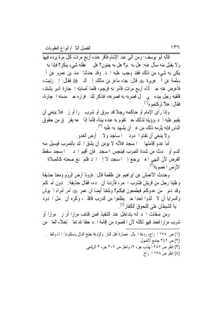 ‫ﺍﻟﻔﺼﻞ ﺍﻟﺜﺎﱐ/ ﺃﻧﻮﺍﻉ ﺍﻟﻌﻘﻮﺑﺎﺕ‬                                                     ‫٦٣١‬
‫ﻗﺎﻟﻪ ﺃﺑﻮ ﻳﻮﺳﻒ: ﻭﻣﻦ ﺃﺗﻰ ﻋﻨﺪ ﺍﻹﻣﺎﻡ ﻓﺄﻗﺮ ﻋﻨﺪﻩ ﺃﺭﺑﻊ ﻣﺮﺍﺕ ﻛﻞ ﻣﺮﺓ ﻳﺮﺩﻩ ﻓﻴﻬﺎ‬
‫ﻭﻻ ﻳﻘﺒﻞ ﻣﻨﻪ ﺳﺄﻝ ﻋﻨﻪ: ﻫﻞ ﺑﻪ ﳌﻢ؟ ﻫﻞ ﺑﻪ ﺟﻨﻮﻥ؟ ﻫﻞ ﰲ ﻋﻘﻠﻪ ﺷﻲﺀ ﻳﻨﻜﺮ؟ ﻓﺈﺫﺍ ﺑﻪ ﱂ‬
‫ﻳﻜﻦ ﺑﻪ ﺷﻲﺀ ﻣﻦ ﺫﻟﻚ ﻓﻘﺪ ﻭﺟﺐ ﻋﻠﻴﻪ ﺍﳊﺪ. ﻭﻗﺪ ﺣﺪﺛﻨﺎ ﳏﻤﺪ ﺑﻦ ﻋﻤﺮﻭ ﻋﻦ ﺃﰊ‬
‫ﺳﻠﻤﺔ ﻋﻦ ﺃﰊ ﻫﺮﻳﺮﺓ ‪ ‬ﻗﺎﻝ: ﺟﺎﺀ ﻣﺎﻋﺰ ﺑﻦ ﻣﺎﻟﻚ ﺇﱃ ﺍﻟﻨﱯ ‪ ‬ﻓﻘﺎﻝ: ﺇﱐ ﺯﻧﻴﺖ،‬
‫ﻓﺄﻋﺮﺽ ﻋﻨﻪ ﺣﱴ ﺃﺗﺎﻩ ﺃﺭﺑﻊ ﻣﺮﺍﺕ ﻓﺄﻣﺮ ﺑﻪ ﻓﺮﺟﻢ، ﻓﻠﻤﺎ ﺃﺻﺎﺑﺘﻪ ﺍﳊﺠﺎﺭﺓ ﺃﺩﺑﺮ ﻳﺸﺘﺪ،‬
‫ﻓﻠﻘﻴﻪ ﺭﺟﻞ ﺑﻴﺪﻩ ﳊﻰ ﲨﻞ ﻓﻀﺮﺑﻪ ﺑﻪ ﻓﺼﺮﻋﻪ، ﻓﺬﻛﺮ ﻟﻠﻨﱯ ﻓﺮﺍﺭﻩ ﺣﲔ ﻣﺴﺘﻪ ﺍﳊﺠﺎﺭﺓ،‬
                                                          ‫ﻓﻘﺎﻝ: ﻫﻼ ﺗﺮﻛﺘﻤﻮﻩ)١(.‬
                                                                      ‫ﱠ‬
‫ﻭﺇﺫﺍ ﺭﺃﻯ ﺍﻹﻣﺎﻡ ﺃﻭ ﺣﺎﻛﻤﻪ ﺭﺟﻼ ﻗﺪ ﺳﺮﻕ ﺃﻭ ﺷﺮﺏ ﲬﺮ‪‬ﺍ ﺃﻭ ﺯﱏ ﻓﻼ ﻳﻨﺒﻐﻲ ﺃﻥ‬
‫ﻳﻘﻴﻢ ﻋﻠﻴﻪ ﺍﳊﺪ ﺑﺮﺅﻳﺘﻪ ﻟﺬﻟﻚ ﺣﱴ ﺗﻘﻮﻡ ﺑﻪ ﻋﻨﺪﻩ ﺑﻴﻨﺔ، ﻓﺄﻣﺎ ﺇﺫﺍ ﲰﻌﻪ ﻳﻘﺮ ﲝﻖ ﻣﻦ ﺣﻘﻮﻕ‬
                               ‫ﺍﻟﻨﺎﺱ ﻓﺈﻧﻪ ﻳﻠﺰﻣﻪ ﺫﻟﻚ ﻣﻦ ﻏﲑ ﺃﻥ ﻳﺸﻬﺪ ﺑﻪ ﻋﻠﻴﻪ )٢(.‬
                     ‫ﻭﻻ ﻳﻨﺒﻐﻲ ﺃﻥ ﺗﻘﺎﻡ ﺍﳊﺪﻭﺩ ﰲ ﺍﳌﺴﺎﺟﺪ ﻭﻻ ﰲ ﺃﺭﺽ ﺍﻟﻌﺪﻭ.‬
‫ﺃﻣﺎ ﻋﺪﻡ ﺇﻗﺎﻣﺘﻬﺎ ﰲ ﺍﳌﺴﺠﺪ ﻓﻸﻧﻪ ﻻ ﻳﺆﻣﻦ ﺃﻥ ﻳﺸﻖ ﺍﳉﻠﺪ ﺑﺎﻟﻀﺮﺏ ﻓﻴﺴﻴﻞ ﻣﻨﻪ‬
‫ﺍﻟﺪﻡ ﺃﻭ ﳛﺪﺙ ﻣﻦ ﺷﺪﺓ ﺍﻟﻀﺮﺏ ﻓﻴﻨﺠﺲ ﺍﳌﺴﺠﺪ. ﻓﺈﻥ ﹸﻗﻴﻢ ﺍﳊﺪ ﰲ ﺍﳌﺴﺠﺪ ﺳﻘﻂ‬
                           ‫ﺃ‬
‫ﺍﻟﻔﺮﺽ ﻷﻥ ﺍﻟﻨﻬﻲ ﺍﳌﻌﲏ ﻳﺮﺟﻊ ﺇﱃ ﺍﳌﺴﺠﺪ ﻻ ﺇﱃ ﺍﳊﺪ ﻓﻠﻢ ﳝﻨﻊ ﺻﺤﺘﻪ ﻛﺎﻟﺼﻼﺓ ﰲ‬
                                                              ‫ﺍﻷﺭﺽ ﺍﳌﻐﺼﻮﺑﺔ)٣(.‬
‫ﻭﺣﺪﺙ ﺍﻷﻋﻤﺶ ﻋﻦ ﺇﺑﺮﺍﻫﻴﻢ ﻋﻦ ﻋﻠﻘﻤﺔ ﻗﺎﻝ: ﻏﺰﻭﻧﺎ ﺃﺭﺽ ﺍﻟﺮﻭﻡ ﻭﻣﻌﻨﺎ ﺣﺬﻳﻔﺔ‬
‫ﻭﻋﻠﻴﻨﺎ ﺭﺟﻞ ﻣﻦ ﻗﺮﻳﺶ ﻓﺸﺮﺏ ﺍﳋﻤﺮ، ﻓﺄﺭﺩﻧﺎ ﺃﻥ ﳓﺪﻩ، ﻓﻘﺎﻝ ﺣﺬﻳﻔﺔ: ﲢﺪﻭﻥ ﺃﻣﲑﻛﻢ‬
‫ﻭﻗﺪ ﺩﻧﻮﰎ ﻣﻦ ﻋﺪﻭﻛﻢ ﻓﻴﻄﻤﻌﻮﻥ ﻓﻴﻜﻢ؟ ﻭﺑﻠﻐﻨﺎ ﺃﻳﻀ‪‬ﺎ ﺃﻥ ﻋﻤﺮ ‪ ‬ﺃﻣﺮ ﺃﻣﺮﺍﺀ ﺍﳉﻴﻮﺵ‬
‫ﻭﺍﻟﺴﺮﺍﻳﺎ ﺃﻥ ﻻ ﳚﻠﺪﻭﺍ ﺃﺣﺪ‪‬ﺍ ﺣﱴ ﻳﻄﻠﻌﻮﺍ ﻣﻦ ﺍﻟﺪﺭﺏ ﻗﺎﻓﻠﲔ، ﻭﻛﺮﻩ ﺃﻥ ﲢﻤﻞ ﺍﶈﺪﻭﺩ‬
                                             ‫ﲪﻴﺔ ﺍﻟﺸﻴﻄﺎﻥ ﻋﻠﻰ ﺍﻟﻠﺤﻮﻕ ﺍﻟﻜﻔﺎﺭ)٤(.‬
‫ﻭﻣﻦ ﺻﻔﺎﺕ ﺍﳊﺪ ﺃﻧﻪ ﻳﺘﺪﺍﺧﻞ ﻋﻨﺪ ﺍﻟﺘﻨﻔﻴﺬ ﻓﻤﻦ ﻗﺬﻑ ﻣﺮﺍﺭ‪‬ﺍ ﺃﻭ ﺯﱏ ﻣﺮﺍﺭ‪‬ﺍ ﺃﻭ‬
‫ﺷﺮﺏ ﻣﺮﺍﺭ‪‬ﺍ ﻓﺤﺪ ﻓﻬﻮ ﻟﻜﻠﻪ ﻷﻥ ﺍﳌﻘﺼﻮﺩ ﻣﻦ ﺇﻗﺎﻣﺔ ﺍﳊﺪ ﺣﻘﹰﺎ ﷲ ﺗﻌﺎﱃ ﺇﺧﻼﺀ ﺍﻟﻌﺎﱂ ﻣﻦ‬
 ‫)١( ﺹ ٨٧١ ﺍﳋﺮﺍﺝ، ﺭﺩﻏﺔ ﺍﳋﺒﺎﻝ: ﻋﺼﺎﺭﺓ ﺃﻫﻞ ﺍﻟﻨﺎﺭ. ﻭﺍﻟ ّﺩﻏﺔ ﺑﻔﺘﺢ ﺍﻟﺪﺍﻝ ﻭﺳﻜﻮﻬﻧﺎ: ﺍﳌﺎﺀ ﻭﺍﻟﻄﲔ.‬
                                     ‫ﺮ‬
                                                                 ‫)٢( ﺹ ٢٤٣ ﺟﺎﻣﻊ ﺍﻷﺻﻮﻝ.‬
                            ‫)٣( ﺍﻧﻈﺮ ﺹ ٧٨٢ ﺍﳌﻬﺬﺏ ﺟﺰﺀ ٢، ﻭﺍﻧﻈﺮ ﺹ ٧٠٢ ﺟﺰﺀ ٣ ﺍﻟﺰﻳﻠﻌﻲ.‬
                                                                   ‫)٤( ﺍﻧﻈﺮ ﺹ ٨٧١ ﺍﳋﺮﺍﺝ.‬
 