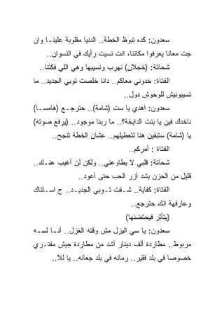 ‫ﺴﻌﺩﻭﻥ: ﻜﺩﻩ ﺘﺒﻭﻅ ﺍﻟﺨﻁﺔ.. ﺍﻟﺩﻨﻴﺎ ﻤﻘﻠﻭﺒﺔ ﻋﻠﻴﻨـﺎ ﻭﺍﻥ‬
    ‫ﺠﺕ ﻤﻌﺎﻨﺎ ﻴﻌﺭﻓﻭﺍ ﻤﻜﺎﻨﻨﺎ، ﺍﻨﺕ ﻨﺴﻴﺕ ﺭﺃﻴﻙ ﻓﻲ ﺍﻟﻨﺴﻭﺍﻥ..‬
  ‫ﺸﺤﺎﺘﺔ: )ﺨﺠﻼﻥ( ﻨﻬﺭﺏ ﻭﻨﺴﻴﺒﻬﺎ ﻭﻫﻲ ﺍﻟﻠﻲ ﻓﻜﺘﻨﺎ..‬
‫ﺍﻟﻔﺘﺎﺓ: ﺨﺩﻭﻨﻲ ﻤﻌﺎﻜﻡ.. ﺩﺍﻨﺎ ﺨﻠﺼﺕ ﺘﻭﺒﻲ ﺍﻟﺠﺩﻴﺩ.. ﻤﺎ‬
                               ‫ﺘﺴﻴﺒﻭﻨﻴﺵ ﻟﻠﻭﺤﻭﺵ ﺩﻭل..‬
‫ﺴﻌﺩﻭﻥ: ﺍﻫﺩﻱ ﻴﺎ ﺴﺕ )ﺸﺎﻤﺔ(.. ﺤﺘﺭﺠـﻊ )ﻫﺎﻤﺴـﺎ(‬
‫ﻨﺎﺨﺩﻙ ﻓﻴﻥ ﻴﺎ ﺒﻨﺕ ﺍﻟﺩﺍﻴﺨﺔ؟.. ﻤﺎ ﺭﺒﻨﺎ ﻤﻭﺠﻭﺩ.. )ﻴﺭﻓﻊ ﺼﻭﺘﻪ(‬
      ‫ﻴﺎ )ﺸﺎﻤﺔ( ﺴﺘﺒﻘﻴﻥ ﻫﻨﺎ ﻟﺘﻌﻁﻴﻠﻬﻡ.. ﻋﺸﺎﻥ ﺍﻟﺨﻁﺔ ﺘﻨﺠﺢ..‬
                                 ‫ﺍﻟﻔﺘﺎﺓ : ﺃﻤﺭﻜﻡ..‬
‫ﺸﺤﺎﺘﺔ: ﻗﻠﺒﻲ ﻻ ﻴﻁﺎﻭﻋﻨﻲ.. ﻭﻟﻜﻥ ﻟﻥ ﺃﻏﻴﺏ ﻋﻨـﻙ..‬
               ‫ﻗﻠﻴل ﻤﻥ ﺍﻟﺤﺯﻥ ﻴﺸﺩ ﺃﺯﺭ ﺍﻟﺤﺏ ﺤﺘﻰ ﺃﻋﻭﺩ..‬
‫ﺍﻟﻔﺘﺎﺓ: ﻜﻔﺎﻴﺔ.. ﺸـﻔﺕ ﺘـﻭﺒﻲ ﺍﻟﺠﺩﻴـﺩ.. ﺡ ﺍﺴـﺘﻨﺎﻙ‬
                                  ‫ﻭﻋﺎﺭﻓﻬﺔ ﺍﻨﻙ ﺤﺘﺭﺠﻊ..‬
                                ‫)ﻴﺘﺄﺜﺭ ﻓﻴﺤﺘﻀﻨﻬﺎ(‬
‫ﺴﻌﺩﻭﻥ: ﻴﺎ ﺴﻲ ﺍﻟﻴﺯل ﻤﺵ ﻭﻗﺘﻪ ﺍﻟﻐﺯل.. ﺃﻨـﺎ ﻟﺴـﻪ‬
‫ﻤﺭﺒﻭﻁ.. ﻤﻁﺎﺭﺩﺓ ﺃﻟﻑ ﺩﻴﻨﺎﺭ ﺃﺸﺩ ﻤﻥ ﻤﻁﺎﺭﺩﺓ ﺠﻴﺵ ﻤﻔﺘـﺭﻱ‬
      ‫ﺨﺼﻭﺼﺎ ﻓﻲ ﺒﻠﺩ ﻓﻘﻴﺭ.. ﺭﻤﺎﻨﻪ ﻓﻲ ﺒﻠﺩ ﺠﻌﺎﻨﻪ.. ﻴﺎ ﻟﻼ..‬
 