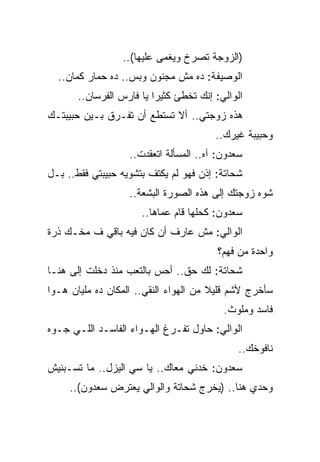 ‫)ﺍﻟﺯﻭﺠﺔ ﺘﺼﺭﺥ ﻭﻴﻐﻤﻰ ﻋﻠﻴﻬﺎ(..‬
  ‫ﺍﻟﻭﺼﻴﻔﺔ: ﺩﻩ ﻤﺵ ﻤﺠﻨﻭﻥ ﻭﺒﺱ.. ﺩﻩ ﺤﻤﺎﺭ ﻜﻤﺎﻥ..‬
       ‫ﺍﻟﻭﺍﻟﻲ: ﺇﻨﻙ ﺘﺨﻁﺊ ﻜﺜﻴﺭﺍ ﻴﺎ ﻓﺎﺭﺱ ﺍﻟﻔﺭﺴﺎﻥ..‬
‫ﻫﺫﻩ ﺯﻭﺠﺘﻲ.. ﺃﻻ ﺘﺴﺘﻁﻊ ﺃﻥ ﺘﻔـﺭﻕ ﺒـﻴﻥ ﺤﺒﻴﺒﺘـﻙ‬
                                        ‫ﻭﺤﺒﻴﺒﺔ ﻏﻴﺭﻙ..‬
                   ‫ﺴﻌﺩﻭﻥ: ﺁﻩ.. ﺍﻟﻤﺴﺄﻟﺔ ﺍﺘﻌﻘﺩﺕ..‬
‫ﺸﺤﺎﺘﺔ: ﺇﺫﻥ ﻓﻬﻭ ﻟﻡ ﻴﻜﺘﻑ ﺒﺘﺸﻭﻴﻪ ﺤﺒﻴﺒﺘﻲ ﻓﻘﻁ.. ﺒـل‬
                   ‫ﺸﻭﻩ ﺯﻭﺠﺘﻙ ﺇﻟﻰ ﻫﺫﻩ ﺍﻟﺼﻭﺭﺓ ﺍﻟﺒﺸﻌﺔ..‬
                      ‫ﺴﻌﺩﻭﻥ: ﻜﺤﻠﻬﺎ ﻗﺎﻡ ﻋﻤﺎﻫﺎ..‬
‫ﺍﻟﻭﺍﻟﻲ: ﻤﺵ ﻋﺎﺭﻑ ﺃﻥ ﻜﺎﻥ ﻓﻴﻪ ﺒﺎﻗﻲ ﻑ ﻤﺨـﻙ ﺫﺭﺓ‬
                                        ‫ﻭﺍﺤﺩﺓ ﻤﻥ ﻓﻬﻡ؟‬
‫ﺸﺤﺎﺘﺔ: ﻟﻙ ﺤﻕ.. ﺃﺤﺱ ﺒﺎﻟﺘﻌﺏ ﻤﻨﺫ ﺩﺨﻠﺕ ﺇﻟﻰ ﻫﻨـﺎ‬
‫ﺴﺄﺨﺭﺝ ﻷﺸﻡ ﻗﻠﻴﻼ ﻤﻥ ﺍﻟﻬﻭﺍﺀ ﺍﻟﻨﻘﻲ.. ﺍﻟﻤﻜﺎﻥ ﺩﻩ ﻤﻠﻴﺎﻥ ﻫـﻭﺍ‬
                                          ‫ﻓﺎﺴﺩ ﻭﻤﻠﻭﺙ.‬
‫ﺍﻟﻭﺍﻟﻲ: ﺤﺎﻭل ﺘﻔـﺭﻍ ﺍﻟﻬـﻭﺍﺀ ﺍﻟﻔﺎﺴـﺩ ﺍﻟﻠـﻲ ﺠـﻭﻩ‬
                                             ‫ﻨﺎﻓﻭﺨﻙ..‬
‫ﺴﻌﺩﻭﻥ: ﺨﺩﻨﻲ ﻤﻌﺎﻙ.. ﻴﺎ ﺴﻲ ﺍﻟﻴﺯل.. ﻤﺎ ﺘﺴـﺒﻨﻴﺵ‬
     ‫ﻭﺤﺩﻱ ﻫﻨﺎ.. )ﻴﺨﺭﺝ ﺸﺤﺎﺘﺔ ﻭﺍﻟﻭﺍﻟﻲ ﻴﻌﺘﺭﺽ ﺴﻌﺩﻭﻥ(..‬
 