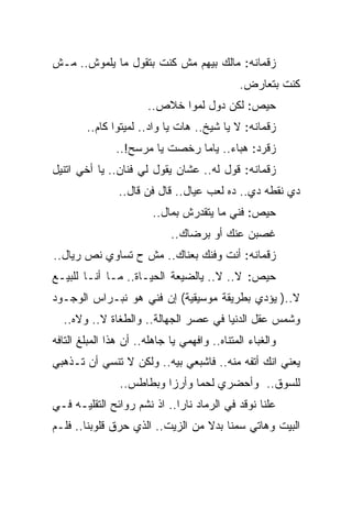 ‫ﺯﻗﻤﺎﻨﻪ: ﻤﺎﻟﻙ ﺒﻴﻬﻡ ﻤﺵ ﻜﻨﺕ ﺒﺘﻘﻭل ﻤﺎ ﻴﻠﻤﻭﺵ.. ﻤـﺵ‬
                                              ‫ﻜﻨﺕ ﺒﺘﻌﺎﺭﺽ.‬
                       ‫ﺤﻴﺹ: ﻟﻜﻥ ﺩﻭل ﻟﻤﻭﺍ ﺨﻼﺹ..‬
        ‫ﺯﻗﻤﺎﻨﻪ: ﻻ ﻴﺎ ﺸﻴﺦ.. ﻫﺎﺕ ﻴﺎ ﻭﺍﺩ.. ﻟﻤﻴﺘﻭﺍ ﻜﺎﻡ..‬
               ‫ﺯﻗﺭﺩ: ﻫﺒﺎﺀ.. ﻴﺎﻤﺎ ﺭﺨﺼﺕ ﻴﺎ ﻤﺭﺴﺢ!..‬
‫ﺯﻗﻤﺎﻨﻪ: ﻗﻭل ﻟﻪ.. ﻋﺸﺎﻥ ﻴﻘﻭل ﻟﻲ ﻓﻨﺎﻥ.. ﻴﺎ ﺃﺨﻲ ﺍﺘﻨﻴل‬
                ‫ﺩﻱ ﻨﻘﻁﻪ ﺩﻱ.. ﺩﻩ ﻟﻌﺏ ﻋﻴﺎل.. ﻗﺎل ﻓﻥ ﻗﺎل..‬
                         ‫ﺤﻴﺹ: ﻓﻨﻲ ﻤﺎ ﻴﺘﻘﺩﺭﺵ ﺒﻤﺎل..‬
                             ‫ﻏﺼﺒﻥ ﻋﻨﻙ ﺃﻭ ﺒﺭﻀﺎﻙ..‬
‫ﺯﻗﻤﺎﻨﻪ: ﺃﻨﺕ ﻭﻓﻨﻙ ﺒﻌﻨﺎﻙ.. ﻤﺵ ﺡ ﺘﺴﺎﻭﻱ ﻨﺹ ﺭﻴﺎل..‬
‫ﺤﻴﺹ: ﻻ.. ﻻ.. ﻴﺎﻟﻀﻴﻌﺔ ﺍﻟﺤﻴـﺎﺓ.. ﻤـﺎ ﺃﻨـﺎ ﻟﻠﺒﻴـﻊ‬
‫ﻻ..) ﻴﺅﺩﻱ ﺒﻁﺭﻴﻘﺔ ﻤﻭﺴﻴﻘﻴﺔ( ﺇﻥ ﻓﻨﻲ ﻫﻭ ﻨﺒـﺭﺍﺱ ﺍﻟﻭﺠـﻭﺩ‬
  ‫ﻭﺸﻤﺱ ﻋﻘل ﺍﻟﺩﻨﻴﺎ ﻓﻲ ﻋﺼﺭ ﺍﻟﺠﻬﺎﻟﺔ.. ﻭﺍﻟﻁﻐﺎﺓ ﻻ.. ﻭﻻﻩ..‬
‫ﻭﺍﻟﻐﺒﺎﺀ ﺍﻟﻤﺘﻨﺎﻩ.. ﻭﺍﻓﻬﻤﻲ ﻴﺎ ﺠﺎﻫﻠﻪ.. ﺃﻥ ﻫﺫﺍ ﺍﻟﻤﺒﻠﻎ ﺍﻟﺘﺎﻓﻪ‬
‫ﻴﻌﻨﻲ ﺍﻨﻙ ﺃﺘﻔﻪ ﻤﻨﻪ.. ﻓﺎﺸﺒﻌﻲ ﺒﻴﻪ.. ﻭﻟﻜﻥ ﻻ ﺘﻨﺴﻲ ﺃﻥ ﺘـﺫﻫﺒﻲ‬
                ‫ﻟﻠﺴﻭﻕ.. ﻭﺃﺤﻀﺭﻱ ﻟﺤﻤﺎ ﻭﺃﺭﺯﺍ ﻭﺒﻁﺎﻁﺱ..‬
‫ﻋﻠﻨﺎ ﻨﻭﻗﺩ ﻓﻲ ﺍﻟﺭﻤﺎﺩ ﻨﺎﺭﺍ.. ﺍﺫ ﻨﺸﻡ ﺭﻭﺍﺌﺢ ﺍﻟﺘﻘﻠﻴـﻪ ﻓـﻲ‬
‫ﺍﻟﺒﻴﺕ ﻭﻫﺎﺘﻲ ﺴﻤﻨﺎ ﺒﺩﻻ ﻤﻥ ﺍﻟﺯﻴﺕ.. ﺍﻟﺫﻱ ﺤﺭﻕ ﻗﻠﻭﺒﻨﺎ.. ﻓﻠـﻡ‬
 