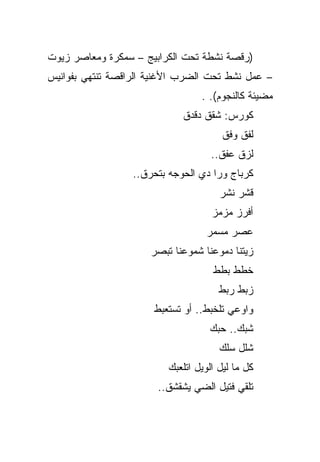 ‫)ﺭﻗﺼﺔ ﻨﺸﻁﺔ ﺘﺤﺕ ﺍﻟﻜﺭﺍﺒﻴﺞ – ﺴﻤﻜﺭﺓ ﻭﻤﻌﺎﺼﺭ ﺯﻴﻭﺕ‬
‫– ﻋﻤل ﻨﺸﻁ ﺘﺤﺕ ﺍﻟﻀﺭﺏ ﺍﻷﻏﻨﻴﺔ ﺍﻟﺭﺍﻗﺼﺔ ﺘﻨﺘﻬﻲ ﺒﻔﻭﺍﻨﻴﺱ‬
                                  ‫ﻤﻀﻴﺌﺔ ﻜﺎﻟﻨﺠﻭﻡ(. .‬
                             ‫ﻜﻭﺭﺱ: ﺸﻘﻕ ﺩﻗﺩﻕ‬
                                       ‫ﻟﻔﻕ ﻭﻓﻕ‬
                                     ‫ﻟﺯﻕ ﻋﻔﻕ..‬
                  ‫ﻜﺭﺒﺎﺝ ﻭﺭﺍ ﺩﻱ ﺍﻟﺤﻭﺠﻪ ﺒﺘﺤﺭﻕ..‬
                                       ‫ﻗﺸﺭ ﻨﺸﺭ‬
                                     ‫ﺃﻓﺭﺯ ﻤﺯﻤﺯ‬
                                   ‫ﻋﺼﺭ ﻤﺴﻤﺭ‬
                      ‫ﺯﻴﺘﻨﺎ ﺩﻤﻭﻋﻨﺎ ﺸﻤﻭﻋﻨﺎ ﺘﺒﺼﺭ‬
                                     ‫ﺨﻁﻁ ﺒﻁﻁ‬
                                       ‫ﺯﺒﻁ ﺭﺒﻁ‬
                      ‫ﻭﺍﻭﻋﻲ ﺘﻠﺨﺒﻁ.. ﺃﻭ ﺘﺴﺘﻌﺒﻁ‬
                                    ‫ﺸﺒﻙ.. ﺤﺒﻙ‬
                                       ‫ﺸﻠل ﺴﻠﻙ‬
                          ‫ﻜل ﻤﺎ ﻟﻴل ﺍﻟﻭﻴل ﺍﺘﻠﻌﺒﻙ‬
                       ‫ﺘﻠﻘﻲ ﻓﺘﻴل ﺍﻟﻀﻲ ﻴﺸﻘﺸﻕ..‬
 