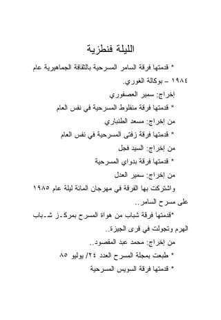 ‫ﺍﻟﻠﻴﻠﺔ ﻓﻨﻁﺯﻴﺔ‬
‫* ﻗﺩﻤﺘﻬﺎ ﻓﺭﻗﺔ ﺍﻟﺴﺎﻤﺭ ﺍﻟﻤﺴﺭﺤﻴﺔ ﺒﺎﻟﺜﻘﺎﻓﺔ ﺍﻟﺠﻤﺎﻫﻴﺭﻴﺔ ﻋﺎﻡ‬
                                 ‫٤٨٩١ – ﺒﻭﻜﺎﻟﺔ ﺍﻟﻐﻭﺭﻱ.‬
                            ‫ﺇﺨﺭﺍﺝ: ﺴﻤﻴﺭ ﺍﻟﻌﺼﻔﻭﺭﻱ‬
        ‫* ﻗﺩﻤﺘﻬﺎ ﻓﺭﻗﺔ ﻤﻨﻔﻠﻭﻁ ﺍﻟﻤﺴﺭﺤﻴﺔ ﻓﻲ ﻨﻔﺱ ﺍﻟﻌﺎﻡ‬
                          ‫ﻤﻥ ﺇﺨﺭﺍﺝ: ﻤﺴﻌﺩ ﺍﻟﻁﻨﺒﺎﺭﻱ‬
          ‫* ﻗﺩﻤﺘﻬﺎ ﻓﺭﻗﺔ ﺯﻓﺘﻰ ﺍﻟﻤﺴﺭﺤﻴﺔ ﻓﻲ ﻨﻔﺱ ﺍﻟﻌﺎﻡ‬
                               ‫ﻤﻥ ﺇﺨﺭﺍﺝ: ﺍﻟﺴﻴﺩ ﻓﺠل‬
                       ‫* ﻗﺩﻤﺘﻬﺎ ﻓﺭﻗﺔ ﺒﺩﻭﺍﻱ ﺍﻟﻤﺴﺭﺤﻴﺔ‬
                              ‫ﻤﻥ ﺇﺨﺭﺍﺝ: ﺴﻤﻴﺭ ﺍﻟﻌﺩل‬
‫ﻭﺍﺸﺘﺭﻜﺕ ﺒﻬﺎ ﺍﻟﻔﺭﻗﺔ ﻓﻲ ﻤﻬﺭﺠﺎﻥ ﺍﻟﻤﺎﺌﺔ ﻟﻴﻠﺔ ﻋﺎﻡ ٥٨٩١‬
                                      ‫ﻋﻠﻰ ﻤﺴﺭﺡ ﺍﻟﺴﺎﻤﺭ..‬
‫*ﻗﺩﻤﺘﻬﺎ ﻓﺭﻗﺔ ﺸﺒﺎﺏ ﻤﻥ ﻫﻭﺍﺓ ﺍﻟﻤﺴﺭﺡ ﺒﻤﺭﻜـﺯ ﺸـﺒﺎﺏ‬
                          ‫ﺍﻟﻬﺭﻡ ﻭﺘﺠﻭﻟﺕ ﻓﻲ ﻗﺭﻯ ﺍﻟﺠﻴﺯﺓ..‬
                     ‫ﻤﻥ ﺇﺨﺭﺍﺝ: ﻤﺤﻤﺩ ﻋﺒﺩ ﺍﻟﻤﻘﺼﻭﺩ..‬
         ‫* ﻁﺒﻌﺕ ﺒﻤﺠﻠﺔ ﺍﻟﻤﺴﺭﺡ ﺍﻟﻌﺩﺩ ٤٢/ ﻴﻭﻟﻴﻭ ٥٨‬
                     ‫* ﻗﺩﻤﺘﻬﺎ ﻓﺭﻗﺔ ﺍﻟﺴﻭﻴﺱ ﺍﻟﻤﺴﺭﺤﻴﺔ‬
 