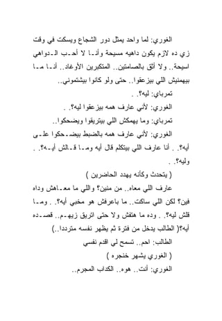 ‫ﺍﻟﻐﻭﺭﻱ: ﻟﻤﺎ ﻭﺍﺤﺩ ﻴﻤﺜل ﺩﻭﺭ ﺍﻟﺸﺠﺎﻉ ﻭﻴﺴﻜﺕ ﻓﻲ ﻭﻗﺕ‬
‫ﺯﻱ ﺩﻩ ﻻﺯﻡ ﻴﻜﻭﻥ ﺩﺍﻫﻴﻪ ﻤﺴﻴﺤﺔ ﻭﺃﻨـﺎ ﻻ ﺃﺤـﺏ ﺍﻟـﺩﻭﺍﻫﻲ‬
‫ﺍﺴﻴﺤﺔ.. ﻭﻻ ﺃﺜﻕ ﺒﺎﻟﺼﺎﻤﺘﻴﻥ.. ﺍﻟﻤﺘﻜﺒﺭﻴﻥ ﺍﻷﻭﻏﺎﺩ.. ﺃﻨـﺎ ﻤـﺎ‬
                                                    ‫‪‬‬
        ‫ﺒﻴﻬﻤﻨﻴﺵ ﺍﻟﻠﻲ ﺒﻴﺯﻋﻘﻭﺍ.. ﺤﺘﻰ ﻭﻟﻭ ﻜﺎﻨﻭﺍ ﺒﻴﺸﺘﻤﻭﻨﻲ..‬
                                   ‫ﺘﻤﺭﺒﺎﻱ: ﻟﻴﻪ؟. .‬
          ‫ﺍﻟﻐﻭﺭﻱ: ﻷﻨﻲ ﻋﺎﺭﻑ ﻫﻤﻪ ﺒﻴﺯﻋﻘﻭﺍ ﻟﻴﻪ؟. .‬
      ‫ﺘﻤﺭﺒﺎﻱ: ﻭﻤﺎ ﻴﻬﻤﻜﺵ ﺍﻟﻠﻲ ﺒﻴﺘﺭﻴﻘﻭﺍ ﻭﻴﻀﺤﻜﻭﺍ..‬
‫ﺍﻟﻐﻭﺭﻱ: ﻷﻨﻲ ﻋﺎﺭﻑ ﻫﻤﻪ ﺒﺎﻟﻀﺒﻁ ﺒﻴﻀـﺤﻜﻭﺍ ﻋﻠـﻰ‬
‫ﺃﻴﻪ؟. . ﺃﻨﺎ ﻋﺎﺭﻑ ﺍﻟﻠﻲ ﺒﻴﺘﻜﻠﻡ ﻗﺎل ﺃﻴﻪ ﻭﻤـﺎ ﻗـﺎﻟﺵ ﺃﻴـﻪ؟. .‬
                                                ‫ﻭﻟﻴﻪ؟. .‬
                  ‫) ﻴﺘﺤﺩﺙ ﻭﻜﺄﻨﻪ ﻴﻬﺩﺩ ﺍﻟﺤﺎﻀﺭﻴﻥ (‬
‫ﻋﺎﺭﻑ ﺍﻟﻠﻲ ﻤﻌﺎﻩ.. ﻤﻥ ﻤﻨﻴﻥ؟ ﻭﺍﻟﻠﻲ ﻤﺎ ﻤﻌـﺎﻫﺵ ﻭﺩﺍﻩ‬
‫ﻓﻴﻥ؟ ﻟﻜﻥ ﺍﻟﻠﻲ ﺴﺎﻜﺕ.. ﻤﺎ ﺒﺎﻋﺭﻓﺵ ﻫﻭ ﻤﺨﺒﻲ ﺃﻴﻪ؟. . ﻭﻤـﺎ‬
‫ﻗﻠﺵ ﻟﻴﻪ؟. . ﻭﺩﻩ ﻤﺎ ﻫﺘﻔﺵ ﻭﻻ ﺤﺘﻰ ﺍﺘﺭﻴﻕ ﺯﻴﻬـﻡ.. ﻗﺼـﺩﻩ‬
      ‫ﺃﻴﻪ؟) ﺍﻟﻁﺎﻟﺏ ﻴﺩﺨل ﻤﻥ ﻓﺘﺭﺓ ﺜﻡ ﻴﻅﻬﺭ ﻨﻔﺴﻪ ﻤﺘﺭﺩﺩﺍ..(‬
                 ‫ﺍﻟﻁﺎﻟﺏ: ﺍﺤﻡ.. ﺘﺴﻤﺢ ﻟﻲ ﺍﻗﺩﻡ ﻨﻔﺴﻲ‬
                       ‫‪‬‬
                          ‫) ﺍﻟﻐﻭﺭﻱ ﻴﺸﻬﺭ ﺨﻨﺠﺭﻩ (‬
             ‫ﺍﻟﻐﻭﺭﻱ: ﺃﻨﺕ.. ﻫﻭﻩ.. ﺍﻟﻜﺩﺍﺏ ﺍﻟﻤﺠﺭﻡ..‬
 