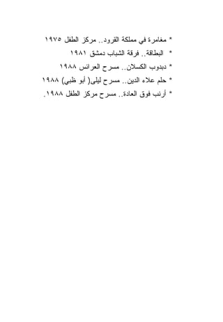 ‫* ﻤﻐﺎﻤﺭﺓ ﻓﻲ ﻤﻤﻠﻜﺔ ﺍﻟﻘﺭﻭﺩ.. ﻤﺭﻜﺯ ﺍﻟﻁﻔل ٥٧٩١‬
         ‫* ﺍﻟﺒﻁﺎﻗﺔ.. ﻓﺭﻗﺔ ﺍﻟﺸﺒﺎﺏ ﺩﻤﺸﻕ ١٨٩١‬
     ‫* ﺩﺒﺩﻭﺏ ﺍﻟﻜﺴﻼﻥ.. ﻤﺴﺭﺡ ﺍﻟﻌﺭﺍﺌﺱ ٨٨٩١‬
‫* ﺤﻠﻡ ﻋﻼﺀ ﺍﻟﺩﻴﻥ.. ﻤﺴﺭﺡ ﻟﻴﻠﻰ) ﺃﺒﻭ ﻅﺒﻲ( ٨٨٩١‬
‫* ﺃﺭﻨﺏ ﻓﻭﻕ ﺍﻟﻌﺎﺩﺓ.. ﻤﺴﺭﺡ ﻤﺭﻜﺯ ﺍﻟﻁﻔل ٨٨٩١.‬
 