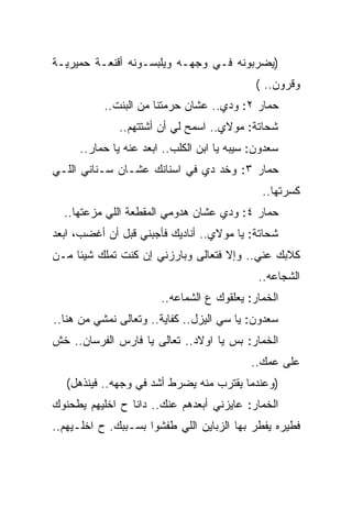 ‫)ﻴﻀﺭﺒﻭﻨﻪ ﻓـﻲ ﻭﺠﻬـﻪ ﻭﻴﻠﺒﺴـﻭﻨﻪ ﺃﻗﻨﻌـﺔ ﺤﻤﻴﺭﻴـﺔ‬
                                            ‫ﻭﻗﺭﻭﻥ.. (‬
           ‫ﺤﻤﺎﺭ ٢: ﻭﺩﻱ.. ﻋﺸﺎﻥ ﺤﺭﻤﺘﻨﺎ ﻤﻥ ﺍﻟﺒﻨﺕ..‬
              ‫ﺸﺤﺎﺘﺔ: ﻤﻭﻻﻱ.. ﺍﺴﻤﺢ ﻟﻲ ﺃﻥ ﺃﺸﺘﺘﻬﻡ..‬
     ‫ﺴﻌﺩﻭﻥ: ﺴﻴﺒﻪ ﻴﺎ ﺍﺒﻥ ﺍﻟﻜﻠﺏ.. ﺍﺒﻌﺩ ﻋﻨﻪ ﻴﺎ ﺤﻤﺎﺭ..‬
‫ﺤﻤﺎﺭ ٣: ﻭﺨﺩ ﺩﻱ ﻓﻲ ﺍﺴﻨﺎﻨﻙ ﻋﺸـﺎﻥ ﺴـﻨﺎﻨﻲ ﺍﻟﻠـﻲ‬
                                              ‫ﻜﺴﺭﺘﻬﺎ..‬
  ‫ﺤﻤﺎﺭ ٤: ﻭﺩﻱ ﻋﺸﺎﻥ ﻫﺩﻭﻤﻲ ﺍﻟﻤﻘﻁﻌﺔ ﺍﻟﻠﻲ ﻤﺯﻋﺘﻬﺎ..‬
‫ﺸﺤﺎﺘﺔ: ﻴﺎ ﻤﻭﻻﻱ.. ﺃﻨﺎﺩﻴﻙ ﻓﺄﺠﺒﻨﻲ ﻗﺒل ﺃﻥ ﺃﻏﻀﺏ، ﺍﺒﻌﺩ‬
‫ﻜﻼﺒﻙ ﻋﻨﻲ.. ﻭﺇﻻ ﻓﺘﻌﺎﻟﻰ ﻭﺒﺎﺭﺯﻨﻲ ﺇﻥ ﻜﻨﺕ ﺘﻤﻠﻙ ﺸﻴﺌﺎ ﻤـﻥ‬
                                             ‫ﺍﻟﺸﺠﺎﻋﻪ..‬
                       ‫ﺍﻟﺨﻤﺎﺭ: ﻴﻌﻠﻘﻭﻙ ﻉ ﺍﻟﺸﻤﺎﻋﻪ..‬
‫ﺴﻌﺩﻭﻥ: ﻴﺎ ﺴﻲ ﺍﻟﻴﺯل.. ﻜﻔﺎﻴﺔ.. ﻭﺘﻌﺎﻟﻰ ﻨﻤﺸﻲ ﻤﻥ ﻫﻨﺎ..‬
‫ﺍﻟﺨﻤﺎﺭ: ﺒﺱ ﻴﺎ ﺍﻭﻻﺩ.. ﺘﻌﺎﻟﻰ ﻴﺎ ﻓﺎﺭﺱ ﺍﻟﻔﺭﺴﺎﻥ.. ﺨﺵ‬
                                           ‫ﻋﻠﻰ ﻋﻤﻙ..‬
   ‫)ﻭﻋﻨﺩﻤﺎ ﻴﻘﺘﺭﺏ ﻤﻨﻪ ﻴﻀﺭﻁ ﺃﺸﺩ ﻓﻲ ﻭﺠﻬﻪ.. ﻓﻴﻨﺫﻫل(‬
‫ﺍﻟﺨﻤﺎﺭ: ﻋﺎﻴﺯﻨﻲ ﺃﺒﻌﺩﻫﻡ ﻋﻨﻙ.. ﺩﺍﻨﺎ ﺡ ﺍﺨﻠﻴﻬﻡ ﻴﻁﺤﻨﻭﻙ‬
‫ﻓﻁﻴﺭﻩ ﻴﻔﻁﺭ ﺒﻬﺎ ﺍﻟﺯﺒﺎﻴﻥ ﺍﻟﻠﻲ ﻁﻔﺸﻭﺍ ﺒﺴـﺒﺒﻙ. ﺡ ﺍﺨﻠـﻴﻬﻡ..‬
 