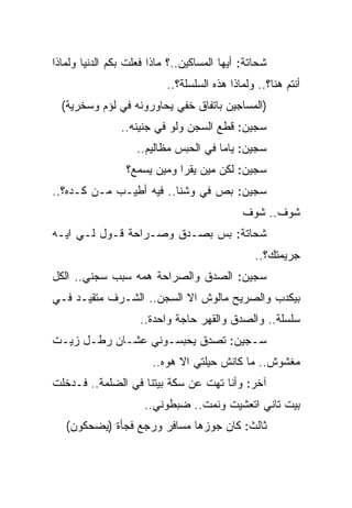 ‫ﺸﺤﺎﺘﺔ: ﺃﻴﻬﺎ ﺍﻟﻤﺴﺎﻜﻴﻥ..؟ ﻤﺎﺫﺍ ﻓﻌﻠﺕ ﺒﻜﻡ ﺍﻟﺩﻨﻴﺎ ﻭﻟﻤﺎﺫﺍ‬
                           ‫ﺃﻨﺘﻡ ﻫﻨﺎ؟.. ﻭﻟﻤﺎﺫﺍ ﻫﺫﻩ ﺍﻟﺴﻠﺴﻠﺔ؟..‬
  ‫)ﺍﻟﻤﺴﺎﺠﻴﻥ ﺒﺎﺘﻔﺎﻕ ﺨﻔﻲ ﻴﺤﺎﻭﺭﻭﻨﻪ ﻓﻲ ﻟﺅﻡ ﻭﺴﺨﺭﻴﺔ(‬
                ‫ﺴﺠﻴﻥ: ﻗﻁﻊ ﺍﻟﺴﺠﻥ ﻭﻟﻭ ﻓﻲ ﺠﻨﻴﻨﻪ..‬
                    ‫ﺴﺠﻴﻥ: ﻴﺎﻤﺎ ﻓﻲ ﺍﻟﺤﺒﺱ ﻤﻅﺎﻟﻴﻡ..‬
                 ‫ﺴﺠﻴﻥ: ﻟﻜﻥ ﻤﻴﻥ ﻴﻘﺭﺍ ﻭﻤﻴﻥ ﻴﺴﻤﻊ؟‬
‫ﺴﺠﻴﻥ: ﺒﺹ ﻓﻲ ﻭﺸﻨﺎ.. ﻓﻴﻪ ﺃﻁﻴـﺏ ﻤـﻥ ﻜـﺩﻩ؟..‬
                                             ‫ﺸﻭﻑ.. ﺸﻭﻑ‬
‫ﺸﺤﺎﺘﺔ: ﺒﺱ ﺒﺼـﺩﻕ ﻭﺼـﺭﺍﺤﺔ ﻗـﻭل ﻟـﻲ ﺍﻴـﻪ‬
                                                ‫ﺠﺭﻴﻤﺘﻙ؟..‬
‫ﺴﺠﻴﻥ: ﺍﻟﺼﺩﻕ ﻭﺍﻟﺼﺭﺍﺤﺔ ﻫﻤﻪ ﺴﺒﺏ ﺴﺠﻨﻲ.. ﺍﻟﻜل‬
‫ﺒﻴﻜﺩﺏ ﻭﺍﻟﺼﺭﻴﺢ ﻤﺎﻟﻭﺵ ﺍﻻ ﺍﻟﺴﺠﻥ.. ﺍﻟﺸـﺭﻑ ﻤﺘﻘﻴـﺩ ﻓـﻲ‬
                    ‫ﺴﻠﺴﻠﺔ.. ﻭﺍﻟﺼﺩﻕ ﻭﺍﻟﻘﻬﺭ ﺤﺎﺠﺔ ﻭﺍﺤﺩﺓ..‬
‫ﺴـﺠﻴﻥ: ﺘﺼﺩﻕ ﻴﺤﺒﺴـﻭﻨﻲ ﻋﺸـﺎﻥ ﺭﻁـل ﺯﻴـﺕ‬
                       ‫ﻤﻐﺸﻭﺵ.. ﻤﺎ ﻜﺎﻨﺵ ﺤﻴﻠﺘﻲ ﺍﻻ ﻫﻭﻩ..‬
‫ﺁﺨﺭ: ﻭﺃﻨﺎ ﺘﻬﺕ ﻋﻥ ﺴﻜﺔ ﺒﻴﺘﻨﺎ ﻓﻲ ﺍﻟﻀﻠﻤﺔ.. ﻓـﺩﺨﻠﺕ‬
                     ‫ﺒﻴﺕ ﺘﺎﻨﻲ ﺍﺘﻌﺸﻴﺕ ﻭﻨﻤﺕ.. ﻀﺒﻁﻭﻨﻲ..‬
   ‫ﺜﺎﻟﺙ: ﻜﺎﻥ ﺠﻭﺯﻫﺎ ﻤﺴﺎﻓﺭ ﻭﺭﺠﻊ ﻓﺠﺄﺓ )ﻴﻀﺤﻜﻭﻥ(‬
 