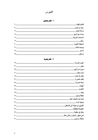‫ﺍﻟﻔﻬﺭﺱ‬

                                                          ‫١- ﻗﻬﺮ ﻭﺣﻨﲔ‬
‫ﻓﻨﺠﺎن ﻗﻬﻮة ........................................................................................................................... ٦‬
‫رﺟﻞ ﻣﻦ ﺟﺒﺲ........................................................................................................................ ٩‬
‫ﺳﺎﻋﺔ اﻟﻤﻨﺒﻪ ........................................................................................................................٢١‬
‫ﻣﻮﻋﺪ ﻣﻊ اﻟﺮﻳﺢ ....................................................................................................................٤١‬
‫اﻟﺴﺎﻋﺎت اﻟﺤﺮﺟﺔ...................................................................................................................٦١‬
‫رﺣﻴﻞ .................................................................................................................................٩١‬
‫اﻟﻤﺤﻄﺔ اﻷﺧﻴﺮة ....................................................................................................................٠٢‬
‫ﻳﻮﻣﻴﺎت آﺎﺗﺒﺔ .......................................................................................................................١٢‬
‫إﻻ هﻮ ................................................................................................................................٤٢‬
‫ﻳﺎ وﻃﻦ ...............................................................................................................................٥٢‬

                                                          ‫٢- ﻗﻬﺮ ﻭﻏﺮﺑﺔ‬
‫ﻋﻴﻮن ﻣﺼﺮﻳﺔ ......................................................................................................................٧٢‬
‫ﺣﻨﻴﻦ .................................................................................................................................١٣‬
‫ﺻﻮرة ﻣﻦ أﻟﺒﻮم ....................................................................................................................٥٣‬
‫ﻣﻨﺰل ﻣﻬﺪم ..........................................................................................................................١٤‬
‫وﻃﻦ ﺑﻼ ﺣﺪود ......................................................................................................................٥٤‬
‫ﺧﻠﻒ اﻟﺼﻮرة .......................................................................................................................١٥‬
‫دﻣﻌﺔ ﻣﺼﺮﻳﺔ .......................................................................................................................٤٥‬
‫اﻟﻬﺪﻳﺔ ................................................................................................................................٧٥‬
‫اﻻﻧﻜﺴﺎر .............................................................................................................................٤٦‬
‫ﺑﻴﺠﻪ ..................................................................................................................................٥٦‬
‫ﻟﺤﻈﺔ وﺻﻮل .......................................................................................................................٨٦‬
‫هﺪﻳﺔ ﺑﻌﺪ ﻣﻨﺘﺼﻒ اﻟﻠﻴﻞ ...........................................................................................................١٧‬
‫ﺻﻴﻨﻴﺔ ﻋﺰاء ........................................................................................................................٢٧‬
‫اﻟﻄﺮﻳﻖ ﻣﻦ ﻟﺒﻴﺸﺔ إﻟﻰ ﻓﻠﺴﻄﻴﻦ ..................................................................................................٤٧‬
‫اﻟﺨﻴﻮط اﻟﻤﺘﻘﻄﻌﺔ ...................................................................................................................٧٧‬
‫وﻃﻦ ﻓﻲ ﺣﻘﻴﺒﺔ .....................................................................................................................٨٧‬
‫أﺧﻲ ﺗﻤﻬﻞ.. ﻟﺘﺤﻤﻞ رﺳﺎﻟﺘﻲ ﻣﻌﻚ ................................................................................................٠٨‬
‫ﻣﺤﻄﺔ رﻣﺴﻴﺲ .....................................................................................................................١٨‬




‫٤‬
 