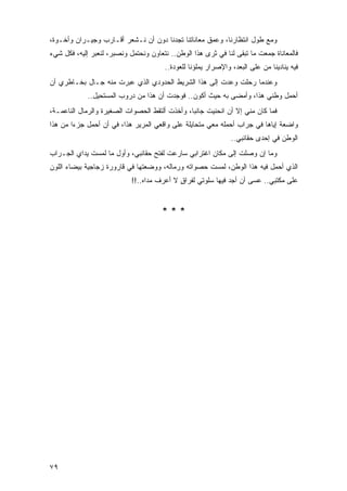 ‫ﻭﻤﻊ ﻁﻭل ﺍﻨﺘﻅﺎﺭﻨﺎ، ﻭﻋﻤﻕ ﻤﻌﺎﻨﺎﺘﻨﺎ ﺘﺠﺩﻨﺎ ﺩﻭﻥ ﺃﻥ ﻨـﺸﻌﺭ ﺃﻗـﺎﺭﺏ ﻭﺠﻴـﺭﺍﻥ ﻭﺃﺨـﻭﺓ،‬
‫ﻓﺎﻟﻤﻌﺎﻨﺎﺓ ﺠﻤﻌﺕ ﻤﺎ ﺘﺒﻘﻰ ﻟﻨﺎ ﻓﻲ ﺜﺭﻯ ﻫﺫﺍ ﺍﻟﻭﻁﻥ.. ﻨﺘﻌﺎﻭﻥ ﻭﻨﺤﺘﻤل ﻭﻨﺼﺒﺭ، ﻟﻨﻌﺒﺭ ﺇﻟﻴﻪ، ﻓﻜل ﺸﻲﺀ‬
                                       ‫ﻓﻴﻪ ﻴﻨﺎﺩﻴﻨﺎ ﻤﻥ ﻋﻠﻰ ﺍﻟﺒﻌﺩ، ﻭﺍﻹﺼﺭﺍﺭ ﻴﻤﻠﺅﻨﺎ ﻟﻠﻌﻭﺩﺓ..‬
‫ﻭﻋﻨﺩﻤﺎ ﺭﺤﻠﺕ ﻭﻋﺩﺕ ﺇﻟﻰ ﻫﺫﺍ ﺍﻟﺸﺭﻴﻁ ﺍﻟﺤﺩﻭﺩﻱ ﺍﻟﺫﻱ ﻋﺒﺭﺕ ﻤﻨﻪ ﺠـﺎل ﺒﺨـﺎﻁﺭﻱ ﺃﻥ‬
             ‫ﺃﺤﻤل ﻭﻁﻨﻲ ﻫﺫﺍ، ﻭﺃﻤﻀﻰ ﺒﻪ ﺤﻴﺙ ﺃﻜﻭﻥ.. ﻓﻭﺠﺩﺕ ﺃﻥ ﻫﺫﺍ ﻤﻥ ﺩﺭﻭﺏ ﺍﻟﻤﺴﺘﺤﻴل..‬
‫ﻓﻤﺎ ﻜﺎﻥ ﻤﻨﻲ ﺇﻻ ﺃﻥ ﺍﻨﺤﻨﻴﺕ ﺠﺎﻨ ‪‬ﺎ، ﻭﺃﺨﺫﺕ ﺃﻟﺘﻘﻁ ﺍﻟﺤﺼﻭﺍﺕ ﺍﻟﺼﻐﻴﺭﺓ ﻭﺍﻟﺭﻤﺎل ﺍﻟﻨﺎﻋﻤـﺔ،‬
                                                ‫ﺒ‬
‫ﻭﺍﻀﻌﺔ ﺇﻴﺎﻫﺎ ﻓﻲ ﺠﺭﺍﺏ ﺃﺤﻤﻠﻪ ﻤﻌﻲ ﻤﺘﺤﺎﻴﻠﺔ ﻋﻠﻰ ﻭﺍﻗﻌﻲ ﺍﻟﻤﺭﻴﺭ ﻫﺫﺍ، ﻓﻲ ﺃﻥ ﺃﺤﻤل ﺠﺯ ‪‬ﺍ ﻤﻥ ﻫﺫﺍ‬
        ‫ﺀ‬                                                                     ‫ﹰ‬
                                                               ‫ﺍﻟﻭﻁﻥ ﻓﻲ ﺇﺤﺩﻯ ﺤﻘﺎﺌﺒﻲ..‬
‫ﻭﻤﺎ ﺇﻥ ﻭﺼﻠﺕ ﺇﻟﻰ ﻤﻜﺎﻥ ﺍﻏﺘﺭﺍﺒﻲ ﺴﺎﺭﻋﺕ ﻟﻔﺘﺢ ﺤﻘﺎﺌﺒﻲ، ﻭﺃﻭل ﻤﺎ ﻟﻤﺴﺕ ﻴﺩﺍﻱ ﺍﻟﺠـﺭﺍﺏ‬
‫ﺍﻟﺫﻱ ﺃﺤﻤل ﻓﻴﻪ ﻫﺫﺍ ﺍﻟﻭﻁﻥ، ﻟﻤﺴﺕ ﺤﺼﻭﺍﺘﻪ ﻭﺭﻤﺎﻟﻪ، ﻭﻭﻀﻌﺘﻬﺎ ﻓﻲ ﻗﺎﺭﻭﺭﺓ ﺯﺠﺎﺠﻴﺔ ﺒﻴﻀﺎﺀ ﺍﻟﻠﻭﻥ‬
                            ‫ﻋﻠﻰ ﻤﻜﺘﺒﻲ.. ﻋﺴﻰ ﺃﻥ ﺃﺠﺩ ﻓﻴﻬﺎ ﺴﻠﻭﺘﻲ ﻟﻔﺭﺍﻕ ﻻ ﺃﻋﺭﻑ ﻤﺩﺍﻩ..!!‬
                                            ‫ٍ‬


                                      ‫***‬




‫٩٧‬
 