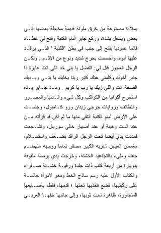 ‫ﺒﻤﻼﺀﺓ ﻤﺼﻨﻭﻋﺔ ﻤﻥ ﺨﺭﻕ ﻤﻠﻭﻨﺔ ﻗﺩﻴﻤﺔ ﻤﺨﻴﻁﺔ ﺒﻌﻀﻬﺎ ﺇﻟـﻰ‬
‫ﺒﻌﺽ ﻭﻴﺴﻌل ﺒﺸﺩﺓ، ﻭﺭﻜﻊ ﺠﺎﺒﺭ ﺃﻤﺎﻡ ﺍﻟﻜﻨﺒﺔ ﻭﻓﺘﺢ ﻟﻲ ﻏﻁـﺎﺀ‬
‫ﻗﺎﺌﻤﺎ ﻋﻤﻭﺩﻴﺎ ﻴﻔﺘﺢ ﺇﻟﻰ ﺠﻨﺏ ﻓﻲ ﺒﻁﻥ "ﺍﻟﻜﻨﺒﺔ " ﺍﻟﺘـﻲ ﻴﺭﻗـﺩ‬
                                        ‫‪ ‬‬       ‫‪‬‬
‫ﻋﻠﻴﻬﺎ ﺃﺒﻭﻩ، ﻭﺃﺤﺴﺴﺕ ﺒﺤﺭﺝ ﺸﺩﻴﺩ ﻭﻨﻭﻉ ﻤﻥ ﺍﻹﺜـﻡ . ﻭﻟﻜـﻥ‬
‫ﺍﻟﺭﺠل ﺍﻟﻌﺠﻭﺯ ﻗﺎل ﻟﻲ: ﺍﺘﻔﻀل ﻴﺎ ﺒﻨﻲ ﺨﺩ ﺍﻟﻠﻲ ﺍﻨﺕ ﻋﺎﻴﺯﺓ ﺩﺍ‬
‫ﺠﺎﺒﺭ ﺃﺨﻭﻙ ﻭﻜﻠﻤﻨﻲ ﻋﻨﻙ ﻜﺘﻴﺭ ﺭﺒﻨﺎ ﻴﺨﻠﻴﻙ ﻴﺎ ﺒﻨـﻲ ﻭﻴـﺩﻴﻙ‬
‫ﺍﻟﺼﺤﺔ ﺍﻨﺕ ﻭﺍﻟﻠﻲ ﺯﻴﻙ ﻴﺎ ﺭﺏ ﻴﺎ ﻜﺭﻴﻡ . ﻭﻤـﺩ ﺠـﺎﺒﺭ ﻴـﺩﻩ‬
‫ﺍﺴﺘﺨﺭﺝ ﺃﻜﻭﺍﻤﺎ ﻤﻥ ﺍﻟﻜﻭﺍﻜﺏ ﻭﻜل ﺸﻲﺀ ﻭﺍﻟـﺩﻨﻴﺎ ﻭﺍﻟﻤﺼـﻭﺭ‬
‫ﻭﺍﻟﻠﻁﺎﺌﻑ ﻭﺭﻭﺍﻴﺎﺕ ﺠﺭﺠﻲ ﺯﻴﺩﺍﻥ ﻭﺭﻭ ﻜـﺎﻤﺒﻭل، ﻭﺠﻠﺴـﺕ‬
‫ﻋﻠﻰ ﺍﻷﺭﺽ ﺃﻤﺎﻡ ﺍﻟﻜﻨﺒﺔ ﺃﻨﺘﻘﻲ ﻤﻨﻬﺎ ﻤﺎ ﻟﻡ ﺃﻜﻥ ﻗﺩ ﻗﺭﺃﺘﻪ ﻤـﻥ‬
‫ﻋﻨﺩ ﺍﻟﺴﺕ ﻭﻫﻴﺒﺔ ﺃﻭ ﻋﻨﺩ ﺃﺼﻬﺎﺭ ﺨﺎﻟﻲ ﺴﻭﺭﻴﺎل، ﻭﺘﺸـﺠﻌﺕ‬
‫ﻓﻤﺩﺩﺕ ﻴﺩﻱ ﺃﻴﻀﺎ ﺘﺤﺕ ﺍﻟﺭﺠل ﺍﻟﺭﺍﻗﺩ ﺒﻀـﻌﻑ ﻭﺍﺴﺘﺴـﻼﻡ،‬
                                  ‫‪‬‬
‫ﻤﻐﻤﺽ ﺍﻟﻌﻴﻨﻴﻥ ﺸﺎﺭﺒﻪ ﺍﻟﻜﺒﻴﺭ ﻤﺼﻔﺭ ﺘﻤﺎﻤﺎ ﻭﻭﺠﻬﻪ ﻤﺘﻬﻀـﻡ‬
              ‫‪‬‬
‫ﺠﺎﻑ ﻭﻤﻠﻲﺀ ﺒﺎﻟﺘﺠﺎﻋﻴﺩ ﺍﻟﺨﺸﻨﺔ، ﻭﺨﺭﺠﺕ ﻴﺩﻱ ﺒﺭﺼﺔ ﻤﻠﻔﻭﻓﺔ‬
‫ﺒﺩﻭﺒﺎﺭﺓ ﻤﻥ ﺃﺭﺒﻌﺔ ﻜﺘﺏ ﺫﺍﺕ ﺠﻠﺩﺓ ﻭﺭﻗﻴـﺔ ﺨﺸـﻨﺔ ﺼـﻔﺭﺍﺀ‬
‫ﻭﺍﻟﻜﺘﺎﺏ ﺍﻷﻭل ﻋﻠﻴﻪ ﺭﺴﻡ ﺴﺎﺫﺝ ﺍﻟﺨﻁ ﻭﻤﻐﻭ ﻻﻤﺭﺃﺓ ﺠﺎﻟﺴـﺔ‬
             ‫‪‬ﹾٍ‬
‫ﻋﻠﻰ ﺭﻜﺒﺘﻴﻬﺎ، ﺘﻀﻊ ﻓﺨﺫﻴﻬﺎ ﺘﺤﺘﻬﺎ ؛ ﻗﺩﻤﻬﺎ، ﻓﻘﻁ، ﺒﺄﺼـﺎﺒﻌﻬﺎ‬
‫ﺍﻟﻤﺘﺠﺎﻭﺭﺓ، ﻅﺎﻫﺭﺓ ﺘﺤﺕ ﺜﻭﺒﻬﺎ، ﻭﺇﻟﻰ ﺠﺎﻨﺒﻬﺎ ﺨﻔﻬـﺎ ﺍﻟﻌﺭﺒـﻲ‬
 