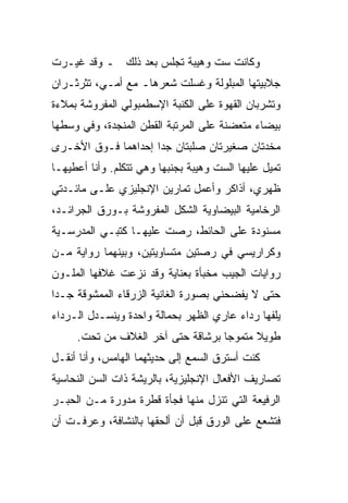 ‫ﻭﻜﺎﻨﺕ ﺴﺕ ﻭﻫﻴﺒﺔ ﺘﺠﻠﺱ ﺒﻌﺩ ﺫﻟﻙ ـ ﻭﻗﺩ ﻏ ‪‬ـﺭﺕ‬
   ‫ﻴ‬
‫ﺠﻼﺒﻴﺘﻬﺎ ﺍﻟﻤﺒﻠﻭﻟﺔ ﻭﻏﺴﻠﺕ ﺸﻌﺭﻫﺎـ ﻤﻊ ﺃﻤـﻲ، ﺘﺜﺭﺜـﺭﺍﻥ‬
‫ﻭﺘﺸﺭﺒﺎﻥ ﺍﻟﻘﻬﻭﺓ ﻋﻠﻰ ﺍﻟﻜﻨﺒﺔ ﺍﻹﺴﻁﻤﺒﻭﻟﻲ ﺍﻟﻤﻔﺭﻭﺸﺔ ﺒﻤﻼﺀﺓ‬
‫ﺒﻴﻀﺎﺀ ﻤﺘﻌ ‪‬ﻨﺔ ﻋﻠﻰ ﺍﻟﻤﺭﺘﺒﺔ ﺍﻟﻘﻁﻥ ﺍﻟﻤﻨﺠ ‪‬ﺓ، ﻭﻓﻲ ﻭﺴﻁﻬﺎ‬
            ‫ﺩ‬                           ‫ﻀ‬
‫ﻤﺨﺩﺘﺎﻥ ﺼﻐﻴﺭﺘﺎﻥ ﺼﻠﺒﺘﺎﻥ ﺠ ‪‬ﺍ ﺇﺤﺩﺍﻫﻤﺎ ﻓـﻭﻕ ﺍﻷﺨـﺭﻯ‬
                     ‫ﺩ‬
‫ﺘﻤﻴل ﻋﻠﻴﻬﺎ ﺍﻟﺴﺕ ﻭﻫﻴﺒﺔ ﺒﺠﻨﺒﻬﺎ ﻭﻫﻲ ﺘﺘﻜﻠﻡ. ﻭﺃﻨﺎ ﺃﻋﻁﻴﻬـﺎ‬
‫ﻅﻬﺭﻱ، ﺃﺫﺍﻜﺭ ﻭﺃﻋﻤل ﺘﻤﺎﺭﻴﻥ ﺍﻹﻨﺠﻠﻴﺯﻱ ﻋﻠـﻰ ﻤﺎﺌـﺩﺘﻲ‬
‫ﺍﻟﺭﺨﺎﻤﻴﺔ ﺍﻟﺒﻴﻀﺎﻭﻴﺔ ﺍﻟﺸﻜل ﺍﻟﻤﻔﺭﻭﺸﺔ ﺒـﻭﺭﻕ ﺍﻟﺠﺭﺍﺌـﺩ،‬
‫ﻤﺴﻨﻭﺩﺓ ﻋﻠﻰ ﺍﻟﺤﺎﺌﻁ، ﺭ ‪‬ﺕ ﻋﻠﻴﻬـﺎ ﻜﺘﺒـﻲ ﺍﻟﻤﺩﺭﺴـﻴﺔ‬
                        ‫‪‬ﺼ‬
‫ﻭﻜﺭﺍﺭﻴﺴﻲ ﻓﻲ ﺭ ‪‬ﺘﻴﻥ ﻤﺘﺴﺎﻭﻴﺘﻴﻥ، ﻭﺒﻴﻨﻬﻤﺎ ﺭﻭﺍﻴﺔ ﻤـﻥ‬
                                ‫ﺼ‬
‫ﺭﻭﺍﻴﺎﺕ ﺍﻟﺠﻴﺏ ﻤﺨﺒﺄﺓ ﺒﻌﻨﺎﻴﺔ ﻭﻗﺩ ﻨﺯﻋﺕ ﻏﻼﻓﻬﺎ ﺍﻟﻤﻠـﻭﻥ‬
‫ﺤﺘﻰ ﻻ ﻴﻔﻀﺤﻨﻲ ﺒﺼﻭﺭﺓ ﺍﻟﻐﺎﻨﻴﺔ ﺍﻟﺯﺭﻗﺎﺀ ﺍﻟﻤﻤﺸﻭﻗﺔ ﺠـ ‪‬ﺍ‬
 ‫ﺩ‬
‫ﻴﻠ ﹼﻬﺎ ﺭﺩﺍﺀ ﻋﺎﺭﻱ ﺍﻟﻅﻬﺭ ﺒﺤﻤﺎﻟﺔ ﻭﺍﺤﺩﺓ ﻭﻴﻨﺴـﺩل ﺍﻟـﺭﺩﺍﺀ‬
                         ‫‪‬‬                     ‫ﻔ‬
     ‫ﻁﻭﻴﻼ ﻤﺘﻤﻭ ‪‬ﺎ ﺒﺭﺸﺎﻗﺔ ﺤﺘﻰ ﺁﺨﺭ ﺍﻟﻐﻼﻑ ﻤﻥ ﺘﺤﺕ.‬
                                   ‫ﺠ‬      ‫ﹰ‬
‫ﻜﻨﺕ ﺃﺴﺘﺭﻕ ﺍﻟﺴﻤﻊ ﺇﻟﻰ ﺤﺩﻴﺜﻬﻤﺎ ﺍﻟﻬﺎﻤﺱ، ﻭﺃﻨﺎ ﺃﻨﻘـل‬
‫ﺘﺼﺎﺭﻴﻑ ﺍﻷﻓﻌﺎل ﺍﻹﻨﺠﻠﻴﺯﻴﺔ، ﺒﺎﻟﺭﻴﺸﺔ ﺫﺍﺕ ﺍﻟ ‪‬ﻥ ﺍﻟﻨﺤﺎﺴﻴﺔ‬
          ‫ﺴ‬
‫ﺍﻟﺭﻓﻴﻌﺔ ﺍﻟﺘﻲ ﺘﻨﺯل ﻤﻨﻬﺎ ﻓﺠﺄﺓ ﻗﻁﺭﺓ ﻤﺩ ‪‬ﺭﺓ ﻤـﻥ ﺍﻟﺤﺒـﺭ‬
             ‫ﻭ‬
‫ﻓﺘﺸ ‪‬ﻊ ﻋﻠﻰ ﺍﻟﻭﺭﻕ ﻗﺒل ﺃﻥ ﺃﻟﺤﻘﻬﺎ ﺒﺎﻟﻨﺸﺎﻓﺔ، ﻭﻋﺭﻓـﺕ ﺃﻥ‬
                                             ‫ﻌ‬
 