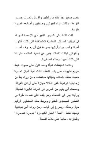 ‫ﺨﺹ ﺼﻐﻴﺭ ﺠ ‪‬ﺍ ﺒﻨﺎﻩ ﻤﻥ ﺍﻟﻁﻴﻥ ﻭﺍﻟﻘـﺵ ﺘﺤـﺕ ﺠﺴـﺭ‬
                                ‫ﺩ‬        ‫‪‬‬
‫ﺍﻟﺘﺭﻋﺔ، ﻭﻜﺎﻨﺕ ﻴﺩﺍﻩ ﻜﺒﻴﺭﺘﻴﻥ ﻭﺼﻠﺒﺘﻴﻥ ﻭﺃﺼﺎﺒﻌﻪ ﻗﺼﻴﺭﺓ‬
                                              ‫ﻤﻘﻭﺴﺔ.‬
                                                 ‫‪‬‬
‫ﻜﻨﺕ ﻨﺎﺌ ‪‬ﺎ ﻋﻠﻰ ﺍﻟﺴﺭﻴﺭ ﺍﻟﻜﺒﻴﺭ ﺫﻱ ﺍﻷﻋﻤﺩﺓ ﺍﻟﺴﻭﺩﺍﺀ‬
                                     ‫ﻤ‬
‫ﻓﻲ ﻨﻬﺎﻴﺘﻬﺎ ﺍﻟﻌﺴﺎﻜﺭ ﺍﻟﻨﺤﺎﺴﻴﺔ ﺍﻟﻤﺘﺨﻠﺨﻠﺔ ﺍﻟﺘﻲ ﻜﻨﺕ ﺃﻓﻜﻬـﺎ‬
‫ﺃﺤﻴﺎ ﹰﺎ ﻭﺃﻟﻌﺏ ﺒﻬﺎ ﻭﺃﺭ ِﺒﻬﺎ ﺒﺴﺭﻋﺔ ﻗﺒل ﺃﻥ ﻴﻌـﺭﻑ ﺃﺤـﺩ،‬
                            ‫ُ ‪‬ﻜ‬             ‫ﻨ‬
‫ﻭﺃﺨﻭﺍﺘﻲ ﺍﻟﺒﻨﺎﺕ ﻨﺎﺌﻤﺎﺕ ﺠﻨﺒﻲ ﻤﻥ ﻨﺎﺤﻴﺔ ﺍﻟﺤﺎﺌﻁ، ﻋﺎﻴـﺩﺓ‬
                     ‫ﺍﻟﺘﻲ ﻜﻨﺕ ﺃﺤ ‪‬ﻬﺎ، ﻭﻫﻨﺎﺀ ﺍﻟﺼﻐﻴﺭﺓ.‬
                                       ‫ﺒ‬
‫ﻭﻋﻨﺩﻤﺎ ﺍﺴﺘﻴﻘﻅﺕ ﻓﺠﺄﺓ ﻭﺴﻁ ﺍﻟﻠﻴل ﻋﻠﻰ ﺼﻭﺕ ﺨﺒﻁ‬
‫ﺴﺭﻴﻊ ﻤﻠﻬﻭﻑ ﻋﻠﻰ ﺒﺎﺏ ﺍﻟﺸﻘﺔ، ﻜﺎﻨﺕ ﻟﻤﺒﺔ ﺍﻟﺠﺎﺯ ﻨﻤـﺭﺓ‬
‫ﺨﻤﺴﺔ ﻤﻌﻠﻘﺔ ﺒﺎﻟﺤﺎﺌﻁ ﻭﻓﺘﻴﻠﺘﻬﺎ ﻤﻨﺨﻔﻀﺔ ﻤـﻥ ﻭﺭﺍﺀ ﺒﻁـﻥ‬
‫ﺯ ‪‬ﺎﺠﺘﻬﺎ ﺍﻟﺭﺸﻴﻘﺔ ﺘﻠﻘﻲ ﻅﻼﻻ ﻤﻬﺘ ‪‬ﺓ ﻋﻠﻰ ﺃﺭﻜﺎﻥ ﺍﻟﻐﺭﻓﺔ،‬
                   ‫ﹰ ﺯ‬                         ‫ﺠ‬
‫ﻭﺴﻤﻌﺕ ﺃﺒﻲ ﻴﻘﻭﻡ ﻤﻥ ﺍﻟﺴﺭﻴﺭ ﻓﻲ ﺍﻟﻐﺭﻓﺔ ﺍﻟﻜﺒﻴﺭﺓ ﺍﻟﻤﻘﺎﺒﻠﺔ،‬
‫ﻭﺭﺃﻴﺘﻪ ﻴﻤﺭ ﻓﻲ ﺍﻟﻔﺴﺤﺔ، ﻭﻫﻭ ﻴﻠﻑ ﻋﻠﻰ ﻨﻔﺴـﻪ ﻁﺭﻓـﻲ‬
                ‫ﹼ‬                  ‫‪‬‬
‫ﺍﻟﻘﻔﻁﺎﻥ ﺍﻟﺼﻌﻴﺩﻱ ﺍﻟﻤﻔﺘﻭﺡ ﻭﻴﺭﺒﻁ ﺤﺒﻠﻪ ﺍﻟﻤﻀﻔﻭﺭ ﺍﻟﺭﻓﻴﻊ‬
‫ﺤﻭل ﻭﺴﻁﻪ، ﻭﻴﺴﺭﻉ ﺇﻟﻰ ﺍﻟﺒﺎﺏ، ﻭﻤﻥ ﺭﻭﺍﺌﻪ ﺃﻤﻲ ﺒﺠﻼﺒﻴﺔ‬
‫ﻨﻭﻤﻬﺎ، ﺘﺤﻤل " ﻟﻤﺒﺔ " ﺍﻟﺠﺎﺯ ﺍﻟﻜﺒﻴـﺭﺓ " ﻨﻤـﺭﺓ ﻋﺸـﺭﺓ "‬
                   ‫ﻭﺘﻠﺤﻕ ﺒﻪ، ﺤﺎﻓﻴﺔ ﻋﻠﻰ ﺒﻼﻁ ﺍﻟﻔﺴﺤﺔ.‬
 