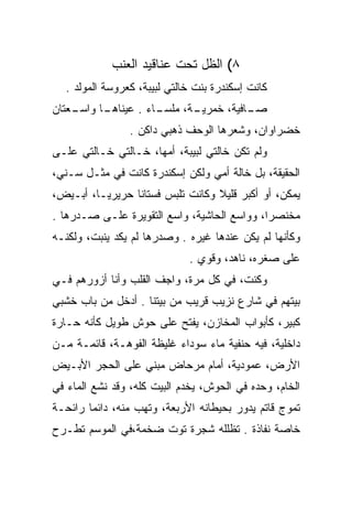 ‫٨( ﺍﻟﻅل ﺘﺤﺕ ﻋﻨﺎﻗﻴﺩ ﺍﻟﻌﻨﺏ‬
  ‫ﻜﺎﻨﺕ ﺇﺴﻜﻨﺩﺭﺓ ﺒﻨﺕ ﺨﺎﻟﺘﻲ ﻟﺒﻴﺒﺔ، ﻜﻌﺭﻭﺴﺔ ﺍﻟﻤﻭﻟﺩ .‬
‫ـﻌﺘﺎﻥ‬
    ‫ـﺎ ﻭﺍﺴـ‬
          ‫ـﺎﺀ . ﻋﻴﻨﺎﻫـ‬
                     ‫ـﺔ، ﻤﻠﺴـ‬
                            ‫ـﺎﻓﻴﺔ، ﺨﻤﺭﻴـ‬
                                       ‫ﺼـ‬
                ‫ﺨﻀﺭﺍﻭﺍﻥ، ﻭﺸﻌﺭﻫﺎ ﺍﻟﻭﺤﻑ ﺫﻫﺒﻲ ﺩﺍﻜﻥ .‬
                             ‫‪‬‬
‫ﻭﻟﻡ ﺘﻜﻥ ﺨﺎﻟﺘﻲ ﻟﺒﻴﺒﺔ، ﺃﻤﻬﺎ، ﺨـﺎﻟﺘﻲ ﺨـﺎﻟﺘﻲ ﻋﻠـﻰ‬
‫ﺍﻟﺤﻘﻴﻘﺔ، ﺒل ﺨﺎﻟﺔ ﺃﻤﻲ ﻭﻟﻜﻥ ﺇﺴﻜﻨﺩﺭﺓ ﻜﺎﻨﺕ ﻓﻲ ﻤﺜـل ﺴـﻨﻲ،‬
‫ﻴﻤﻜﻥ، ﺃﻭ ﺃﻜﺒﺭ ﻗﻠﻴﻼ ﻭﻜﺎﻨﺕ ﺘﻠﺒﺱ ﻓﺴﺘﺎﻨﺎ ﺤﺭﻴﺭ ‪‬ـﺎ، ﺃﺒـﻴﺽ،‬
          ‫ﻴ‬       ‫ﹰ‬                ‫ﹰ‬
‫ﻤﺨﻨﺼﺭﺍ، ﻭﻭﺍﺴﻊ ﺍﻟﺤﺎﺸﻴﺔ، ﻭﺍﺴﻊ ﺍﻟﺘﻘﻭﻴﺭﺓ ﻋﻠـﻰ ﺼـﺩﺭﻫﺎ .‬
                                             ‫‪‬‬
‫ﻭﻜﺄﻨﻬﺎ ﻟﻡ ﻴﻜﻥ ﻋﻨﺩﻫﺎ ﻏﻴﺭﻩ . ﻭﺼﺩﺭﻫﺎ ﻟﻡ ﻴﻜﺩ ﻴﻨﺒﺕ، ﻭﻟﻜﻨـﻪ‬
                             ‫ﻋﻠﻰ ﺼﻐﺭﻩ، ﻨﺎﻫﺩ، ﻭﻗﻭﻱ .‬
‫ﻭﻜﻨﺕ، ﻓﻲ ﻜل ﻤﺭﺓ، ﻭﺍﺠﻑ ﺍﻟﻘﻠﺏ ﻭﺃﻨﺎ ﺃﺯﻭﺭﻫﻡ ﻓـﻲ‬
‫ﺒﻴﺘﻬﻡ ﻓﻲ ﺸﺎﺭﻉ ﻨﺯﻴﺏ ﻗﺭﻴﺏ ﻤﻥ ﺒﻴﺘﻨﺎ . ﺃﺩﺨل ﻤﻥ ﺒﺎﺏ ﺨﺸﺒﻲ‬
‫ﻜﺒﻴﺭ، ﻜﺄﺒﻭﺍﺏ ﺍﻟﻤﺨﺎﺯﻥ، ﻴﻔﺘﺢ ﻋﻠﻰ ﺤﻭﺵ ﻁﻭﻴل ﻜﺄﻨﻪ ﺤـﺎﺭﺓ‬
‫ﺩﺍﺨﻠﻴﺔ، ﻓﻴﻪ ﺤﻨﻔﻴﺔ ﻤﺎﺀ ﺴﻭﺩﺍﺀ ﻏﻠﻴﻅﺔ ﺍﻟﻔﻭﻫـﺔ، ﻗﺎﺌﻤـﺔ ﻤـﻥ‬
‫ﺍﻷﺭﺽ، ﻋﻤﻭﺩﻴﺔ، ﺃﻤﺎﻡ ﻤﺭﺤﺎﺽ ﻤﺒﻨﻲ ﻋﻠﻰ ﺍﻟﺤﺠﺭ ﺍﻷﺒـﻴﺽ‬
‫ﺍﻟﺨﺎﻡ، ﻭﺤﺩﻩ ﻓﻲ ﺍﻟﺤﻭﺵ، ﻴﺨﺩﻡ ﺍﻟﺒﻴﺕ ﻜﻠﻪ، ﻭﻗﺩ ﻨﺸﻊ ﺍﻟﻤﺎﺀ ﻓﻲ‬
‫ﺘﻤﻭﺝ ﻗﺎﺘﻡ ﻴﺩﻭﺭ ﺒﺤﻴﻁﺎﻨﻪ ﺍﻷﺭﺒﻌﺔ، ﻭﺘﻬﺏ ﻤﻨﻪ، ﺩﺍﺌﻤﺎ ﺭﺍﺌﺤـﺔ‬
        ‫‪‬‬
‫ﺨﺎﺼﺔ ﻨﻔﺎﺫﺓ . ﺘﻅﻠﻠﻪ ﺸﺠﺭﺓ ﺘﻭﺕ ﻀﺨﻤﺔ،ﻓﻲ ﺍﻟﻤﻭﺴﻡ ﺘﻁـﺭﺡ‬
 