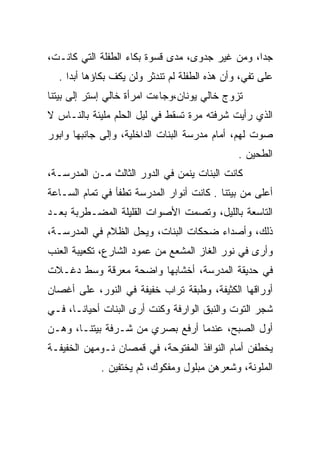 ‫ﺠﺩﺍ، ﻭﻤﻥ ﻏﻴﺭ ﺠﺩﻭﻯ، ﻤﺩﻯ ﻗﺴﻭﺓ ﺒﻜﺎﺀ ﺍﻟﻁﻔﻠﺔ ﺍﻟﺘﻲ ﻜﺎﻨـﺕ،‬
  ‫ﻋﻠﻰ ﺘﻔﻲ، ﻭﺃﻥ ﻫﺫﻩ ﺍﻟﻁﻔﻠﺔ ﻟﻡ ﺘﻨﺩﺜﺭ ﻭﻟﻥ ﻴﻜﻑ ﺒﻜﺎﺅﻫﺎ ﺃﺒﺩﺍ .‬
‫ﺘﺯﻭﺝ ﺨﺎﻟﻲ ﻴﻭﻨﺎﻥ،ﻭﺠﺎﺀﺕ ﺍﻤﺭﺃﺓ ﺨﺎﻟﻲ ﺇﺴﺘﺭ ﺇﻟﻰ ﺒﻴﺘﻨﺎ‬
                                            ‫‪‬‬
‫ﺍﻟﺫﻱ ﺭﺃﻴﺕ ﺸﺭﻓﺘﻪ ﻤﺭﺓ ﺘﺴﻘﻁ ﻓﻲ ﻟﻴل ﺍﻟﺤﻠﻡ ﻤﻠﻴﺌﺔ ﺒﺎﻟﻨـﺎﺱ ﻻ‬
‫ﺼﻭﺕ ﻟﻬﻡ، ﺃﻤﺎﻡ ﻤﺩﺭﺴﺔ ﺍﻟﺒﻨﺎﺕ ﺍﻟﺩﺍﺨﻠﻴﺔ، ﻭﺇﻟﻰ ﺠﺎﻨﺒﻬﺎ ﻭﺍﺒﻭﺭ‬
                                               ‫ﺍﻟﻁﺤﻴﻥ .‬
‫ﻜﺎﻨﺕ ﺍﻟﺒﻨﺎﺕ ﻴﻨﻤﻥ ﻓﻲ ﺍﻟﺩﻭﺭ ﺍﻟﺜﺎﻟﺙ ﻤـﻥ ﺍﻟﻤﺩﺭﺴـﺔ،‬
‫ﺃﻋﻠﻰ ﻤﻥ ﺒﻴﺘﻨﺎ . ﻜﺎﻨﺕ ﺃﻨﻭﺍﺭ ﺍﻟﻤﺩﺭﺴﺔ ﺘﻁﻔﺄ ﻓﻲ ﺘﻤﺎﻡ ﺍﻟﺴـﺎﻋﺔ‬
‫ﺍﻟﺘﺎﺴﻌﺔ ﺒﺎﻟﻠﻴل، ﻭﺘﺼﻤﺕ ﺍﻷﺼﻭﺍﺕ ﺍﻟﻘﻠﻴﻠﺔ ﺍﻟﻤﻀـﻁﺭﺒﺔ ﺒﻌـﺩ‬
‫ﺫﻟﻙ، ﻭﺃﺼﺩﺍﺀ ﻀﺤﻜﺎﺕ ﺍﻟﺒﻨﺎﺕ، ﻭﻴﺤل ﺍﻟﻅﻼﻡ ﻓﻲ ﺍﻟﻤﺩﺭﺴـﺔ،‬
‫ﻭﺃﺭﻯ ﻓﻲ ﻨﻭﺭ ﺍﻟﻐﺎﺯ ﺍﻟﻤﺸﻌﻊ ﻤﻥ ﻋﻤﻭﺩ ﺍﻟﺸﺎﺭﻉ، ﺘﻜﻌﻴﺒﺔ ﺍﻟﻌﻨﺏ‬
‫ﻓﻲ ﺤﺩﻴﻘﺔ ﺍﻟﻤﺩﺭﺴﺔ، ﺃﺨﺸﺎﺒﻬﺎ ﻭﺍﻀﺤﺔ ﻤﻌﺭﻗﺔ ﻭﺴﻁ ﺩﻏـﻼﺕ‬
            ‫‪‬‬
‫ﺃﻭﺭﺍﻗﻬﺎ ﺍﻟﻜﺜﻴﻔﺔ، ﻭﻁﺒﻘﺔ ﺘﺭﺍﺏ ﺨﻔﻴﻔﺔ ﻓﻲ ﺍﻟﻨﻭﺭ، ﻋﻠﻰ ﺃﻏﺼﺎﻥ‬
‫ﺸﺠﺭ ﺍﻟﺘﻭﺕ ﻭﺍﻟﻨﺒﻕ ﺍﻟﻭﺍﺭﻓﺔ ﻭﻜﻨﺕ ﺃﺭﻯ ﺍﻟﺒﻨﺎﺕ ﺃﺤﻴﺎﻨـﺎ، ﻓـﻲ‬
‫ﺃﻭل ﺍﻟﺼﺒﺢ، ﻋﻨﺩﻤﺎ ﺃﺭﻓﻊ ﺒﺼﺭﻱ ﻤﻥ ﺸـﺭﻓﺔ ﺒﻴﺘﻨـﺎ، ﻭﻫـﻥ‬
‫ﻴﺨﻁﻔﻥ ﺃﻤﺎﻡ ﺍﻟﻨﻭﺍﻓﺫ ﺍﻟﻤﻔﺘﻭﺤﺔ، ﻓﻲ ﻗﻤﺼﺎﻥ ﻨـﻭﻤﻬﻥ ﺍﻟﺨﻔﻴﻔـﺔ‬
             ‫ﺍﻟﻤﻠﻭﻨﺔ، ﻭﺸﻌﺭﻫﻥ ﻤﺒﻠﻭل ﻭﻤﻔﻜﻭﻙ، ﺜﻡ ﻴﺨﺘﻔﻴﻥ .‬
                                                 ‫‪‬‬
 