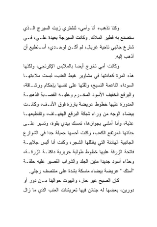 ‫ﻭﻜﻨﺎ ﻨﺫﻫﺏ، ﺃﻨﺎ ﻭﺃﻤﻲ، ﻟﻨﺸﺘﺭﻱ ﺯﻴﺕ ﺍﻟﺴﻴﺭﺝ ﺍﻟـﺫﻱ‬
‫ﺴﺘﺼﻨﻊ ﺒﻪ ﻓﻁﻴﺭ ﺍﻟﻤﻼﻙ. ﻭﻜﺎﻨﺕ ﺍﻟﺴﻴﺭﺠﺔ ﺒﻌﻴﺩﺓ ﻋﻠـ ‪ ،‬ﻓـﻲ‬
     ‫ﻲ‬
‫ﺸﺎﺭﻉ ﺠﺎﻨﺒﻲ ﻨﺎﺤﻴﺔ ﻏﺭﺒﺎل، ﻟﻡ ﺃﻜـﻥ ﻟﻭﺤـﺩﻱ، ﺃﺴـﺘﻁﻴﻊ ﺃﻥ‬
                                        ‫‪‬‬
                                               ‫ﺃﺫﻫﺏ ﺇﻟﻴﻪ.‬
‫ﻭﻜﺎﻨﺕ ﺃﻤﻲ ﺘﺨﺭﺝ ﺃﻴ ‪‬ﺎ ﺒﺎﻟﻤﻼﺒﺱ ﺍﻹﻓﺭﻨﺠﻲ، ﻭﻟﻜﻨﻬﺎ‬
                         ‫ﻀ‬
‫ﻫﺫﻩ ﺍﻟﻤﺭﺓ ﻜﻌﺎﺩﺘﻬﺎ ﻓﻲ ﻤﺸﺎﻭﻴﺭ ﻏﻴﻁ ﺍﻟﻌﻨﺏ، ﻟﺒﺴﺕ ﻤﻼﺀﺘﻬـﺎ‬
‫ﺍﻟﺴﻭﺩﺍﺀ ﺍﻟﻨﺎﻋﻤﺔ ﺍﻟﻨﺴﻴﺞ، ﻭﻟﻔﺘﹾﻬﺎ ﻋﻠﻰ ﻨﻔﺴﻬﺎ ﺒﺈﺤﻜﺎﻡ ﻭﺭﺸـﺎﻗﺔ،‬
                              ‫ﱠ‬
‫ﻭﺍﻟﺒﺭﻗﻊ ﺍﻟﺨﻔﻴﻑ ﺍﻷﺴﻭﺩ ﺍﻟﻤﺨـ ‪‬ﻡ ﻭﻋﻠﻴـﻪ ﺍﻟﻘﺼـﺒﺔ ﺍﻟﺫﻫﺒﻴـﺔ‬
                         ‫ﺭ‬
‫ﺍﻟﻤﺩﻭﺭﺓ ﻋﻠﻴﻬﺎ ﺨﻁﻭﻁ ﻋﺭﻴﻀﺔ ﺒﺎﺭﺯﺓ ﻓﻭﻕ ﺍﻷﻨـﻑ، ﻭﻜﺎﻨـﺕ‬
‫ﺒﻴﻀﺎﺀ ﺍﻟﻭﺠﻪ ﻤﻥ ﻭﺭﺍﺀ ﺸﺒﻜﺔ ﺍﻟﺒﺭﻗﻊ ﺍﻟﻬﻔﻬـﺎﻑ، ﻭﺘﻘﺎﻁﻴﻌﻬـﺎ‬
‫ﻋﺫﺒﺔ، ﻭﺃﻨﺎ ﺃﻤﺸﻲ ﺒﺠﻭﺍﺭﻫﺎ، ﺘﻤﺴﻙ ﺒﻴﺩﻱ ﺒﻘﻭﺓ، ﻭﺘﺴﻴﺭ ﻋﻠـﻰ‬
‫ﺤﺫﺍﺌﻬﺎ ﺍﻟﻤﺭﺘﻔﻊ ﺍﻟﻜﻌﺏ، ﻭﻜﻨﺕ ﺃﺤﺴﻬﺎ ﺠﻤﻴﻠﺔ ﺠ ‪‬ﺍ ﻓﻲ ﺍﻟﺸﻭﺍﺭﻉ‬
            ‫ﺩ‬
‫ﺍﻟﺠﺎﻨﺒﻴﺔ ﺍﻟﻬﺎﺩﺌﺔ ﺍﻟﺘﻲ ﻴﻅﻠﻠﻬﺎ ﺍﻟﺸﺠﺭ، ﻭﻜﻨﺕ ﺃﻨﺎ ﺃﻟﺒﺱ ﺠﻼﺒﻴـﺔ‬
‫ﻓﺎﺘﺤﺔ ﺍﻟﺯﺭﻗﺔ ﻋﻠﻴﻬﺎ ﺨﻁﻭﻁ ﻁﻭﻟﻴﺔ ﺤﺭﻴﺭﻴﺔ ﺩﺍﻜﻨـﺔ ﺍﻟﺯﺭﻗـﺔ،‬
‫ﻭﺤﺫﺍﺀ ﺃﺴﻭﺩ ﺠﺩﻴ ‪‬ﺍ ﻤﺘﻴﻥ ﺍﻟﺠﻠﺩ ﻭﺍﻟﺸﺭﺍﺏ ﺍﻟﻘﺼﻴﺭ ﻋﻠﻴﻪ ﺤﻠﻘـﺔ‬
                                      ‫ﺩ‬          ‫‪‬‬
  ‫"ﺃﺴﺘﻙ " ﻋﺭﻴﻀﺔ ﺒﻴﻀﺎﺀ ﻤﺎﺴﻜﺔ ﺒﺸﺩﺓ ﻋﻠﻰ ﻤﻨﺘﺼﻑ ﺭﺠﻠﻲ.‬
                       ‫ﹰ‬
‫ﻜﺎﻥ ﺍﻟﺼﺒﺢ ﻏﻴﺭ ﺤﺎ ‪ ،‬ﻭﺍﻟﺒﻴﻭﺕ ﺤﻭﺍﻟﻴﻨﺎ ﻤـﻥ ﺩﻭﺭ ﺃﻭ‬
                            ‫ﺭ‬
‫ﺩﻭﺭﻴﻥ، ﺒﻌﻀﻬﺎ ﻟﻪ ﺠﻨﺎﺌﻥ ﻓﻴﻬﺎ ﺘﻌﺭﻴﺸﺎﺕ ﺍﻟﻌﻨﺏ ﺍﻟﺫﻱ ﻤﺎ ﺯﺍل‬
 