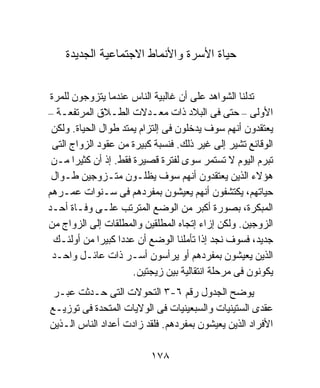 ‫ﺤﻴﺎﺓ ﺍﻷﺴﺭﺓ ﻭﺍﻷﻨﻤﺎﻁ ﺍﻻﺠﺘﻤﺎﻋﻴﺔ ﺍﻟﺠﺩﻴﺩﺓ‬


 ‫ﺘﺩﻟﻨﺎ ﺍﻟﺸﻭﺍﻫﺩ ﻋﻠﻰ ﺃﻥ ﻏﺎﻟﺒﻴﺔ ﺍﻟﻨﺎﺱ ﻋﻨﺩﻤﺎ ﻴﺘﺯﻭﺠﻭﻥ ﻟﻠﻤﺭﺓ‬
‫ﺍﻷﻭﻟﻰ – ﺤﺘﻰ ﻓﻰ ﺍﻟﺒﻼﺩ ﺫﺍﺕ ﻤﻌـﺩﻻﺕ ﺍﻟﻁـﻼﻕ ﺍﻟﻤﺭﺘﻔﻌـﺔ –‬
 ‫ﻴﻌﺘﻘﺩﻭﻥ ﺃﻨﻬﻡ ﺴﻭﻑ ﻴﺩﺨﻠﻭﻥ ﻓﻰ ﺇﻟﺘﺯﺍﻡ ﻴﻤﺘﺩ ﻁﻭﺍل ﺍﻟﺤﻴﺎﺓ. ﻭﻟﻜﻥ‬
 ‫ﺍﻟﻭﻗﺎﺌﻊ ﺘﺸﻴﺭ ﺇﻟﻰ ﻏﻴﺭ ﺫﻟﻙ. ﻓﻨﺴﺒﺔ ﻜﺒﻴﺭﺓ ﻤﻥ ﻋﻘﻭﺩ ﺍﻟﺯﻭﺍﺝ ﺍﻟﺘﻰ‬
 ‫ﺘﺒﺭﻡ ﺍﻟﻴﻭﻡ ﻻ ﺘﺴﺘﻤﺭ ﺴﻭﻯ ﻟﻔﺘﺭﺓ ﻗﺼﻴﺭﺓ ﻓﻘﻁ. ﺇﺫ ﺃﻥ ﻜﺜﻴﺭﺍ ﻤـﻥ‬
       ‫ﹰ‬
 ‫ﻫﺅﻻﺀ ﺍﻟﺫﻴﻥ ﻴﻌﺘﻘﺩﻭﻥ ﺃﻨﻬﻡ ﺴﻭﻑ ﻴﻅﻠـﻭﻥ ﻤﺘـﺯﻭﺠﻴﻥ ﻁـﻭﺍل‬
‫ﺤﻴﺎﺘﻬﻡ، ﻴﻜﺘﺸﻔﻭﻥ ﺃﻨﻬﻡ ﻴﻌﻴﺸﻭﻥ ﺒﻤﻔﺭﺩﻫﻡ ﻓﻰ ﺴـﻨﻭﺍﺕ ﻋﻤـﺭﻫﻡ‬
‫ﺍﻟﻤﺒﻜﺭﺓ، ﺒﺼﻭﺭﺓ ﺃﻜﺒﺭ ﻤﻥ ﺍﻟﻭﻀﻊ ﺍﻟﻤﺘﺭﺘﺏ ﻋﻠـﻰ ﻭﻓـﺎﺓ ﺃﺤـﺩ‬
‫ﺍﻟﺯﻭﺠﻴﻥ. ﻭﻟﻜﻥ ﺇﺯﺍﺀ ﺇﺘﺠﺎﻩ ﺍﻟﻤﻁﻠﻘﻴﻥ ﻭﺍﻟﻤﻁﻠﻘﺎﺕ ﺇﻟﻰ ﺍﻟﺯﻭﺍﺝ ﻤﻥ‬
  ‫ﺠﺩﻴﺩ، ﻓﺴﻭﻑ ﻨﺠﺩ ﺇﺫﺍ ﺘﺄﻤﻠﻨﺎ ﺍﻟﻭﻀﻊ ﺃﻥ ﻋﺩﺩﺍ ﻜﺒﻴﺭﺍ ﻤﻥ ﺃﻭﻟﺌـﻙ‬
             ‫ﹰ‬    ‫ﹰ‬
  ‫ﺍﻟﺫﻴﻥ ﻴﻌﻴﺸﻭﻥ ﺒﻤﻔﺭﺩﻫﻡ ﺃﻭ ﻴﺭﺃﺴﻭﻥ ﺃﺴـﺭ ﺫﺍﺕ ﻋﺎﺌـل ﻭﺍﺤـﺩ‬
                      ‫ﻴﻜﻭﻨﻭﻥ ﻓﻰ ﻤﺭﺤﻠﺔ ﺍﻨﺘﻘﺎﻟﻴﺔ ﺒﻴﻥ ﺯﻴﺠﺘﻴﻥ.‬
 ‫ﻴﻭﻀﺢ ﺍﻟﺠﺩﻭل ﺭﻗﻡ ٦-٣ ﺍﻟﺘﺤﻭﻻﺕ ﺍﻟﺘﻰ ﺤـﺩﺜﺕ ﻋﺒـﺭ‬
‫ﻋﻘﺩﻯ ﺍﻟﺴﺘﻴﻨﻴﺎﺕ ﻭﺍﻟﺴﺒﻌﻴﻨﻴﺎﺕ ﻓﻰ ﺍﻟﻭﻻﻴﺎﺕ ﺍﻟﻤﺘﺤﺩﺓ ﻓﻰ ﺘﻭﺯﻴـﻊ‬
‫ﺍﻷﻓﺭﺍﺩ ﺍﻟﺫﻴﻥ ﻴﻌﻴﺸﻭﻥ ﺒﻤﻔﺭﺩﻫﻡ. ﻓﻠﻘﺩ ﺯﺍﺩﺕ ﺃﻋﺩﺍﺩ ﺍﻟﻨﺎﺱ ﺍﻟـﺫﻴﻥ‬

                          ‫٨٧١‬
 