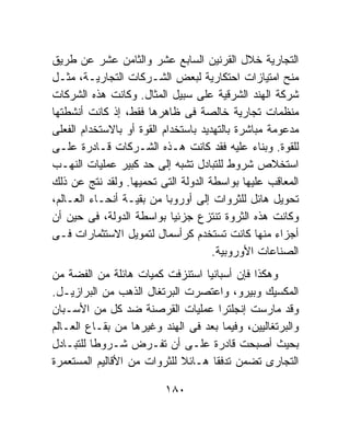 ‫ﺍﻟﺘﺠﺎﺭﻴﺔ ﺨﻼل ﺍﻟﻘﺭﻨﻴﻥ ﺍﻟﺴﺎﺒﻊ ﻋﺸﺭ ﻭﺍﻟﺜﺎﻤﻥ ﻋﺸﺭ ﻋﻥ ﻁﺭﻴﻕ‬
‫ﻤﻨﺢ ﺍﻤﺘﻴﺎﺯﺍﺕ ﺍﺤﺘﻜﺎﺭﻴﺔ ﻟﺒﻌﺽ ﺍﻟﺸـﺭﻜﺎﺕ ﺍﻟﺘﺠﺎﺭﻴـﺔ، ﻤﺜـل‬
‫ﺸﺭﻜﺔ ﺍﻟﻬﻨﺩ ﺍﻟﺸﺭﻗﻴﺔ ﻋﻠﻰ ﺴﺒﻴل ﺍﻟﻤﺜﺎل. ﻭﻜﺎﻨﺕ ﻫﺫﻩ ﺍﻟﺸﺭﻜﺎﺕ‬
‫ﻤﻨﻅﻤﺎﺕ ﺘﺠﺎﺭﻴﺔ ﺨﺎﻟﺼﺔ ﻓﻰ ﻅﺎﻫﺭﻫﺎ ﻓﻘﻁ، ﺇﺫ ﻜﺎﻨﺕ ﺃﻨﺸﻁﺘﻬﺎ‬
‫ﻤﺩﻋﻭﻤﺔ ﻤﺒﺎﺸﺭﺓ ﺒﺎﻟﺘﻬﺩﻴﺩ ﺒﺎﺴﺘﺨﺩﺍﻡ ﺍﻟﻘﻭﺓ ﺃﻭ ﺒﺎﻻﺴﺘﺨﺩﺍﻡ ﺍﻟﻔﻌﻠﻰ‬
‫ﻟﻠﻘﻭﺓ. ﻭﺒﻨﺎﺀ ﻋﻠﻴﻪ ﻓﻘﺩ ﻜﺎﻨﺕ ﻫـﺫﻩ ﺍﻟﺸـﺭﻜﺎﺕ ﻗـﺎﺩﺭﺓ ﻋﻠـﻰ‬
‫ﺍﺴﺘﺨﻼﺹ ﺸﺭﻭﻁ ﻟﻠﺘﺒﺎﺩل ﺘﺸﺒﻪ ﺇﻟﻰ ﺤﺩ ﻜﺒﻴﺭ ﻋﻤﻠﻴﺎﺕ ﺍﻟﻨﻬـﺏ‬
‫ﺍﻟﻤﻌﺎﻗﺏ ﻋﻠﻴﻬﺎ ﺒﻭﺍﺴﻁﺔ ﺍﻟﺩﻭﻟﺔ ﺍﻟﺘﻰ ﺘﺤﻤﻴﻬﺎ. ﻭﻟﻘﺩ ﻨﺘﺞ ﻋﻥ ﺫﻟﻙ‬
‫ﺘﺤﻭﻴل ﻫﺎﺌل ﻟﻠﺜﺭﻭﺍﺕ ﺇﻟﻰ ﺃﻭﺭﻭﺒﺎ ﻤﻥ ﺒﻘﻴـﺔ ﺃﻨﺤـﺎﺀ ﺍﻟﻌـﺎﻟﻡ،‬
‫ﻭﻜﺎﻨﺕ ﻫﺫﻩ ﺍﻟﺜﺭﻭﺓ ﺘﻨﺘﺯﻉ ﺠﺯﺌﻴﺎ ﺒﻭﺍﺴﻁﺔ ﺍﻟﺩﻭﻟﺔ، ﻓﻰ ﺤﻴﻥ ﺃﻥ‬
‫ﺃﺠﺯﺍﺀ ﻤﻨﻬﺎ ﻜﺎﻨﺕ ﺘﺴﺘﺨﺩﻡ ﻜﺭﺃﺴﻤﺎل ﻟﺘﻤﻭﻴل ﺍﻻﺴﺘﺜﻤﺎﺭﺍﺕ ﻓـﻰ‬
                                      ‫ﺍﻟﺼﻨﺎﻋﺎﺕ ﺍﻷﻭﺭﻭﺒﻴﺔ.‬
‫ﻭﻫﻜﺫﺍ ﻓﺈﻥ ﺃﺴﺒﺎﻨﻴﺎ ﺍﺴﺘﻨﺯﻓﺕ ﻜﻤﻴﺎﺕ ﻫﺎﺌﻠﺔ ﻤﻥ ﺍﻟﻔﻀﺔ ﻤﻥ‬
‫ﺍﻟﻤﻜﺴﻴﻙ ﻭﺒﻴﺭﻭ، ﻭﺍﻋﺘﺼﺭﺕ ﺍﻟﺒﺭﺘﻐﺎل ﺍﻟﺫﻫﺏ ﻤﻥ ﺍﻟﺒﺭﺍﺯﻴـل.‬
‫ﻭﻗﺩ ﻤﺎﺭﺴﺕ ﺇﻨﺠﻠﺘﺭﺍ ﻋﻤﻠﻴﺎﺕ ﺍﻟﻘﺭﺼﻨﺔ ﻀﺩ ﻜل ﻤﻥ ﺍﻷﺴـﺒﺎﻥ‬
‫ﻭﺍﻟﺒﺭﺘﻐﺎﻟﻴﻴﻥ، ﻭﻓﻴﻤﺎ ﺒﻌﺩ ﻓﻰ ﺍﻟﻬﻨﺩ ﻭﻏﻴﺭﻫﺎ ﻤﻥ ﺒﻘـﺎﻉ ﺍﻟﻌـﺎﻟﻡ‬
‫ﺒﺤﻴﺙ ﺃﺼﺒﺤﺕ ﻗﺎﺩﺭﺓ ﻋﻠـﻰ ﺃﻥ ﺘﻔـﺭﺽ ﺸـﺭﻭﻁﺎ ﻟﻠﺘﺒـﺎﺩل‬
‫ﺍﻟﺘﺠﺎﺭﻯ ﺘﻀﻤﻥ ﺘﺩﻓﻘﺎ ﻫـﺎﺌﻼ ﻟﻠﺜﺭﻭﺍﺕ ﻤﻥ ﺍﻷﻗﺎﻟﻴﻡ ﺍﻟﻤﺴﺘﻌﻤﺭﺓ‬

                          ‫٠٨١‬
 