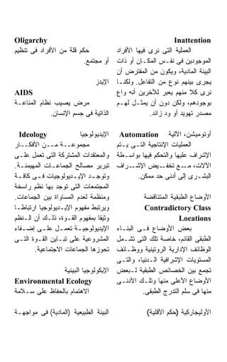 ‫‪Oligarchy‬‬                                                   ‫‪Inattention‬‬
‫ﺤﻜﻡ ﻗﻠﺔ ﻤﻥ ﺍﻷﻓﺭﺍﺩ ﻓﻰ ﺘﻨﻅﻴﻡ‬             ‫ﺍﻟﻌﻤﻠﻴﺔ ﺍﻟﺘﻰ ﻨﺭﻯ ﻓﻴﻬﺎ ﺍﻷﻓﺭﺍﺩ‬
                         ‫ﺃﻭ ﻤﺠﺘﻤﻊ.‬     ‫ﺍﻟﻤﻭﺠﻭﺩﻴﻥ ﻓﻰ ﻨﻔـﺱ ﺍﻟﻤﻜـﺎﻥ ﺃﻭ ﺫﺍﺕ‬
                                       ‫ﺍﻟﺒﻴﺌﺔ ﺍﻟﻤﺎﺩﻴﺔ، ﻭﻴﻜﻭﻥ ﻤﻥ ﺍﻟﻤﻔﺘﺭﺽ ﺃﻥ‬
                              ‫ﺍﻹﻴﺩﺯ‬    ‫ﻴﺠﺭﻯ ﺒﻴﻨﻬﻡ ﻨﻭﻉ ﻤﻥ ﺍﻟﺘﻔﺎﻋل. ﻭﻟﻜﻨـﺎ‬
‫‪AIDS‬‬                                   ‫ﻨﺭﻯ ﻜﻼ ﻤﻨﻬﻡ ﻴﻌﺒﺭ ﻟﻶﺨﺭﻴﻥ ﺃﻨﻪ ﻭﺍﻉ‬
‫ﻤﺭﺽ ﻴﺼﻴﺏ ﻨﻅﺎﻡ ﺍﻟﻤﻨﺎﻋـﺔ‬                 ‫ﺒﻭﺠﻭﺩﻫﻡ، ﻭﻟﻜﻥ ﺩﻭﻥ ﺃﻥ ﻴﻤﺜـل ﻟﻬـﻡ‬
             ‫ﺍﻟﺫﺍﺘﻴﺔ ﻓﻰ ﺠﺴﻡ ﺍﻹﻨﺴﺎﻥ.‬                ‫ﻤﺼﺩﺭ ﺘﻬﻭﻴﺩ ﺃﻭ ﻭﺩ ﺯﺍﺌﺩ.‬

  ‫‪Ideology‬‬              ‫ﺍﻹﻴﺩﻴﻭﻟﻭﺠﻴﺎ‬     ‫ﺃﻭﺘﻭﻤﻴﺸﻥ، ﺍﻵﻟﻴﺔ ‪Automation‬‬
‫ﻤﺠﻤﻭﻋــﺔ ﻤــﻥ ﺍﻷﻓﻜــﺎﺭ‬                 ‫ﺍﻟﻌﻤﻠﻴﺎﺕ ﺍﻹﻨﺘﺎﺠﻴﺔ ﺍﻟﺘـﻰ ﻴـﺘﻡ‬
‫ﻭﺍﻟﻤﻌﺘﻘﺩﺍﺕ ﺍﻟﻤﺸﺘﺭﻜﺔ ﺍﻟﺘﻰ ﺘﻌﻤل ﻋﻠـﻰ‬     ‫ﺍﻹﺸﺭﺍﻑ ﻋﻠﻴﻬﺎ ﻭﺍﻟﺘﺤﻜﻡ ﻓﻴﻬﺎ ﺒﻭﺍﺴـﻁﺔ‬
‫ﺘﺒﺭﻴﺭ ﻤﺼﺎﻟﺢ ﺍﻟﺠﻤﺎﻋـﺎﺕ ﺍﻟﻤﻬﻴﻤﻨـﺔ.‬       ‫ـﺭﺍﻑ‬ ‫ـﻴﺽ ﺍﻹﺸـ‬   ‫ﺍﻵﻻﺕ، ـﻊ ﺘﺨﻔـ‬
                                                                ‫ﻤـ‬
‫ﻭﺘﻭﺠ ـﺩ ﺍﻹﻴ ـﺩﻴﻭﻟﻭﺠﻴﺎﺕ ﻓ ـﻰ ﻜﺎﻓ ـﺔ‬
 ‫ـ‬       ‫ـ‬            ‫ـ‬     ‫ـ‬                 ‫ﺍﻟﺒﺸـﺭﻯ ﺇﻟﻰ ﺃﺩﻨﻰ ﺤﺩ ﻤﻤﻜﻥ.‬
‫ﺍﻟﻤﺠﺘﻤﻌﺎﺕ ﺍﻟﺘﻰ ﺘﻭﺠﺩ ﺒﻬﺎ ﻨﻅﻡ ﺭﺍﺴﺨﺔ‬
‫ﻭﻤﻨﻅﻤﺔ ﻟﻌﺩﻡ ﺍﻟﻤﺴﺎﻭﺍﺓ ﺒﻴﻥ ﺍﻟﺠﻤﺎﻋﺎﺕ.‬               ‫ﺍﻷﻭﻀﺎﻉ ﺍﻟﻁﺒﻘﻴﺔ ﺍﻟﻤﺘﻨﺎﻗﻀﺔ‬
‫ﻭﻴﺭﺘﺒﻁ ﻤﻔﻬﻭﻡ ﺍﻹﻴـﺩﻴﻭﻟﻭﺠﻴﺎ ﺍﺭﺘﺒﺎﻁـﺎ‬               ‫‪Contradictory Class‬‬
‫ﻭﺜﻴﻘﺎ ﺒﻤﻔﻬﻭﻡ ﺍﻟﻘـﻭﺓ، ﺫﻟـﻙ ﺃﻥ ﺍﻟـﻨﻅﻡ‬                           ‫‪Locations‬‬
‫ﺍﻹﻴﺩﻴﻭﻟﻭﺠﻴ ـﺔ ﺘﻌﻤ ـل ﻋﻠ ـﻰ ﺇﻀ ـﻔﺎﺀ‬
   ‫ـ‬       ‫ـ‬     ‫ـ‬     ‫ـ‬               ‫ﺒﻌﺽ ﺍﻷﻭﻀﺎﻉ ﻓـﻰ ﺍﻟﺒﻨـﺎﺀ‬
‫ﺍﻟﻤﺸﺭﻭﻋﻴﺔ ﻋﻠﻰ ﺘﺒـﺎﻴﻥ ﺍﻟﻘـﻭﺓ ﺍﻟﺘـﻰ‬      ‫ﺍﻟﻁﺒﻘﻰ ﺍﻟﻘﺎﺌﻡ، ﺨﺎﺼﺔ ﺘﻠﻙ ﺍﻟﺘﻰ ﺘﺸـﻤل‬
        ‫ﺘﺤﻭﺯﻫﺎ ﺍﻟﺠﻤﺎﻋﺎﺕ ﺍﻻﺠﺘﻤﺎﻋﻴﺔ.‬     ‫ﺍﻟﻭﻅﺎﺌﻑ ﺍﻹﺩﺍﺭﻴﺔ ﺍﻟﺭﻭﺘﻴﻨﻴﺔ ﻭﻭﻅـﺎﺌﻑ‬
                                       ‫ﺍﻟﻤﺴﺘﻭﻴﺎﺕ ﺍﻹﺸﺭﺍﻓﻴﺔ ﺍﻟـﺩﻨﻴﺎ، ﻭﺍﻟﺘـﻰ‬
               ‫ﺍﻹﻴﻜﻭﻟﻭﺠﻴﺎ ﺍﻟﺒﻴﺌﻴﺔ‬      ‫ﺘﺠﻤﻊ ﺒﻴﻥ ﺍﻟﺨﺼﺎﺌﺹ ﺍﻟﻁﺒﻘﻴﺔ ﻟـﺒﻌﺽ‬
‫‪Environmental Ecology‬‬                  ‫ﺍﻷﻭﻀﺎﻉ ﺍﻷﻋﻠﻰ ﻤﻨﻬﺎ ﻭﺘﻠـﻙ ﺍﻷﺩﻨـﻰ‬
‫ﺍﻻﻫﺘﻤﺎﻡ ﺒﺎﻟﺤﻔﺎﻅ ﻋﻠﻰ ﺴـﻼﻤﺔ‬                       ‫ﻤﻨﻬﺎ ﻓﻰ ﺴﻠﻡ ﺍﻟﺘﺩﺭﺝ ﺍﻟﻁﺒﻘﻰ.‬

‫ﺍﻟﺒﻴﺌﺔ ﺍﻟﻁﺒﻴﻌﻴﺔ )ﺍﻟﻤﺎﺩﻴﺔ( ﻓﻰ ﻤﻭﺍﺠﻬـﺔ‬              ‫ﺍﻷﻭﻟﻴﺠﺎﺭﻜﻴﺔ )ﺤﻜﻡ ﺍﻷﻗﻠﻴﺔ(‬
 