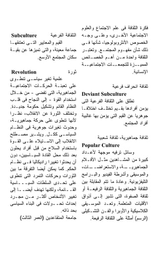 ‫ﻓﻜﺭﺓ ﺍﻟﺜﻘﺎﻓﺔ ﻓﻰ ﻋﻠﻡ ﺍﻻﺠﺘﻤﺎﻉ ﻭﺍﻟﻌﻠﻭﻡ‬
 ‫‪Subculture‬‬           ‫ﺍﻟﺜﻘﺎﻓﺔ ﺍﻟﻔﺭﻋﻴﺔ‬    ‫ﺍﻻﺠﺘﻤﺎﻋﻴﺔ ﺍﻷﺨـﺭﻯ، ﻭﻋﻠـﻰ ﻭﺠـﻪ‬
‫ﺍﻟﻘﻴﻡ ﻭﺍﻟﻤﻌﺎﻴﻴﺭ ﺍﻟﺘـﻰ ﺘﻌﺘﻨﻘﻬـﺎ‬           ‫ﺍﻟﺨﺼﻭﺹ ﺍﻷﻨﺜﺭﻭﺒﻭﻟﻭﺠﻴﺎ، ﺸﺄﻨﻬﺎ ﻓـﻰ‬
‫ﺠﻤﺎﻋﺔ ﻤﻌﻴﻨﺔ، ﻭﺍﻟﺘﻰ ﺘﻤﻴﺯﻫﺎ ﻋﻥ ﺒﻘﻴـﺔ‬       ‫ﺫﻟﻙ ﺸﺄﻥ ﻤﻔﻬـﻭﻡ ﺍﻟﻤﺠﺘﻤـﻊ. ﻭﺘﻌﺘﺒـﺭ‬
              ‫ﺴﻜﺎﻥ ﺍﻟﻤﺠﺘﻤﻊ ﺍﻷﻭﺴﻊ.‬        ‫ﺍﻟﺜﻘﺎﻓﺔ ﻭﺍﺤﺩﺓ ﻤـﻥ ﺃﻫـﻡ ﺍﻟﺨﺼـﺎﺌﺹ‬
                                         ‫ـﺔ‬‫ـﺎﺕ ﺍﻻﺠﺘﻤﺎﻋﻴـ‬  ‫ـﺯﺓ ﻟﻠﺘﺠﻤﻌـ‬ ‫ﺍﻟﻤﻤﻴـ‬
  ‫‪Revolution‬‬                      ‫ﺜﻭﺭﺓ‬                             ‫ﺍﻹﻨﺴﺎﻨﻴﺔ.‬
‫ﻋﻠﻤﻴﺔ ﺘﻐﻴﺭ ﺴﻴﺎﺴـﻰ ﺘﻨﻁـﻭﻯ‬
‫ﻋﻠﻰ ﺘﻌﺒﺌـﺔ ﺍﻟﺤﺭﻜـﺎﺕ ﺍﻻﺠﺘﻤﺎﻋﻴـﺔ‬                             ‫ﺜﻘﺎﻓﺔ ﺍﻨﺤﺭﺍﻑ ﻓﺭﻋﻴﺔ‬
‫ﺍﻟﺠﻤﺎﻫﻴﺭﻴﺔ، ﺍﻟﺘﻰ ﺘﻔﻀﻰ - ﻤﻥ ﺨـﻼل‬          ‫‪Deviant Subculture‬‬
‫ﺍﺴﺘﺨﺩﺍﻡ ﺍﻟﻘﻭﺓ - ﺇﻟﻰ ﺍﻟﻨﺠﺎﺡ ﻓﻰ ﻗﻠـﺏ‬       ‫ﺘﻁﻠﻕ ﻋﻠﻰ ﺍﻟﺜﻘﺎﻓﺔ ﺍﻟﻔﺭﻋﻴﺔ ﺍﻟﺘﻰ‬
‫ﺍﻟﻨﻅﺎﻡ ﺍﻟﻘﺎﺌﻡ ﻭﺘﺸﻜﻴل ﺤﻜﻭﻤﺔ ﺠﺩﻴـﺩﺓ.‬       ‫ﻴﺅﻤﻥ ﺃﻓﺭﺍﺩﻫﺎ ﺒﻘـﻴﻡ ﺘﺨﺘﻠـﻑ ﺍﺨﺘﻼﻓـﺎ‬
‫ﻭﺘﺨﺘﻠﻑ ﺍﻟﺜﻭﺭﺓ ﻋﻥ ﺍﻻﻨﻘﻼﺏ، ﻨﻅـﺭﺍ‬
‫ﹰ‬                                        ‫ﺠﻭﻫﺭﻴﺎ ﻋﻥ ﺍﻟﻘﻴﻡ ﺍﻟﺘﻰ ﻴﺅﻤﻥ ﺒﻬﺎ ﻏﺎﻟﺒﻴﺔ‬
‫ﻷﻨﻬﺎ ﺘﻨﻁﻭﻯ ﻋﻠﻰ ﺤﺭﻜﺔ ﺠﻤﺎﻫﻴﺭﻴـﺔ،‬                                   ‫ﺃﻓﺭﺍﺩ ﺍﻟﻤﺠﺘﻤﻊ.‬
‫ﻭﺤﺩﻭﺙ ﺘﻐﻴﺭﺍﺕ ﺠﻭﻫﺭﻴﺔ ﻓﻰ ﺍﻟﻨﻅـﺎﻡ‬
‫ﺍﻟﺴﻴﺎﺴـﻰ ﻜﻜـل. ﻭﻴﺸـﻴﺭ ﻤﺼ ـﻁﻠﺢ‬
    ‫ـ‬          ‫ـ‬        ‫ـ‬     ‫ـ‬
                                                  ‫ﺜﻘﺎﻓﺔ ﺠﻤﺎﻫﻴﺭﻴﺔ، ﺜﻘﺎﻓﺔ ﺸﻌﺒﻴﺔ‬
‫ﺍﻻﻨﻘﻼﺏ ﺇﻟﻰ ﺍﻻﺴـﺘﻴﻼﺀ ﻋﻠـﻰ ﺍﻟﻘـﻭﺓ‬
                                         ‫‪Popular Culture‬‬
‫ﺒﺎﺴﺘﺨﺩﺍﻡ ﺍﻟﺴﻼﺡ ﻤﻥ ﻗﺒل ﺃﻓﺭﺍﺩ ﻴﺤﻠﻭﻥ‬
‫ﺒﻌﺩ ﺫﻟﻙ ﻤﺤل ﺍﻟﻘﺎﺩﺓ ﺍﻟﺴﻴـﺎﺴﻴﻴﻥ، ﺩﻭﻥ‬       ‫ﻭﺴﺎﺌل ﺘﺭﻓﻴﻪ ﻤﻭﺠﻬﺔ ﻷﻋـﺩﺍﺩ‬
‫ﺃﻥ ﻴﺤﺩﺜﻭﺍ ﺘﻐﻴﻴﺭﺍ ﺭﺍﺩﻴﻜﺎﻟﻴﺎ ﻓـﻰ ﻨﻅـﺎﻡ‬
              ‫ﹰ‬       ‫ﹰ‬                  ‫ﻜﺒﻴﺭﺓ ﻤﻥ ﺍﻟﻤﺸـﺎﻫﺩﻴﻥ ﻤﺜـل ﺍﻷﻓـﻼﻡ‬
‫ﺍﻟﺤﻜﻡ. ﻜﻤﺎ ﻴﻤﻜﻥ ﺃﻴﻀﺎ ﺍﻟﺘﻔﺭﻗﺔ ﻤﺎ ﺒﻴﻥ‬
                 ‫ﹰ‬                       ‫ـﺎﺕ،‬‫ـﺔ، ﻭﺍﻻﺴﺘﻌﺭﺍﻀــ‬      ‫ﺍﻟﺠﻤﺎﻫﻴﺭﻴــ‬
‫ﺍﻟﺜﻭﺭﺍﺕ ﻭﺤﺭﻜﺎﺕ ﺍﻟﺘﻤﺭﺩ ﺍﻟﺘﻰ ﺘﻨﻁﻭﻯ‬         ‫ﻭﺍﻟﻤﻭﺴﻴﻘﻰ ﻭﺃﺸﺭﻁﺔ ﺍﻟﻔﻴﺩﻴﻭ ﻭﺍﻟﺒـﺭﺍﻤﺞ‬
‫ﻋﻠﻰ ﺘﺤـﺩﻯ ﺍﻟﺴﻠﻁﺎﺕ ﺍﻟﺴﻴـــﺎﺴﻴﺔ‬            ‫ﺍﻟﺘﻠﻴﻔﺯﻴﻭﻨﻴﺔ. ﻭﻋﺎﺩﺓ ﻤﺎ ﺘﺘﻡ ﺍﻟﻤﻘﺎﺒﻠﺔ ﺒﻴﻥ‬
‫ﺍﻟﻘــﺎﺌﻤﺔ، ﻭﻟﻜﻨﻬﺎ ﺘﻬﺩﻑ ﺃﻴﻀــﺎ ﺇﻟﻰ‬
    ‫ﹰ‬                                    ‫ﺍﻟﺜﻘﺎﻓﺔ ﺍﻟﺠﻤﺎﻫﻴﺭﻴﺔ ﻭﺍﻟﺜﻘﺎﻓﺔ ﺍﻟﺭﻓﻴﻌـﺔ ﺃﻭ‬
‫ﺘﻐﻴﻴﺭ ﺍﻷﺸﺨﺎﺹ ﺃﻜﺜـﺭ ﻤـﻥ ﻤﺠـﺭﺩ‬             ‫ﺜﻘﺎﻓﺔ ﺍﻟﺼﻔﻭﺓ، ﺍﻟﺘﻰ ﺘﺸﻴﺭ ﺇﻟـﻰ ﺃﺫﻭﺍﻕ‬
‫ﺇﺤﺩﺍﺙ ﺘﺤــﻭﻻﺕ ﻓﻰ ﺍﻟﺒﻨﺎﺀ ﺍﻟﺴﻴﺎﺴﻰ‬          ‫ﺍﻷﻗﻠﻴﺎﺕ ﺍﻟﻤﺘﻌﻠﻤﺔ. ﻭﺘﻌـﺩ ﺍﻟﻤﻭﺴـﻴﻘﻰ‬
                             ‫ﺒﺤﺩ ﺫﺍﺘﻪ.‬   ‫ﺍﻟﻜﻼﺴﻴﻜﻴﺔ ﻭﺍﻷﻭﺒﺭﺍ ﻭﺍﻟﻔـﻥ ﺍﻟﺘﺸـﻜﻴﻠﻰ‬
      ‫ﺠﺎﻤﻌﺔ ﺍﻟﻤﺘﻘﺎﻋﺩﻴﻥ )ﺍﻟﻌﻤﺭ ﺍﻟﺜﺎﻟﺙ(‬        ‫)ﺍﻟﺭﺴﻡ( ﺃﻤﺜﻠﺔ ﻋﻠﻰ ﺍﻟﺜﻘﺎﻓﺔ ﺍﻟﺭﻓﻴﻌﺔ.‬
 