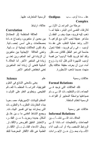 ‫ﺍﻟﺭﺴﻤﻴﺔ ﺍﻟﻤﺘﻌﺎﺭﻑ ﻋﻠﻴﻬﺎ.‬    ‫‪Oedipus‬‬        ‫ـﺏ‬ ‫ـﺩﺓ ﺃﻭﺩﻴــ‬ ‫ﻋﻘــ‬
                                                              ‫‪Complex‬‬
                       ‫ﻋﻼﻗﺔ، ﺍﺭﺘﺒﺎﻁ‬    ‫ﻤﺭﺤﻠﺔ ﻤﻥ ﺍﻟﻤﺭﺍﺤـل ﺍﻷﻭﻟـﻰ‬
‫‪Correlation‬‬                            ‫ﻟﻼﺭﺘﻘﺎﺀ ﺍﻟﻨﻔﺴﻰ ﻟﺩﻯ ﺍﻟﺒﺸﺭ، ﻁﺒﻘﺎ ﻟﻤـﺎ‬
                                            ‫ﹰ‬
‫ﺍﻟﻌﻼﻗﺔ ﺍﻟﻤﻨﺘﻅﻤﺔ )ﺃﻭ ﺍﻟﻤﻌﺘﺎﺩﺓ(‬          ‫ﺫﻫﺏ ﺇﻟﻴﻪ ﻓﺭﻭﻴﺩ، ﺤﻴﺙ ﻴﺨﺒـﺭ ﺍﻟﻁﻔـل‬
‫ﺒﻴﻥ ﺒﻌﺩﻴﻥ ﺃﻭ ﻤﺘﻐﻴﺭﻴﻥ، ﻭﺘﺼﺎﻍ ﻋـﺎﺩﺓ‬      ‫ﻤﺸﺎﻋﺭ ﻋﻤﻴﻘﺔ ﻟﺤﺏ ﺍﻷﻡ، ﻤﻊ ﻜﺭﺍﻫﻴـﺔ‬
‫ﺒﻤﺼﻁﻠﺤﺎﺕ ﻭﻋﻠﻰ ﺃﺴﺱ ﺇﺤﺼـﺎﺌﻴﺔ.‬            ‫ﺍﻷﺏ. ﻭﺘﻌﺩ ﻋﻤﻠﻴﺔ ﺍﻟﺘﻐﻠﺏ ﻋﻠﻰ ﻋﻘـﺩﺓ‬
‫ﻭﻗﺩ ﺘﻜﻭﻥ ﺍﻟﻌﻼﻗﺎﺕ ﺇﻴﺠﺎﺒﻴﺔ ﺃﻭ ﺴـﻠﺒﻴﺔ.‬    ‫ﺃﻭﺩﻴﺏ - ﻓﻰ ﺭﺃﻯ ﻓﺭﻭﻴﺩ- ﻨﻘﻁﺔ ﺘﺤﻭل‬
‫ﻭﺘﻌﻨﻰ ﺍﻟﻌﻼﻗﺔ ﺍﻹﻴﺠﺎﺒﻴﺔ ﺒﻴﻥ ﻤﺘﻐﻴﺭﻴﻥ‬      ‫ﺤﺎﺴﻤﺔ ﻓﻰ ﻨﻤﻭ ﺍﻟﻁﻔل ﻜﻜﺎﺌﻥ ﻤﺴـﺘﻘل.‬
‫ﺃﻥ ﺍﻟﺯﻴﺎﺩﺓ ﻓﻰ ﺃﺤﺩ ﺍﻟﻤﺘﻐﻴـﺭﻴﻥ ﺘﻌﻨـﻰ‬     ‫ﻭﻟﻘﺩ ﺃﺨﺫ ﻓﺭﻭﻴﺩ ﻜﻠﻤﺔ "ﺃﻭﺩﻴﺏ" ﻤﻥ ﻗﺼﺔ‬
‫ﺯﻴﺎﺩﺓ ﻓﻰ ﺍﻟﻤﺘﻐﻴﺭ ﺍﻵﺨﺭ. ﺃﻤﺎ ﺍﻟﻌﻼﻗـﺔ‬     ‫ﺃﻭﺩﻴﺏ ﺍﻟﺸﻬﻴﺭﺓ ﺍﻟﺫﻯ ﻗﺘل ﺃﺒﺎﻩ ﻭﺘـﺯﻭﺝ‬
‫ﺍﻟﺴﻠﺒﻴﺔ ﻓﺘﻌﻨﻰ ﺃﻥ ﺯﻴﺎﺩﺓ ﺃﺤﺩ ﺍﻟﻤﺘﻐﻴﺭﻴﻥ‬   ‫ﺃﻤﻪ، ﺩﻭﻥ ﺃﻥ ﻴﻌﺭﻑ ﺤﻘﻴﻘﺔ ﻋﻼﻗﺘﻪ ﺒﻜل‬
          ‫ﺘﻌﻨﻰ ﺍﻨﺨﻔﺎﺽ ﺍﻟﻤﺘﻐﻴﺭ ﺍﻵﺨﺭ.‬           ‫ﻤﻨﻬﻤﺎ، ﺤﺴﺒﻤﺎ ﺘﺫﻫﺏ ﺍﻷﺴﻁﻭﺭﺓ.‬

 ‫‪Science‬‬                        ‫ﻋﻠﻡ‬                          ‫ﻋﻼﻗﺎﺕ ﺭﺴﻤﻴﺔ‬
‫ﻴﻌﻨﻰ ﺒﺎﻟﻤﻌﻨﻰ ﺍﻟﺸﺎﺌﻊ ﻓﻰ ﺍﻟﻌﻠﻭﻡ‬          ‫‪Formal Relations‬‬
‫ﺍﻟﻔﻴﺯﻴﻘﻴﺔ، ﺍﻟﺩﺭﺍﺴـﺔ ﺍﻟﻤﻨﻅﻤـﺔ ﻟﻠﻌـﺎﻟﻡ‬   ‫ﺘﻠﻙ ﺍﻟﻌﻼﻗﺎﺕ ﺍﻟﺘﻰ ﺘﻭﺠﺩ ﻓـﻰ‬
‫ﺍﻟﻁﺒﻴﻌﻰ. ﻭﻴﻨﻁﻭﻯ ﺍﻟﻌﻠﻡ ﻋﻠﻰ ﺍﻟﺘﻭﻟﻴـﺩ‬     ‫ﺍﻟﺠﻤﺎﻋ ـﺎﺕ ﻭﺍﻟﺘﻨﻅﻴﻤ ـﺎﺕ ﺍﻟﺘ ـﻰ ﻴ ـﺘﻡ‬
                                         ‫ـ‬            ‫ـ‬            ‫ـ‬
                                       ‫ﺼﻴﺎﻏﺘﻬﺎ ﺒﻭﺍﺴﻁﺔ ﺍﻟﻤﻌﺎﻴﻴﺭ ﺃﻭ ﺍﻟﻘﻭﺍﻋـﺩ‬
‫ﺍﻟﻤﻨﻅﻡ ﻟﻠﺒﻴﺎﻨﺎﺕ ﺍﻹﻤﺒﻴﺭﻴﻘﻴﺔ، ﻤﺼـﺤﻭﺒﺎ‬                   ‫ﺍﻟﺭﺴﻤﻴﺔ ﻟﻨﻅﺎﻡ ﺍﻟﺴﻠﻁﺔ.‬
‫ﺒﺒﻨﺎﺀ ﺍﻟﻤﻘﺎﺭﺒﺎﺕ ﺍﻟﻨﻅﺭﻴـﺔ ﻭﺍﻟﻨﻅﺭﻴـﺎﺕ‬
‫ﺍﻟﺘﻰ ﻴﺴﺘﺭﺸﺩ ﺒﻬﺎ ﻓﻰ ﺘﻔﺴﻴﺭ ﺍﻟﺒﻴﺎﻨـﺎﺕ.‬                     ‫ﻋﻼﻗﺎﺕ ﻏﻴﺭ ﺭﺴﻤﻴﺔ‬
‫ﻭﻴﺠﻤﻊ ﺍﻟﻨﺸﺎﻁ ﺍﻟﻌﻠﻤﻰ ﻤﺎ ﺒـﻴﻥ ﺨﻠـﻕ‬       ‫‪Informal Relations‬‬
‫ﺃﺸﻜﺎل ﺠﺩﻴﺩﺓ ﻭﺠﺭﻴﺌـﺔ ﻤـﻥ ﺍﻟﻔﻜـﺭ،‬        ‫ﺍﻟﻌﻼﻗـﺎﺕ ﺍﻟﺘـﻰ ﺘﻨﺸـﺄ ﺒـﻴﻥ‬
                                          ‫ـ ـ‬       ‫ـ‬       ‫ـ‬
‫ﻭﺍﻻﺨﺘﺒﺎﺭ ﺍﻟﺩﻗﻴﻕ ﻟﻠﻔﺭﻭﺽ ﻭﺍﻷﻓﻜـﺎﺭ.‬       ‫ﺍﻟﺠﻤﺎﻋﺎﺕ ﻭﺍﻟﺘﻨﻅﻴﻤﺎﺕ ﺍﺴـﺘﻨﺎﺩﺍ ﺇﻟـﻰ‬
‫ﻭﻴﻤﺜل ﺍﻻﺩﻋﺎﺀ ﺍﻟﻘﺎﺌـل ﺒـﺄﻥ ﺍﻷﻓﻜـﺎﺭ‬      ‫ﺍﻟﺭﻭﺍﺒﻁ ﺍﻟﺸﺨﺼـﻴﺔ؛ ﺃﻭ ﺃﺴـﺎﻟﻴﺏ ﺃﺩﺍﺀ‬
‫ﺍﻟﻌﻠﻤﻴﺔ ﻫﻰ ﺘﻠﻙ ﺍﻷﻓﻜﺎﺭ ﺍﻟﻤﻌﺭﻀﺔ ﻟﻠﻨﻘﺩ‬    ‫ﺍﻷﺸ ـﻴﺎﺀ ﺒﻤﻌ ـﺯل ﻋ ـﻥ ﺍﻹﺠ ـﺭﺍﺀﺍﺕ‬
                                             ‫ـ‬       ‫ـ‬      ‫ـ‬      ‫ـ‬
 
