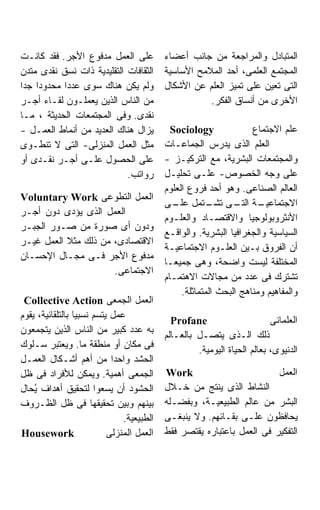 ‫ﻋﻠﻰ ﺍﻟﻌﻤل ﻤﺩﻓﻭﻉ ﺍﻷﺠﺭ. ﻓﻘﺩ ﻜﺎﻨـﺕ‬            ‫ﺍﻟﻤﺘﺒﺎﺩل ﻭﺍﻟﻤﺭﺍﺠﻌﺔ ﻤﻥ ﺠﺎﻨﺏ ﺃﻋﻀﺎﺀ‬
‫ﺍﻟﺜﻘﺎﻓﺎﺕ ﺍﻟﺘﻘﻠﻴﺩﻴﺔ ﺫﺍﺕ ﻨﺴﻕ ﻨﻘﺩﻯ ﻤﺘﺩﻥ‬       ‫ﺍﻟﻤﺠﺘﻤﻊ ﺍﻟﻌﻠﻤﻰ، ﺃﺤﺩ ﺍﻟﻤﻼﻤﺢ ﺍﻷﺴﺎﺴﻴﺔ‬
‫ﻭﻟﻡ ﻴﻜﻥ ﻫﻨﺎﻙ ﺴﻭﻯ ﻋﺩﺩﺍ ﻤﺤﺩﻭﺩﺍ ﺠﺩﺍ‬           ‫ﺍﻟﺘﻰ ﺘﻌﻴﻥ ﻋﻠﻰ ﺘﻤﻴﺯ ﺍﻟﻌﻠﻡ ﻋﻥ ﺍﻷﺸﻜﺎل‬
‫ﻤﻥ ﺍﻟﻨﺎﺱ ﺍﻟﺫﻴﻥ ﻴﻌﻤﻠـﻭﻥ ﻟﻘـﺎﺀ ﺃﺠـﺭ‬                     ‫ﺍﻷﺨﺭﻯ ﻤﻥ ﺃﻨﺴﺎﻕ ﺍﻟﻔﻜﺭ.‬
‫ﻨﻘﺩﻯ. ﻭﻓﻰ ﺍﻟﻤﺠﺘﻤﻌﺎﺕ ﺍﻟﺤﺩﻴﺜﺔ ، ﻤـﺎ‬
‫ﻴﺯﺍل ﻫﻨﺎﻙ ﺍﻟﻌﺩﻴﺩ ﻤﻥ ﺃﻨﻤﺎﻁ ﺍﻟﻌﻤـل -‬           ‫‪Sociology‬‬              ‫ﻋﻠﻡ ﺍﻻﺠﺘﻤﺎﻉ‬
‫ﻤﺜل ﺍﻟﻌﻤل ﺍﻟﻤﻨﺯﻟﻰ- ﺍﻟﺘﻰ ﻻ ﺘﻨﻁـﻭﻯ‬           ‫ﺍﻟﻌﻠﻡ ﺍﻟﺫﻯ ﻴﺩﺭﺱ ﺍﻟﺠﻤﺎﻋـﺎﺕ‬
‫ﻋﻠﻰ ﺍﻟﺤﺼﻭل ﻋﻠـﻰ ﺃﺠـﺭ ﻨﻘـﺩﻯ ﺃﻭ‬              ‫ﻭﺍﻟﻤﺠﺘﻤﻌﺎﺕ ﺍﻟﺒﺸﺭﻴﺔ، ﻤﻊ ﺍﻟﺘﺭﻜﻴـﺯ -‬
                            ‫ﺭﻭﺍﺘﺏ.‬         ‫ﻋﻠﻰ ﻭﺠﻪ ﺍﻟﺨﺼﻭﺹ- ﻋﻠـﻰ ﺘﺤﻠﻴـل‬
                                           ‫ﺍﻟﻌﺎﻟﻡ ﺍﻟﺼﻨﺎﻋﻰ. ﻭﻫﻭ ﺃﺤﺩ ﻓﺭﻭﻉ ﺍﻟﻌﻠﻭﻡ‬
‫ﺍﻟﻌﻤل ﺍﻟﺘﻁﻭﻋﻰ ‪Voluntary Work‬‬
                                           ‫ـﺔ ـﻰ ـﺘﻤل ـﻰ‬
                                              ‫ﻋﻠـ‬       ‫ﺍﻻﺠﺘﻤﺎﻋﻴـ ﺍﻟﺘـ ﺘﺸـ‬
‫ﺍﻟﻌﻤل ﺍﻟﺫﻯ ﻴﺅﺩﻯ ﺩﻭﻥ ﺃﺠـﺭ‬
                                           ‫ﺍﻷﻨﺜﺭﻭﺒﻭﻟﻭﺠﻴﺎ ﻭﺍﻻﻗﺘﺼـﺎﺩ ﻭﺍﻟﻌﻠـﻭﻡ‬
‫ﻭﺩﻭﻥ ﺃﻯ ﺼﻭﺭﺓ ﻤﻥ ﺼـﻭﺭ ﺍﻟﺠﺒـﺭ‬
                                           ‫ﺍﻟﺴﻴﺎﺴﻴﺔ ﻭﺍﻟﺠﻐﺭﺍﻓﻴﺎ ﺍﻟﺒﺸﺭﻴﺔ. ﻭﺍﻟﻭﺍﻗـﻊ‬
‫ﺍﻻﻗﺘﺼﺎﺩﻯ، ﻤﻥ ﺫﻟﻙ ﻤﺜﻼ ﺍﻟﻌﻤل ﻏﻴـﺭ‬
                                           ‫ﺃﻥ ﺍﻟﻔﺭﻭﻕ ﺒـﻴﻥ ﺍﻟﻌﻠـﻭﻡ ﺍﻻﺠﺘﻤﺎﻋﻴـﺔ‬
‫ﻤﺩﻓﻭﻉ ﺍﻷﺠﺭ ﻓـﻰ ﻤﺠـﺎل ﺍﻹﺤﺴـﺎﻥ‬
                                           ‫ﺍﻟﻤﺨﺘﻠﻔﺔ ﻟﻴﺴﺕ ﻭﺍﻀﺤﺔ، ﻭﻫﻰ ﺠﻤﻴﻌـﺎ‬
                      ‫ﺍﻻﺠﺘﻤﺎﻋﻰ.‬
                                           ‫ﺘﺸﺘﺭﻙ ﻓﻰ ﻋﺩﺩ ﻤﻥ ﻤﺠﺎﻻﺕ ﺍﻻﻫﺘﻤـﺎﻡ‬
                                                ‫ﻭﺍﻟﻤﻔﺎﻫﻴﻡ ﻭﻤﻨﺎﻫﺞ ﺍﻟﺒﺤﺙ ﺍﻟﻤﺘﻤﺎﺜﻠﺔ.‬
 ‫ﺍﻟﻌﻤل ﺍﻟﺠﻤﻌﻰ ‪Collective Action‬‬
‫ﻋﻤل ﻴﺘﺴﻡ ﻨﺴﺒﻴﺎ ﺒﺎﻟﺘﻠﻘﺎﺌﻴﺔ، ﻴﻘﻭﻡ‬
                 ‫ﹰ‬                           ‫‪Profane‬‬                      ‫ﺍﻟﻌﻠﻤﺎﻨﻰ‬
‫ﺒﻪ ﻋﺩﺩ ﻜﺒﻴﺭ ﻤﻥ ﺍﻟﻨﺎﺱ ﺍﻟﺫﻴﻥ ﻴﺘﺠﻤﻌﻭﻥ‬         ‫ﺫﻟﻙ ﺍﻟـﺫﻯ ﻴﺘﺼـل ﺒﺎﻟﻌـﺎﻟﻡ‬
‫ﻓﻰ ﻤﻜﺎﻥ ﺃﻭ ﻤﻨﻁﻘﺔ ﻤﺎ. ﻭﻴﻌﺘﺒﺭ ﺴـﻠﻭﻙ‬                   ‫ﺍﻟﺩﻨﻴﻭﻯ، ﺒﻌﺎﻟﻡ ﺍﻟﺤﻴﺎﺓ ﺍﻟﻴﻭﻤﻴﺔ.‬
‫ﺍﻟﺤﺸﺩ ﻭﺍﺤﺩﺍ ﻤﻥ ﺃﻫﻡ ﺃﺸـﻜﺎل ﺍﻟﻌﻤـل‬
                            ‫ﹰ‬
‫ﺍﻟﺠﻤﻌﻰ ﺃﻫﻤﻴﺔ. ﻭﻴﻤﻜﻥ ﻟﻸﻓﺭﺍﺩ ﻓﻰ ﻅل‬           ‫‪Work‬‬                         ‫ﺍﻟﻌﻤل‬
‫ﺍﻟﺤﺸﻭﺩ ﺃﻥ ﻴﺴﻌﻭﺍ ﻟﺘﺤﻘﻴﻕ ﺃﻫﺩﺍﻑ ُﺤﺎل‬
    ‫ﻴ‬                                      ‫ﺍﻟﻨﺸﺎﻁ ﺍﻟﺫﻯ ﻴﻨﺘﺞ ﻤﻥ ﺨـﻼل‬
‫ﺒﻴﻨﻬﻡ ﻭﺒﻴﻥ ﺘﺤﻘﻴﻘﻬﺎ ﻓﻰ ﻅل ﺍﻟﻅـﺭﻭﻑ‬           ‫ﺍﻟﺒﺸﺭ ﻤﻥ ﻋﺎﻟﻡ ﺍﻟﻁﺒﻴﻌﻴـﺔ، ﻭﺒﻔﻀـﻠﻪ‬
                               ‫ﺍﻟﻁﺒﻴﻌﻴﺔ.‬   ‫ﻴﺤﺎﻓﻅﻭﻥ ﻋﻠـﻰ ﺒﻘـﺎﺌﻬﻡ. ﻭﻻ ﻴﻨﺒﻐـﻰ‬
‫‪Housework‬‬                  ‫ﺍﻟﻌﻤل ﺍﻟﻤﻨﺯﻟﻰ‬   ‫ﺍﻟﺘﻔﻜﻴﺭ ﻓﻰ ﺍﻟﻌﻤل ﺒﺎﻋﺘﺒﺎﺭﻩ ﻴﻘﺘﺼﺭ ﻓﻘﻁ‬
 