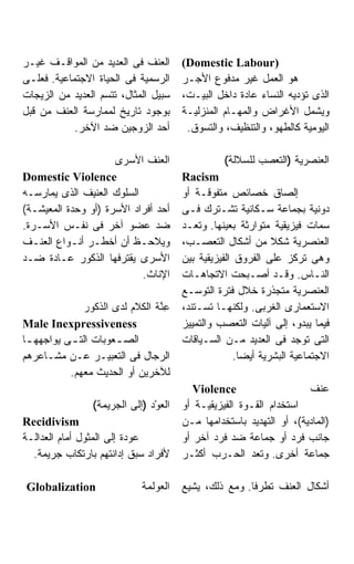 ‫ﺍﻟﻌﻨﻑ ﻓﻰ ﺍﻟﻌﺩﻴﺩ ﻤﻥ ﺍﻟﻤﻭﺍﻗـﻑ ﻏﻴـﺭ‬        ‫)‪(Domestic Labour‬‬
‫ﺍﻟﺭﺴﻤﻴﺔ ﻓﻰ ﺍﻟﺤﻴﺎﺓ ﺍﻻﺠﺘﻤﺎﻋﻴﺔ. ﻓﻌﻠـﻰ‬      ‫ﻫﻭ ﺍﻟﻌﻤل ﻏﻴﺭ ﻤﺩﻓﻭﻉ ﺍﻷﺠـﺭ‬
‫ﺴﺒﻴل ﺍﻟﻤﺜﺎل، ﺘﺘﺴﻡ ﺍﻟﻌﺩﻴﺩ ﻤﻥ ﺍﻟﺯﻴﺠﺎﺕ‬     ‫ﺍﻟﺫﻯ ﺘﺅﺩﻴﻪ ﺍﻟﻨﺴﺎﺀ ﻋﺎﺩﺓ ﺩﺍﺨل ﺍﻟﺒﻴـﺕ،‬
‫ﺒﻭﺠﻭﺩ ﺘﺎﺭﻴﺦ ﻟﻤﻤﺎﺭﺴﺔ ﺍﻟﻌﻨﻑ ﻤﻥ ﻗﺒل‬        ‫ﻭﻴﺸﻤل ﺍﻷﻏﺭﺍﺽ ﻭﺍﻟﻤﻬـﺎﻡ ﺍﻟﻤﻨﺯﻟﻴـﺔ‬
            ‫ﺃﺤﺩ ﺍﻟﺯﻭﺠﻴﻥ ﻀﺩ ﺍﻵﺨﺭ.‬         ‫ﺍﻟﻴﻭﻤﻴﺔ ﻜﺎﻟﻁﻬﻭ، ﻭﺍﻟﺘﻨﻅﻴﻑ، ﻭﺍﻟﺘﺴﻭﻕ.‬

                     ‫ﺍﻟﻌﻨﻑ ﺍﻷﺴﺭﻯ‬                  ‫ﺍﻟﻌﻨﺼﺭﻴﺔ )ﺍﻟﺘﻌﺼﺏ ﻟﻠﺴﻼﻟﺔ(‬
‫‪Domestic Violence‬‬                       ‫‪Racism‬‬
‫ﺍﻟﺴﻠﻭﻙ ﺍﻟﻌﻨﻴﻑ ﺍﻟﺫﻯ ﻴﻤﺎﺭﺴـﻪ‬              ‫ﺇﻟﺼﺎﻕ ﺨﺼﺎﺌﺹ ﻤﺘﻔﻭﻗـﺔ ﺃﻭ‬
‫ﺃﺤﺩ ﺃﻓﺭﺍﺩ ﺍﻷﺴﺭﺓ )ﺃﻭ ﻭﺤﺩﺓ ﺍﻟﻤﻌﻴﺸـﺔ(‬      ‫ﺩﻭﻨﻴﺔ ﺒﺠﻤﺎﻋﺔ ﺴـﻜﺎﻨﻴﺔ ﺘﺸـﺘﺭﻙ ﻓـﻰ‬
‫ﻀﺩ ﻋﻀﻭ ﺁﺨﺭ ﻓﻰ ﻨﻔـﺱ ﺍﻷﺴـﺭﺓ.‬              ‫ﺴﻤﺎﺕ ﻓﻴﺯﻴﻘﻴﺔ ﻤﺘﻭﺍﺭﺜﺔ ﺒﻌﻴﻨﻬﺎ. ﻭﺘﻌـﺩ‬
‫ﻭﻴﻼﺤـﻅ ﺃﻥ ﺃﺨﻁـﺭ ﺃﻨـﻭﺍﻉ ﺍﻟﻌﻨـﻑ‬
  ‫ـ‬        ‫ـ ـ‬             ‫ـ‬            ‫ﺍﻟﻌﻨﺼﺭﻴﺔ ﺸﻜﻼ ﻤﻥ ﺃﺸﻜﺎل ﺍﻟﺘﻌﺼـﺏ،‬
‫ﺍﻷﺴﺭﻯ ﻴﻘﺘﺭﻓﻬﺎ ﺍﻟﺫﻜﻭﺭ ﻋـﺎﺩﺓ ﻀـﺩ‬          ‫ﻭﻫﻰ ﺘﺭﻜﺯ ﻋﻠﻰ ﺍﻟﻔﺭﻭﻕ ﺍﻟﻔﻴﺯﻴﻘﻴﺔ ﺒﻴﻥ‬
                           ‫ﺍﻹﻨﺎﺙ.‬       ‫ﺍﻟﻨـﺎﺱ. ﻭﻗـﺩ ﺃﺼـﺒﺤﺕ ﺍﻻﺘﺠﺎﻫـﺎﺕ‬
                                           ‫ـ‬             ‫ـ‬      ‫ـ‬         ‫ـ‬
                                        ‫ﺍﻟﻌﻨﺼﺭﻴﺔ ﻤﺘﺠﺫﺭﺓ ﺨﻼل ﻓﺘﺭﺓ ﺍﻟﺘﻭﺴـﻊ‬
               ‫ِ ﱠﺔ ﺍﻟﻜﻼﻡ ﻟﺩﻯ ﺍﻟﺫﻜﻭﺭ‬
                                 ‫ﻋﻨ‬     ‫ﺍﻻﺴﺘﻌﻤﺎﺭﻯ ﺍﻟﻐﺭﺒﻰ. ﻭﻟﻜﻨﻬـﺎ ﺘﺴـﺘﻨﺩ،‬
‫‪Male Inexpressiveness‬‬                   ‫ﻓﻴﻤﺎ ﻴﺒﺩﻭ، ﺇﻟﻰ ﺁﻟﻴﺎﺕ ﺍﻟﺘﻌﺼﺏ ﻭﺍﻟﺘﻤﻴﻴﺯ‬
‫ﺍﻟﺼ ـﻌﻭﺒﺎﺕ ﺍﻟﺘ ـﻰ ﻴﻭﺍﺠﻬﻬ ـﺎ‬
 ‫ـ‬         ‫ـ‬           ‫ـ‬                ‫ﺍﻟﺘﻰ ﺘﻭﺠﺩ ﻓﻰ ﺍﻟﻌﺩﻴﺩ ﻤـﻥ ﺍﻟﺴـﻴﺎﻗﺎﺕ‬
‫ﺍﻟﺭﺠﺎل ﻓﻰ ﺍﻟﺘﻌﺒﻴـﺭ ﻋـﻥ ﻤﺸـﺎﻋﺭﻫﻡ‬                       ‫ﺍﻻﺠﺘﻤﺎﻋﻴﺔ ﺍﻟﺒﺸﺭﻴﺔ ﺃﻴﻀﺎ.‬
                                                       ‫ﹰ‬
           ‫ﻟﻶﺨﺭﻴﻥ ﺃﻭ ﺍﻟﺤﺩﻴﺙ ﻤﻌﻬﻡ.‬
                                           ‫‪Violence‬‬                   ‫ﻋﻨﻑ‬
                 ‫ﺍﻟﻌﻭْﺩ )ﺇﻟﻰ ﺍﻟﺠﺭﻴﻤﺔ(‬   ‫ﺍﺴﺘﺨﺩﺍﻡ ﺍﻟﻘـﻭﺓ ﺍﻟﻔﻴﺯﻴﻘﻴـﺔ ﺃﻭ‬
‫‪Recidivism‬‬                              ‫)ﺍﻟﻤﺎﺩﻴﺔ(، ﺃﻭ ﺍﻟﺘﻬﺩﻴﺩ ﺒﺎﺴﺘﺨﺩﺍﻤﻬﺎ ﻤـﻥ‬
‫ﻋﻭﺩﺓ ﺇﻟﻰ ﺍﻟﻤﺜﻭل ﺃﻤﺎﻡ ﺍﻟﻌﺩﺍﻟـﺔ‬           ‫ﺠﺎﻨﺏ ﻓﺭﺩ ﺃﻭ ﺠﻤﺎﻋﺔ ﻀﺩ ﻓﺭﺩ ﺁﺨﺭ ﺃﻭ‬
  ‫ﻷﻓﺭﺍﺩ ﺴﺒﻕ ﺇﺩﺍﻨﺘﻬﻡ ﺒﺎﺭﺘﻜﺎﺏ ﺠﺭﻴﻤﺔ.‬      ‫ﺠﻤﺎﻋﺔ ﺃﺨﺭﻯ. ﻭﺘﻌﺩ ﺍﻟﺤـﺭﺏ ﺃﻜﺜـﺭ‬

‫‪Globalization‬‬                ‫ﺍﻟﻌﻭﻟﻤﺔ‬    ‫ﺃﺸﻜﺎل ﺍﻟﻌﻨﻑ ﺘﻁﺭﻓﺎ. ﻭﻤﻊ ﺫﻟﻙ، ﻴﺸﻴﻊ‬
                                                       ‫ﹰ‬
 