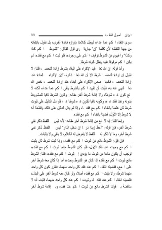 ‫٨٨‬                                                       ‫ﺍﳌﻴﺰﺍﻥ ﰲ ﺃﺻﻮﻝ ﺍﻟﻔﻘـﻪ‬
‫ﺳﻮﻯ ﺍﻧﺘﻔﺎﺀ ﺍﳊﻜﻢ ﻋﻤﺎ ﻋﺪﺍﻩ، ﻟﻴﺒﻄﻞ ﻛﻼﻣﻨﺎ ﺑﺈﺑﺮﺍﺯﻩ ﻓﺎﺋﺪﺓ ﺃﺧﺮﻯ، ﺑﻞ ﻧﻘﻮﻝ ﺑﺎﻧﺘﻔﺎﺋﻪ‬
‫ﻣﻦ ﺟﻬﺔ ﺍﻟﻠﻔﻆ؛ ﻷﻥ ﻛﻠﻤﺔ "ﺇﻥ" ﺟﺎﺭﻳﺔ ﳎﺮﻯ ﻗﻮﻝ ﺍﻟﻘﺎﺋﻞ: "ﺍﻟﺸﺮﻁ ﰲ ﺍﳊﻜﻢ ﻛﺬﺍ‬
‫ﻭﻛﺬﺍ" ﻭﺍﳌﻔﻬﻮﻡ ﻣﻦ ﺍﻟﺸﺮﻁ ﺗﻮﻗﻴﻒ ﺍﳊﻜﻢ ﻋﻠﻰ ﻭﺟﻮﺩﻩ، ﻓﻠﻮ ﺛﺒﺖ ﺍﳊﻜﻢ ﻣﻊ ﻓﻘﺪﻩ، ﻟﹶﻢ‬
                                       ‫ﻳﻜﻦ ﺍﳊﻜﻢ ﻣﻮﻗﻮﻓﹰﺎ ﻋﻠﻴﻪ ﻭﺑﻄﻞ ﻛﻮﻧﻪ ﺷﺮﻃﹰﺎ.‬
‫ﻭﺃﻣﺎ ﻗﻮﻟﻪ: ﺇﻥ ﺍﷲ ﺗﻌﺎﱃ ﻗﻴﺪ ﺍﻹﻛﺮﺍﻩ ﻋﻠﻰ ﺍﻟﺒﻐﺎﺀ ﺑﺸﺮﻁ ﺇﺭﺍﺩﺓ ﺍﻟﺘﺤﺼﲔ، ﻗﻠﻨﺎ: ﻻ‬
‫ﻧﻘﻮﻝ ﺇﻥ ﺇﺭﺍﺩﺓ ﺍﻟﺘﺤﺼﲔ ﺷﺮﻁ ﺇﻻ ﺃﻥ ﺍﷲ ﺗﻌﺎﱃ ﺫﻛﺮﻩ، ﻷﻥ ﺍﻹﻛﺮﺍﻩ ﰲ ﺍﻟﻌﺎﺩﺓ ﻋﻨﺪ‬
‫ﺇﺭﺍﺩﺓ ﺍﻟﺘﺤﺼﲔ، ﻓﻜﻤﺎ ﲣﺼﺺ ﺍﻹﻛﺮﺍﻩ ﻋﻠﻰ ﺍﻟﺒﻐﺎﺀ ﻋﻨﺪ ﺇﺭﺍﺩﺓ ﺍﻟﺘﺤﺼﲔ، ﺧﺺ ﺍﷲ‬
‫ﺗﻌﺎﱃ ﺍﻟﻨﻬﻲ ﻋﻨﻪ ﺑﻪ، ﻓﺜﺒﺖ ﺃﻥ ﺗﻘﻴﻴﺪ ﺍﳊﻜﻢ ﺑﺎﻟﺸﺮﻁ ﻳﻨﻔﻲ ﺍﳊﻜﻢ ﻋﻤﺎ ﻋﺪﺍﻩ، ﻟﻜﻨﻪ ﻻ‬
‫ﳝﻨﻊ ﻛﻮﻥ ﻏﲑﻩ ﺷﺮﻃﹰﺎ، ﻭﻻ ﺇﻗﺎﻣﺔ ﺷﺮﻁ ﺁﺧﺮ ﻣﻘﺎﻣﻪ. ﻭﻛﻮﻥ ﺍﻟﺸﺮﻁ ﻧﺎﻓﻴ‪‬ﺎ ﻟﻠﻤﺸﺮﻭﻁ‬
‫ﺑﺪﻭﻧﻪ ﻭﻋﻨﺪ ﻓﻘﺪ ﻏﲑﻩ، ﻭﻛﻮﻧﻪ ﻧﺎﻓﻴ‪‬ﺎ ﻟﻜﻮﻥ ﻏﲑﻩ ﺷﺮﻃﹰﺎ ﻏﲑ، ﻓﻠﻮ ﺩﻝ ﺍﻟﺪﻟﻴﻞ ﻋﻠﻰ ﺛﺒﻮﺕ‬
‫ﺷﺮﻁ ﺛﺎﻥ ﻋﻠﻤﻨﺎ ﺑﺎﻧﺘﻔﺎﺀ ﺍﳊﻜﻢ ﻣﻊ ﻓﻘﺪﳘﺎ، ﻭﺇﺫﺍ ﻟﹶﻢ ﻳﺪﻝ ﺍﻟﺪﻟﻴﻞ ﻋﻠﻰ ﺫﻟﻚ ﻭﻗﻄﻌﻨﺎ ﺃﻧﻪ‬
                                                                      ‫ٍ‬
                                 ‫ﻻ ﺷﺮﻁ ﺇﻻ ﺍﻷﻭﻝ، ﻗﻀﻴﻨﺎ ﺑﺎﻧﺘﻔﺎﺀ ﺍﳊﻜﻢ ﻣﻊ ﻓﻘﺪﻩ.‬
‫ﻭﺇ‪‬ﻤﺎ ﻗﻠﻨﺎ: ﺇﻧﻪ ﻻ ﳝﻨﻊ ﻣﻦ ﺇﻗﺎﻣﺔ ﺷﺮﻁ ﺁﺧﺮ ﻣﻘﺎﻣﻪ؛ ﻷﻧﻪ ﻟﻴﺲ ﰲ ﺍﻟﻠﻔﻆ ﺫﻛﺮ ﻧﻔﻲ‬ ‫ﻧ‬
‫ﺷﺮﻁ ﺁﺧﺮ، ﻓﺈﻥ ﻗﻮﻟﻪ: "ﺃﻋﻂ ﺯﻳﺪ‪‬ﺍ ﺩﺭﳘﹰﺎ ﺇﻥ ﺩﺧﻞ ﺍﻟﺪﺍﺭ" ﻟﻴﺲ ﰲ ﺍﻟﻠﻔﻆ ﺫﻛﺮ ﻧﻔﻲ‬
        ‫ﺷﺮﻁ ﺁﺧﺮ، ﻭﻣﺎ ﻻ ﺫﻛﺮ ﻟﻪ ﰲ ﺍﻟﻠﻔﻆ ﻻ ﻳﺘﻌﺮﺽ ﻟﻪ ﺍﻟﻜﻼﻡ، ﻻ ﺑﻨﻔﻲ ﻭﻻ ﺑﺈﺛﺒﺎﺕ.‬
‫ﻓﺈﻥ ﻗﻴﻞ: ﺍﻟﺸﺮﻁ ﻣﺎﻧﻊ ﻣﻦ ﺛﺒﻮﺕ ﺍﳊﻜﻢ ﻣﻊ ﻓﻘﺪﻩ، ﻭﺇﺫﺍ ﺛﺒﺖ ﺷﺮﻁ ﺛﺎﻥ ﻳﺜﺒﺖ‬
‫ﺍﳊﻜﻢ ﻣﻊ ﻭﺟﻮﺩﻩ ﻋﻨﺪ ﻓﻘﺪ ﺍﻷﻭﻝ، ﻓﻠﻮ ﻛﺎﻥ ﺍﻟﺸﺮﻁ ﻣﺎﻧﻌ‪‬ﺎ ﺛﺒﻮﺕ ﺍﳊﻜﻢ ﻣﻊ ﻓﻘﺪﻩ،‬
‫ﻟﻮﺟﺐ ﺃﻥ ﻳﻜﻮﻥ ﻣﺎﻧﻌ‪‬ﺎ ﻣﻦ ﺛﺒﻮﺕ ﻣﺎ ﻳﺆﺩﻱ ﺇﱃ ﺛﺒﻮﺕ ﺍﳊﻜﻢ ﻣﻊ ﻓﻘﺪﻩ، ﻗﻠﻨﺎ: ﺍﻟﺸﺮﻁ‬
‫ﻣﺎﻧﻊ ﺛﺒﻮﺕ ﺍﳊﻜﻢ ﻣﻊ ﻓﻘﺪﻩ ﺇﺫﺍ ﻛﺎﻥ ﻫﻮ ﺍﻟﺸﺮﻁ ﻭﺣﺪﻩ، ﺃﻣﺎ ﺇﺫﺍ ﻛﺎﻥ ﻣﻌﻪ ﺷﺮﻁ ﺁﺧﺮ‬
‫ﻋﻠﻰ ﺍﳉﻤﻊ، ﻓﻘﻀﻴﺘﻪ ﺍﻧﺘﻔﺎﺀ ﺍﳊﻜﻢ ﻋﻨﺪ ﻓﻘﺪ ﻛﻞ ﻭﺍﺣﺪ ﻣﻨﻬﻤﺎ، ﻓﺘﻘﺮﺭ ﻛﻮﻥ ﻛﻞ ﻭﺍﺣﺪ‬
‫ﻣﻨﻬﻤﺎ ﺷﺮﻃﹰﺎ، ﻭﻻ ﻳﺜﺒﺖ ﺍﳊﻜﻢ ﻣﻊ ﻓﻘﺪﻩ ﺃﺻﻼﹰ، ﻭﻟﻮ ﻛﺎﻥ ﻣﻌﻪ ﺷﺮﻁ ﺁﺧﺮ ﻋﻠﻰ ﺍﻟﺒﺪﻝ،‬
‫ﻓﻘﻀﻴﺘﻪ ﺍﻧﺘﻔﺎﺀ ﺍﳊﻜﻢ ﻋﻨﺪ ﻓﻘﺪﳘﺎ، ﻭﺛﺒﻮﺕ ﺍﳊﻜﻢ ﻋﻨﺪ ﻛﻞ ﻭﺍﺣﺪ ﻣﻨﻬﻤﺎ، ﻓﺜﺒﺖ ﺃﻧﻪ ﻻ‬
‫ﻣﻨﺎﻗﻀﺔ ﺑﲔ ﻗﻮﻟﻨﺎ ﺍﻟﺸﺮﻁ ﻣﺎﻧﻊ ﻣﻦ ﺛﺒﻮﺕ ﺍﳊﻜﻢ ﻋﻨﺪ ﻓﻘﺪﻩ ﻭﺑﲔ ﺇﻗﺎﻣﺔ ﺷﺮﻁ ﺁﺧﺮ‬
 