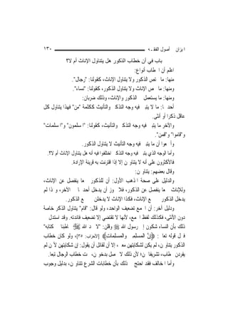 ‫٠٣١‬                                                         ‫ﺍﳌﻴﺰﺍﻥ ﰲ ﺃﺻﻮﻝ ﺍﻟﻔﻘـﻪ‬

             ‫ﺑﺎب ﻓﻲ أن ﺧﻄﺎب اﻟﺬآﻮر هﻞ ﻳﺘﻨﺎول اﻹﻧﺎث أم ﻻ؟‬
                                                ‫ﺍﻋﻠﻢ ﺃﻥ ﺍﳋﻄﺎﺏ ﺃﻧﻮﺍﻉ:‬
               ‫ﻣﻨﻬﺎ: ﻣﺎ ﳜﺘﺺ ﺍﻟﺬﻛﻮﺭ ﻭﻻ ﻳﺘﻨﺎﻭﻝ ﺍﻹﻧﺎﺙ، ﻛﻘﻮﻟﻨﺎ: "ﺭﺟﺎﻝ".‬
               ‫ﻭﻣﻨﻬﺎ: ﻣﺎ ﳜﺺ ﺍﻹﻧﺎﺙ ﻭﻻ ﻳﺘﻨﺎﻭﻝ ﺍﻟﺬﻛﻮﺭ، ﻛﻘﻮﻟﻨﺎ: "ﻧﺴﺎﺀ".‬
                    ‫ﻭﻣﻨﻬﺎ: ﻣﺎ ﻳﺴﺘﻌﻤﻞ ﰲ ﺍﻟﺬﻛﻮﺭ ﻭﺍﻹﻧﺎﺙ، ﻭﺫﻟﻚ ﺿﺮﺑﺎﻥ:‬
‫ﺃﺣﺪﳘﺎ: ﻣﺎ ﻻ ﻳﺘﺒﲔ ﻓﻴﻪ ﻭﺟﻪ ﺍﻟﺘﺬﻛﲑ ﻭﺍﻟﺘﺄﻧﻴﺚ ﻛﻜﻠﻤﺔ "ﻣﻦ" ﻓﻬﺬﺍ ﻳﺘﻨﺎﻭﻝ ﻛﻞ‬
                                                           ‫ﻋﺎﻗﻞ ﺫﻛﺮ‪‬ﺍ ﺃﻭ ﺃﻧﺜﻰ.‬
‫ﻭﺍﻵﺧﺮ ﻣﺎ ﻳﺘﺒﲔ ﻓﻴﻪ ﻭﺟﻪ ﺍﻟﺘﺬﻛﲑ ﻭﺍﻟﺘﺄﻧﻴﺚ، ﻛﻘﻮﻟﻨﺎ: "ﺍﳌﺴﻠﻤﻮﻥ" ﻭ"ﺍﳌﺴﻠﻤﺎﺕ"‬
                                                            ‫ﻭ"ﻗﺎﻣﻮﺍ" ﻭ"ﻗﻤﻦ".‬
                    ‫ﻭﺃﲨﻌﻮﺍ ﺃﻥ ﻣﺎ ﻳﺘﺒﲔ ﻓﻴﻪ ﻭﺟﻪ ﺍﻟﺘﺄﻧﻴﺚ ﻻ ﻳﺘﻨﺎﻭﻝ ﺍﻟﺬﻛﻮﺭ.‬
  ‫ﻭﺃﻣﺎ ﺍﻟﻮﺟﻪ ﺍﻟﺬﻱ ﻳﺘﺒﲔ ﻓﻴﻪ ﻭﺟﻪ ﺍﻟﺘﺬﻛﲑ ﺍﺧﺘﻠﻔﻮﺍ ﻓﻴﻪ ﺃﻧﻪ ﻫﻞ ﻳﺘﻨﺎﻭﻝ ﺍﻹﻧﺎﺙ ﺃﻡ ﻻ؟.‬
                  ‫ﻓﺎﻷﻛﺜﺮﻭﻥ ﻋﻠﻰ ﺃﻧﻪ ﻻ ﻳﺘﻨﺎﻭﳍﻦ ﺇﻻ ﺇﺫﺍ ﺍﻗﺘﺮﻧﺖ ﺑﻪ ﻗﺮﻳﻨﺔ ﺍﻹﺭﺍﺩﺓ.‬
                                                       ‫ﻭﻗﺎﻝ ﺑﻌﻀﻬﻢ: ﻳﺘﻨﺎﻭﳍﻦ:‬
‫ﻭﺍﻟﺪﻟﻴﻞ ﻋﻠﻰ ﺻﺤﺔ ﺍﳌﺬﻫﺐ ﺍﻷﻭﻝ: ﺃﻥ ﻟﻠﺬﻛﻮﺭ ﲨﻌ‪‬ﺎ ﻳﻨﻔﺼﻞ ﻋﻦ ﺍﻹﻧﺎﺙ،‬
‫ﻭﻟﻺﻧﺎﺙ ﲨﻌ‪‬ﺎ ﻳﻨﻔﺼﻞ ﻋﻦ ﺍﻟﺬﻛﻮﺭ، ﻓﻼ ﳚﻮﺯ ﺃﻥ ﻳﺪﺧﻞ ﺃﺣﺪﳘﺎ ﰲ ﺍﻵﺧﺮ، ﻭﳍﺬﺍ ﻟﹶﻢ‬
               ‫ﻳﺪﺧﻞ ﺍﻟﺬﻛﻮﺭ ﰲ ﲨﻊ ﺍﻹﻧﺎﺙ، ﻓﻜﺬﺍ ﺍﻹﻧﺎﺙ ﻻ ﻳﺪﺧﻠﻦ ﰲ ﲨﻊ ﺍﻟﺬﻛﻮﺭ.‬
‫ﻭﺩﻟﻴﻞ ﺁﺧﺮ: ﺃﻥ ﺍﳉﻤﻊ ﺗﻀﻌﻴﻒ ﺍﻟﻮﺍﺣﺪ، ﻭﻟﻮ ﻗﺎﻝ: "ﻗﺎﻡ" ﻳﺘﻨﺎﻭﻝ ﺍﻟﺬﻛﺮ ﺧﺎﺻﺔ‬
‫ﺩﻭﻥ ﺍﻷﻧﺜﻰ، ﻓﻜﺬﻟﻚ ﻟﻔﻆ ﺍﳉﻤﻊ، ﻷ‪‬ﻬﺎ ﻻ ﺗﻘﺘﻀﻲ ﺇﻻ ﺗﻀﻌﻴﻒ ﻓﺎﺋﺪﺗﻪ. ﻭﻗﺪ ﺍﺳﺘﺪﻝ ﰲ‬
                                                 ‫ﻧ‬
‫ﺫﻟﻚ ﺑﺄﻥ ﺍﻟﻨﺴﺎﺀ ﺷﻜﻮﻥ ﺇﱃ ﺭﺳﻮﻝ ﺍﷲ ‪ ‬ﻭﻗﻠﻦ: "ﻻ ﳒﺪ ﺍﷲ ‪ ‬ﳜﺎﻃﺒﻨﺎ ﰲ ﻛﺘﺎﺑﻪ"‬
‫ﻓﱰﻝ ﻗﻮﻟﻪ ﺗﻌﺎﱃ: ‪‬ﺇِﻥ ﺍﹾﻟﻤ‪‬ﺴﻠﻤﲔ ﻭ‪‬ﺍﹾﻟﻤﺴﻠﻤ‪‬ﺎﺕ‪] ‬ﺍﻷﺣﺰﺍﺏ: ٥٣[، ﻭﻟﻮ ﻛﺎﻥ ﺧﻄﺎﺏ‬
                                     ‫ﱠ ‪ِ ِ   ِ ِ‬‬
‫ﺍﻟﺬﻛﻮﺭ ﻳﺘﻨﺎﻭﳍﻦ، ﻟﹶﻢ ﻳﻜﻦ ﻟﺸﻜﺎﻳﺘﻬﻦ ﻣﻌﲎ، ﺇﻻ ﺃﻥ ﻟﻘﺎﺋﻞ ﺃﻥ ﻳﻘﻮﻝ: ﺇﻥ ﺷﻜﺎﻳﺘﻬﻦ ﻷ‪‬ﻦ ﻟﹶﻢ‬
    ‫ﻳﻔﺮﺩﻥ ﲞﻄﺎﺏ، ﺗﺸﺮﻳﻔﹰﺎ ﳍﻦ؛ ﻷﻥ ﺫﻟﻚ ﻻ ﳛﺼﻞ ﺑﺪﺧﻮﳍﻦ، ﲢﺖ ﺧﻄﺎﺏ ﺍﻟﺮﺟﺎﻝ ﺗﺒﻌ‪‬ﺎ.‬
‫ﻭﺃﻣﺎ ﺍﳌﺨﺎﻟﻒ ﻓﻘﺪ ﺍﺣﺘﺞ ﰲ ﺫﻟﻚ ﺑﺄﻥ ﺧﻄﺎﺑﺎﺕ ﺍﻟﺸﺮﻉ ﺗﺘﻨﺎﻭﳍﻦ، ﺑﺪﻟﻴﻞ ﻭﺟﻮﺏ‬
 