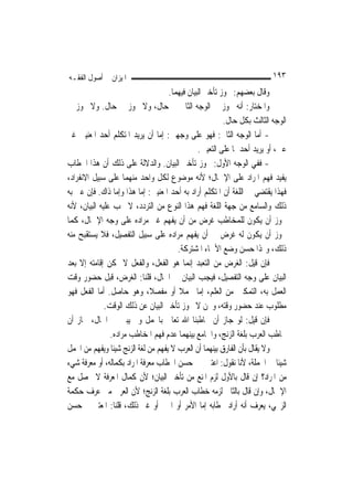 ‫ﺍﳌﻴﺰﺍﻥ ﰲ ﺃﺻﻮﻝ ﺍﻟﻔﻘـﻪ‬                                                     ‫٣٩١‬
                                     ‫ﻭﻗﺎﻝ ﺑﻌﻀﻬﻢ: ﳚﻮﺯ ﺗﺄﺧﲑ ﺍﻟﺒﻴﺎﻥ ﻓﻴﻬﻤﺎ.‬
‫ﻭﺍﳌﺨﺘﺎﺭ: ﺃﻧﻪ ﳚﻮﺯ ﰲ ﺍﻟﻮﺟﻪ ﺍﻟﺜﺎﱐ ﰲ ﺣﺎﻝ، ﻭﻻ ﳚﻮﺯ ﰲ ﺣﺎﻝ. ﻭﻻ ﳚﻮﺯ ﰲ‬
                                                         ‫ﺍﻟﻮﺟﻪ ﺍﻟﺜﺎﻟﺚ ﺑﻜﻞ ﺣﺎﻝ.‬
‫- ﺃﻣﺎ ﺍﻟﻮﺟﻪ ﺍﻟﺜﺎﱐ: ﻓﻬﻮ ﻋﻠﻰ ﻭﺟﻬﲔ: ﺇﻣﺎ ﺃﻥ ﻳﺮﻳﺪ ﺍﳌﺘﻜﻠﻢ ﺃﺣﺪ ﺍﳌﻌﻨﻴﲔ ﻏﲑ‬
                                                ‫ﻋﲔ، ﺃﻭ ﻳﺮﻳﺪ ﺃﺣﺪﳘﺎ ﻋﻠﻰ ﺍﻟﺘﻌﻴﲔ.‬
‫- ﻓﻔﻲ ﺍﻟﻮﺟﻪ ﺍﻷﻭﻝ: ﳚﻮﺯ ﺗﺄﺧﲑ ﺍﻟﺒﻴﺎﻥ. ﻭﺍﻟﺪﻻﻟﺔ ﻋﻠﻰ ﺫﻟﻚ ﺃﻥ ﻫﺬﺍ ﺍﳋﻄﺎﺏ‬
‫ﻳﻔﻴﺪ ﻓﻬﻢ ﺍﳌﺮﺍﺩ ﻋﻠﻰ ﺍﻹﲨﺎﻝ؛ ﻷﻧﻪ ﻣﻮﺿﻮﻉ ﻟﻜﻞ ﻭﺍﺣﺪ ﻣﻨﻬﻤﺎ ﻋﻠﻰ ﺳﺒﻴﻞ ﺍﻻﻧﻔﺮﺍﺩ،‬
‫ﻓﻬﺬﺍ ﻳﻘﺘﻀﻲ ﰲ ﺍﻟﻠﻐﺔ ﺃﻥ ﺍﳌﺘﻜﻠﻢ ﺃﺭﺍﺩ ﺑﻪ ﺃﺣﺪ ﺍﳌﻌﻨﻴﲔ: ﺇﻣﺎ ﻫﺬﺍ ﻭﺇﻣﺎ ﺫﺍﻙ. ﻓﺈﻥ ﻋﲎ ﺑﻪ‬
‫ﺫﻟﻚ ﻭﺍﻟﺴﺎﻣﻊ ﻣﻦ ﺟﻬﺔ ﺍﻟﻠﻐﺔ ﻓﻬﻢ ﻫﺬﺍ ﺍﻟﻨﻮﻉ ﻣﻦ ﺍﻟﺘﺮﺩﺩ، ﻻ ﳚﺐ ﻋﻠﻴﻪ ﺍﻟﺒﻴﺎﻥ، ﻷﻧﻪ‬
‫ﳚﻮﺯ ﺃﻥ ﻳﻜﻮﻥ ﻟﻠﻤﺨﺎﻃﺐ ﻏﺮﺽ ﻣﻦ ﺃﻥ ﻳﻔﻬﻢ ﻏﲑ ﻣﺮﺍﺩﻩ ﻋﻠﻰ ﻭﺟﻪ ﺍﻹﲨﺎﻝ، ﻛﻤﺎ‬
‫ﳚﻮﺯ ﺃﻥ ﻳﻜﻮﻥ ﻟﻪ ﻏﺮﺽ ﰲ ﺃﻥ ﻳﻔﻬﻢ ﻣﺮﺍﺩﻩ ﻋﻠﻰ ﺳﺒﻴﻞ ﺍﻟﺘﻔﺼﻴﻞ، ﻓﻼ ﻳﺴﺘﻘﺒﺢ ﻣﻨﻪ‬
                                        ‫ﺫﻟﻚ، ﻭﳍﺬﺍ ﺣﺴﻦ ﻭﺿﻊ ﺍﻷﲰﺎﺀ ﺍﳌﺸﺘﺮﻛﺔ.‬
‫ﻓﺈﻥ ﻗﻴﻞ: ﺍﻟﻐﺮﺽ ﻣﻦ ﺍﻟﺘﻌﺒﺪ ﺇ‪‬ﻤﺎ ﻫﻮ ﺍﻟﻔﻌﻞ، ﻭﺍﻟﻔﻌﻞ ﻻ ﳝﻜﻦ ﺇﻗﺎﻣﺘﻪ ﺇﻻ ﺑﻌﺪ‬
                                            ‫ﻧ‬
‫ﺍﻟﺒﻴﺎﻥ ﻋﻠﻰ ﻭﺟﻪ ﺍﻟﺘﻔﺼﻴﻞ، ﻓﻴﺠﺐ ﺍﻟﺒﻴﺎﻥ ﰲ ﺍﳊﺎﻝ، ﻗﻠﻨﺎ: ﺍﻟﻐﺮﺽ، ﻗﺒﻞ ﺣﻀﻮﺭ ﻭﻗﺖ‬
‫ﺍﻟﻌﻤﻞ ﺑﻪ، ﺍﻟﺘﻤﻜﲔ ﻣﻦ ﺍﻟﻌﻠﻢ، ﺇﻣﺎ ﳎﻤﻼ ﺃﻭ ﻣﻔﺼﻼﹰ، ﻭﻫﻮ ﺣﺎﺻﻞ. ﺃﻣﺎ ﺍﻟﻔﻌﻞ ﻓﻬﻮ‬
                                         ‫ﹰ‬
              ‫ﻣﻄﻠﻮﺏ ﻋﻨﺪ ﺣﻀﻮﺭ ﻭﻗﺘﻪ، ﻭﳓﻦ ﻻ ﳒﻮﺯ ﺗﺄﺧﲑ ﺍﻟﺒﻴﺎﻥ ﻋﻦ ﺫﻟﻚ ﺍﻟﻮﻗﺖ.‬
‫ﻓﺈﻥ ﻗﻴﻞ: ﻟﻮ ﺟﺎﺯ ﺃﻥ ﳜﺎﻃﺒﻨﺎ ﺍﷲ ﺗﻌﺎﱃ ﺑﺎ‪‬ﻤﻞ ﻭﱂ ﻳﺒﲔ ﰲ ﺍﳊﺎﻝ، ﳉﺎﺯ ﺃﻥ‬
                ‫ﳜﺎﻃﺐ ﺍﻟﻌﺮﺏ ﺑﻠﻐﺔ ﺍﻟﺰﻧﺞ، ﻭﺍﳉﺎﻣﻊ ﺑﻴﻨﻬﻤﺎ ﻋﺪﻡ ﻓﻬﻢ ﺍﳌﺨﺎﻃﺐ ﻣﺮﺍﺩﻩ.‬
‫ﻭﻻ ﻳﻘﺎﻝ ﺑﺄﻥ ﺍﻟﻔﺎﺭﻕ ﺑﻴﻨﻬﻤﺎ ﺃﻥ ﺍﻟﻌﺮﺏ ﻻ ﻳﻔﻬﻢ ﻣﻦ ﻟﻐﺔ ﺍﻟﺰﻧﺞ ﺷﻴﺌﹰﺎ ﻭﻳﻔﻬﻢ ﻣﻦ ﺍ‪‬ﻤﻞ‬
‫ﺷﻴﺌﹰﺎ ﰲ ﺍﳉﻤﻠﺔ، ﻷﻧﺎ ﻧﻘﻮﻝ: ﺍﻋﺘﱪﰎ ﰲ ﺣﺴﻦ ﺍﳋﻄﺎﺏ ﻣﻌﺮﻓﺔ ﺍﳌﺮﺍﺩ ﺑﻜﻤﺎﻟﻪ، ﺃﻭ ﻣﻌﺮﻓﺔ ﺷﻲﺀ‬
‫ﻣﻦ ﺍﳌﺮﺍﺩ؟ ﺇﻥ ﻗﺎﻝ ﺑﺎﻷﻭﻝ ﻟﺰﻡ ﺍﳌﻨﻊ ﻣﻦ ﺗﺄﺧﲑ ﺍﻟﺒﻴﺎﻥ؛ ﻷﻥ ﻛﻤﺎﻝ ﺍﳌﻌﺮﻓﺔ ﻻ ﳛﺼﻞ ﻣﻊ‬
‫ﺍﻹﲨﺎﻝ، ﻭﺇﻥ ﻗﺎﻝ ﺑﺎﻟﺜﺎﱐ ﻟﺰﻣﻪ ﺧﻄﺎﺏ ﺍﻟﻌﺮﺏ ﺑﻠﻐﺔ ﺍﻟﺰﻧﺞ؛ ﻷﻥ ﺍﻟﻌﺮﰊ ﻣﱴ ﻋﺮﻑ ﺣﻜﻤﺔ‬
‫ﺍﻟﺰﳒﻲ، ﻳﻌﺮﻑ ﺃﻧﻪ ﺃﺭﺍﺩ ﲞﻄﺎﺑﻪ ﺇﻣﺎ ﺍﻷﻣﺮ ﺃﻭ ﺍﳋﱪ ﺃﻭ ﻏﲑ ﺫﻟﻚ، ﻗﻠﻨﺎ: ﺍﳌﻌﺘﱪ ﰲ ﺣﺴﻦ‬
 