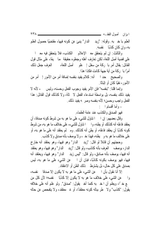 ‫٨٣٢‬                                                         ‫ﺍﳌﻴﺰﺍﻥ ﰲ ﺃﺻﻮﻝ ﺍﻟﻔﻘـﻪ‬
‫ﺍﻟﻌﻠﻢ ﺑﺎﳌﺨﱪ ﺑﻪ. ﻭﻗﻮﻟﻪ: "ﺯﻳﺪ ﰲ ﺍﻟﺪﺍﺭ" ﻳﻨﺒﺊ ﻋﻦ ﻛﻮﻧﻪ ﻓﻴﻬﺎ، ﻣﻘﺘﻀﻴًﺎ ﺣﺼﻮﻝ ﺍﻟﻌﻠﻢ‬
                                                     ‫ﺑﻪ، ﻭﺇﻥ ﻛﺎﻥ ﻛﺬﺑًﺎ ﰲ ﻧﻔﺴﻪ.‬
‫ﻭﺍﻟﺜﺎﻟﺚ: ﺇﻥ ﻟﹶﻢ ﻳﺘﺤﻘﻖ ﻣﻌﲎ ﺍﻹﻋﻼﻡ ﰲ ﺍﻟﻜﺬﺏ، ﻓﻼ ﻳﺘﺤﻘﻖ ﻓﻴﻪ ﻣﻌﲎ ﺍﳋﱪ‬
‫ﻋﻠﻰ ﻗﻀﻴﺔ ﺃﺻﻞ ﺍﻟﻠﻐﺔ، ﻟﻜﻦ ﺗﻌﺎﺭﻑ ﺃﻫﻠﻪ ﻭﺟﻌﻠﻮﻩ ﺣﻘﻴﻘﺔ ﳍﻤﺎ ﲨﻴﻌًﺎ، ﻋﻠﻰ ﻣﺜﺎﻝ ﻗﻮﻝ‬
‫ﺍﻟﻘﺎﺋﻞ: ﻳﻘﺎﻝ ﺃﻣﺮ ﺑﺎﳊﺮﻛﺔ ﻣﻦ ﺳﻔﻞ ﺇﱃ ﻋﻠﻮ ﰲ ﺃﺻﻞ ﺍﻟﻠﻐﺔ، ﰒ ﰲ ﺍﻟﻌﺮﻑ ﺟﻌﻞ ﺫﻟﻚ‬
                                       ‫ﺃﻣﺮًﺍ ﺑﺎﳊﺮﻛﺔ ﻣﻦ ﺃﻳﺔ ﺟﻬﺔ ﻛﺎﻧﺖ ﻓﻜﺬﺍ ﻫﺬﺍ.‬
‫ﻭﺍﻟﺼﺤﻴﺢ ﰲ ﺣﺪ ﺍﳋﱪ ﺃﻧﻪ: ﻛﻼﻡ ﻳﻔﻴﺪ ﺑﻨﻔﺴﻪ ﺇﺿﺎﻓﺔ ﺃﻣﺮ ﻣﻦ ﺍﻷﻣﻮﺭ ﺇﱃ ﺃﻣﺮ ﻣﻦ‬
                                                       ‫ﺍﻷﻣﻮﺭ، ﻧﻔﻴًﺎ ﻛﺎﻥ ﺃﻭ ﺇﺛﺒﺎﺗًﺎ.‬
‫ﻭﺇ‪‬ﻤﺎ ﻗﻠﻨﺎ: "ﺑﻨﻔﺴﻪ" ﻓﺈﻥ ﺍﻷﻣﺮ ﻳﻔﻴﺪ ﻭﺟﻮﺏ ﺍﻟﻔﻌﻞ ﻭﺣﺴﻨﻪ، ﻭﻟﻴﺲ ﲞﱪ، ﻷﻧﻪ ﻻ‬         ‫ﻧ‬
‫ﻳﻔﻴﺪ ﺫﻟﻚ ﺑﻨﻔﺴﻪ، ﺑﻞ ﺑﻮﺍﺳﻄﺔ ﺍﺳﺘﺪﻋﺎﺀ ﺍﻟﻔﻌﻞ ﻻ ﳏﺎﻟﺔ، ﻭﻻ ﻛﺬﻟﻚ ﻗﻮﻝ ﺍﻟﻘﺎﺋﻞ: ﻫﺬﺍ‬
                              ‫ﺍﻟﻔﻌﻞ ﻭﺍﺟﺐ ﻭﺣﺴﻦ؛ ﻷﻧﻪ ﺑﻨﻔﺴﻪ ﻭﺻﺮﳛﻪ ﻳﻔﻴﺪ ﺫﻟﻚ.‬
                                                       ‫- ﻭﺃﻣﺎ ﺃﻗﺴﺎﻡ ﺍﳋﱪ:‬
                                    ‫ﻓﻬﻮ ﺍﻟﺼﺪﻕ ﻭﺍﻟﻜﺬﺏ ﻋﻨﺪ ﻋﺎﻣﺔ ﺍﻟﻌﻠﻤﺎﺀ.‬
‫ﻭﻗﺎﻝ ﺑﻌﻀﻬﻢ: ﺇﻥ ﺍﳋﱪ ﺍﳌﺘﻨﺎﻭﻝ ﻟﻠﺸﻲﺀ ﻋﻠﻰ ﻣﺎ ﻫﻮ ﺑﻪ ﻣﻦ ﺷﺮﻁ ﻛﻮﻧﻪ ﺻﺪﻗﹰﺎ، ﺃﻥ‬
‫ﻳﻌﺘﻘﺪ ﻓﺎﻋﻠﻪ ﺃﻧﻪ ﻛﺬﻟﻚ ﺃﻭ ﻳﻈﻨﻪ، ﻭﺍﳋﱪ ﺍﳌﺘﻨﺎﻭﻝ ﻟﻠﺸﻲﺀ، ﻋﻠﻰ ﺧﻼﻑ ﻣﺎ ﻫﻮ ﺑﻪ، ﻣﻦ ﺷﺮﻁ‬
‫ﻛﻮﻧﻪ ﻛﺬﺑًﺎ ﺃﻥ ﻳﻌﺘﻘﺪ ﻓﺎﻋﻠﻪ، ﺃﻭ ﻳﻈﻦ ﺃﻧﻪ ﻛﺬﻟﻚ. ﻭﻣﱴ ﻟﹶﻢ ﻳﻌﺘﻘﺪ ﺃﻧﻪ ﻋﻠﻰ ﻣﺎ ﻫﻮ ﺑﻪ، ﺃﻭ‬
         ‫ﻋﻠﻰ ﺧﻼﻑ ﻣﺎ ﻫﻮ ﺑﻪ ﻭﱂ ﻳﻈﻨﻪ، ﻓﻬﺬﺍ ﺧﱪ، ﻭﻻ ﻳﻮﺻﻒ ﺑﺄﻧﻪ ﺻﺪﻕ ﻭﻻ ﻛﺬﺏ.‬
‫ﻭﺣﺠﺘﻬﻢ ﺃﻥ ﻗﺎﺋﻼ ﻟﻮ ﻗﺎﻝ: "ﺯﻳﺪ ﰲ ﺍﻟﺪﺍﺭ" ﻭﻫﻮ ﻓﻴﻬﺎ، ﻭﻫﻮ ﻳﻌﺘﻘﺪ ﺃﻧﻪ ﺧﺎﺭﺝ‬
                                                         ‫ﹰ‬
‫ﺍﻟﺪﺍﺭ، ﻳﻮﺻﻒ ﰲ ﺍﻟﻌﺮﻑ ﺑﺄﻧﻪ ﻛﺎﺫﺏ، ﻭﻟﻮ ﻗﺎﻝ: "ﺯﻳﺪ ﰲ ﺍﻟﺪﺍﺭ" ﻭﻫﻮ ﻓﻴﻬﺎ، ﻭﻫﻮ ﻳﻌﺘﻘﺪ‬
‫ﺃﻧﻪ ﻓﻴﻬﺎ، ﻳﻮﺻﻒ ﺑﺄﻧﻪ ﺻﺎﺩﻕ، ﻭﻟﻮ ﻗﺎﻝ: "ﻟﻴﺲ ﺯﻳﺪ ﰲ ﺍﻟﺪﺍﺭ" ﻭﻫﻮ ﻓﻴﻬﺎ، ﻭﻳﻌﺘﻘﺪ ﺃﻧﻪ‬
‫ﻓﻴﻬﺎ، ﻓﻬﻮ ﻳﻮﺻﻒ ﺑﻜﻮﻧﻪ ﻛﺎﺫًﺑﺎ، ﻓﺒﺎﻥ ﺃﻥ ﺍﳋﱪ ﻋﻦ ﺍﻟﺸﻲﺀ ﻋﻠﻰ ﻣﺎ ﻫﻮ ﺑﻪ، ﻟﻴﺲ‬
                      ‫ﺑﺼﺪﻕ ﻋﻠﻰ ﻛﻞ ﺣﺎﻝ، ﺑﻞ ﻳﺸﺘﺮﻁ ﰲ ﺫﻟﻚ ﺍﻟﻈﻦ ﺃﻭ ﺍﻻﻋﺘﻘﺎﺩ.‬
‫ﺇﻻ ﺃﻧﺎ ﻧﻘﻮﻝ ﺑﺄﻥ ﺍﳋﱪ ﻋﻦ ﺍﻟﺸﻲﺀ ﻋﻠﻰ ﻣﺎ ﻫﻮ ﺑﻪ ﻻ ﻳﻜﻮﻥ ﺇﻻ ﺻﺪﻗﹰﺎ ﰲ ﻧﻔﺴﻪ،‬
‫ﻭﺍﳋﱪ ﻋﻦ ﺍﻟﺸﻲﺀ ﻋﻠﻰ ﺧﻼﻑ ﻣﺎ ﻫﻮ ﺑﻪ ﻻ ﻳﻜﻮﻥ ﺇﻻ ﻛﺬﺑًﺎ ﰲ ﻧﻔﺴﻪ؛ ﻷﻥ ﻛﻞ ﻣﻦ‬
‫ﲰﻊ ﺧﱪًﺍ، ﻭﻳﻌﻠﻢ ﺃﻥ ﺍﳌﺨﱪ ﺑﻪ ﻛﻤﺎ ﺃﺧﱪ ﻳﻘﻮﻝ: "ﺻﺪﻕ". ﻭﻟﻮ ﻋﻠﻢ ﺃﻧﻪ ﻋﻠﻰ ﺧﻼﻓﻪ‬
‫ﻳﻘﻮﻝ: "ﻛﺬﺏ" ﻭﻻ ﳜﻄﺮ ﺑﺒﺎﻟﻪ ﻛﻮﻧﻪ ﻣﻌﺘﻘﺪًﺍ، ﺃﻭ ﻏﲑ ﻣﻌﺘﻘﺪ، ﻭﻻ ﻳﺘﻔﺤﺺ ﻋﻦ ﺣﺎﻟﻪ‬
 