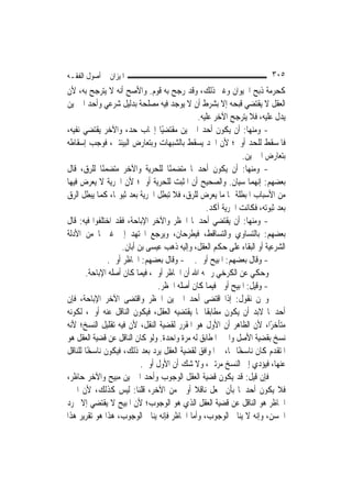 ‫ﺍﳌﻴﺰﺍﻥ ﰲ ﺃﺻﻮﻝ ﺍﻟﻔﻘـﻪ‬                                                   ‫٥٠٣‬
‫ﻛﺤﺮﻣﺔ ﺫﺑﺢ ﺍﳊﻴﻮﺍﻥ ﻭﻏﲑ ﺫﻟﻚ، ﻭﻗﺪ ﺭﺟﺢ ﺑﻪ ﻗﻮﻡ. ﻭﺍﻷﺻﺢ ﺃﻧﻪ ﻻ ﻳﺘﺮﺟﺢ ﺑﻪ، ﻷﻥ‬
‫ﺍﻟﻌﻘﻞ ﻻ ﻳﻘﺘﻀﻲ ﻗﺒﺤﻪ ﺇﻻ ﺑﺸﺮﻁ ﺃﻥ ﻻ ﻳﻮﺟﺪ ﻓﻴﻪ ﻣﺼﻠﺤﺔ ﺑﺪﻟﻴﻞ ﺷﺮﻋﻲ ﻭﺃﺣﺪ ﺍﳋﱪﻳﻦ‬
                                              ‫ﻳﺪﻝ ﻋﻠﻴﻪ، ﻓﻼ ﻳﺘﺮﺟﺢ ﺍﻵﺧﺮ ﻋﻠﻴﻪ.‬
‫- ﻭﻣﻨﻬﺎ: ﺃﻥ ﻳﻜﻮﻥ ﺃﺣﺪ ﺍﳋﱪﻳﻦ ﻣﻘﺘﻀﻴًﺎ ﺇﳚﺎﺏ ﺣﺪ، ﻭﺍﻵﺧﺮ ﻳﻘﺘﻀﻲ ﻧﻔﻴﻪ،‬
‫ﻓﺎﳌﺴﻘﻂ ﻟﻠﺤﺪ ﺃﻭﱃ؛ ﻷﻥ ﺍﳊﺪ ﻳﺴﻘﻂ ﺑﺎﻟﺸﺒﻬﺎﺕ ﻭﺑﺘﻌﺎﺭﺽ ﺍﻟﺒﻴﻨﺘﲔ، ﻓﻮﺟﺐ ﺇﺳﻘﺎﻃﻪ‬
                                                             ‫ﺑﺘﻌﺎﺭﺽ ﺍﳋﱪﻳﻦ.‬
‫- ﻭﻣﻨﻬﺎ: ﺃﻥ ﻳﻜﻮﻥ ﺃﺣﺪﳘﺎ ﻣﺘﻀﻤﻨًﺎ ﻟﻠﺤﺮﻳﺔ ﻭﺍﻵﺧﺮ ﻣﺘﻀﻤﻨًﺎ ﻟﻠﺮﻕ، ﻗﺎﻝ‬
‫ﺑﻌﻀﻬﻢ: ﺇ‪‬ﻬﻤﺎ ﺳﻴﺎﻥ. ﻭﺍﻟﺼﺤﻴﺢ ﺃﻥ ﺍﳌﺜﺒﺖ ﻟﻠﺤﺮﻳﺔ ﺃﻭﱃ؛ ﻷﻥ ﺍﳊﺮﻳﺔ ﻻ ﻳﻌﺮﺽ ﻓﻴﻬﺎ‬
                                                                  ‫ﻧ‬
‫ﻣﻦ ﺍﻷﺳﺒﺎﺏ ﺍﳌﺒﻄﻠﺔ ﳍﺎ ﻣﺎ ﻳﻌﺮﺽ ﻟﻠﺮﻕ، ﻓﻼ ﺗﺒﻄﻞ ﺍﳊﺮﻳﺔ ﺑﻌﺪ ﺛﺒﻮ‪‬ﺎ، ﻛﻤﺎ ﻳﺒﻄﻞ ﺍﻟﺮﻕ‬
                                                 ‫ﺑﻌﺪ ﺛﺒﻮﺗﻪ، ﻓﻜﺎﻧﺖ ﺍﳊﺮﻳﺔ ﺁﻛﺪ.‬
‫- ﻭﻣﻨﻬﺎ: ﺃﻥ ﻳﻘﺘﻀﻲ ﺃﺣﺪﳘﺎ ﺍﳊﻈﺮ ﻭﺍﻵﺧﺮ ﺍﻹﺑﺎﺣﺔ، ﻓﻘﺪ ﺍﺧﺘﻠﻔﻮﺍ ﻓﻴﻪ: ﻗﺎﻝ‬
‫ﺑﻌﻀﻬﻢ: ﺑﺎﻟﺘﺴﺎﻭﻱ ﻭﺍﻟﺘﺴﺎﻗﻂ، ﻓﻴﻄﺮﺣﺎﻥ، ﻭﻳﺮﺟﻊ ﺍ‪‬ﺘﻬﺪ ﺇﱃ ﻏﲑﳘﺎ ﻣﻦ ﺍﻷﺩﻟﺔ‬
                    ‫ﺍﻟﺸﺮﻋﻴﺔ ﺃﻭ ﺍﻟﺒﻘﺎﺀ ﻋﻠﻰ ﺣﻜﻢ ﺍﻟﻌﻘﻞ، ﻭﺇﻟﻴﻪ ﺫﻫﺐ ﻋﻴﺴﻰ ﺑﻦ ﺃﺑﺎﻥ.‬
               ‫- ﻭﻗﺎﻝ ﺑﻌﻀﻬﻢ: ﺍﳌﺒﻴﺢ ﺃﻭﱃ. - ﻭﻗﺎﻝ ﺑﻌﻀﻬﻢ: ﺍﳊﺎﻇﺮ ﺃﻭﱃ.‬
       ‫ﻭﺣﻜﻲ ﻋﻦ ﺍﻟﻜﺮﺧﻲ ﺭﲪﻪ ﺍﷲ ﺃﻥ ﺍﳊﺎﻇﺮ ﺃﻭﱃ، ﻓﻴﻤﺎ ﻛﺎﻥ ﺃﺻﻠﻪ ﺍﻹﺑﺎﺣﺔ.‬
                                ‫- ﻭﻗﻴﻞ: ﺍﳌﺒﻴﺢ ﺃﻭﱃ ﻓﻴﻤﺎ ﻛﺎﻥ ﺃﺻﻠﻪ ﺍﳊﻈﺮ.‬
‫ﻭﳓﻦ ﻧﻘﻮﻝ: ﺇﺫﺍ ﺍﻗﺘﻀﻰ ﺃﺣﺪ ﺍﳋﱪﻳﻦ ﺍﳊﻈﺮ ﻭﺍﻗﺘﻀﻰ ﺍﻵﺧﺮ ﺍﻹﺑﺎﺣﺔ، ﻓﺈﻥ‬
‫ﺃﺣﺪﳘﺎ ﻻﺑﺪ ﺃﻥ ﻳﻜﻮﻥ ﻣﻄﺎﺑﻘﹰﺎ ﳌﺎ ﻳﻘﺘﻀﻴﻪ ﺍﻟﻌﻘﻞ، ﻓﻴﻜﻮﻥ ﺍﻟﻨﺎﻗﻞ ﻋﻨﻪ ﺃﻭﱃ، ﻟﻜﻮﻧﻪ‬
‫ﻣﺘﺄﺧﺮًﺍ، ﻷﻥ ﺍﻟﻈﺎﻫﺮ ﺃﻥ ﺍﻷﻭﻝ ﻫﻮ ﺍﳌﻘﺮﺭ ﻟﻘﻀﻴﺔ ﺍﻟﻨﻘﻞ، ﻷﻥ ﻓﻴﻪ ﺗﻘﻠﻴﻞ ﺍﻟﻨﺴﺦ؛ ﻷﻧﻪ‬
‫ﻧﺴﺦ ﺑﻘﻀﻴﺔ ﺍﻷﺻﻞ ﻭﺍﳋﱪ ﺍﳌﻄﺎﺑﻖ ﻟﻪ ﻣﺮﺓ ﻭﺍﺣﺪﺓ. ﻭﻟﻮ ﻛﺎﻥ ﺍﻟﻨﺎﻗﻞ ﻋﻦ ﻗﻀﻴﺔ ﺍﻟﻌﻘﻞ ﻫﻮ‬
‫ﺍﳌﺘﻘﺪﻡ ﻛﺎﻥ ﻧﺎﺳﺨًﺎ ﳍﺎ، ﰒ ﺍﳌﻮﺍﻓﻖ ﻟﻘﻀﻴﺔ ﺍﻟﻌﻘﻞ ﻳﺮﺩ ﺑﻌﺪ ﺫﻟﻚ، ﻓﻴﻜﻮﻥ ﻧﺎﺳﺨًﺎ ﻟﻠﻨﺎﻗﻞ‬
                           ‫ﻋﻨﻬﺎ، ﻓﻴﺆﺩﻱ ﺇﱃ ﺍﻟﻨﺴﺦ ﻣﺮﺗﲔ، ﻭﻻ ﺷﻚ ﺃﻥ ﺍﻷﻭﻝ ﺃﻭﱃ.‬
‫ﻓﺈﻥ ﻗﻴﻞ: ﻗﺪ ﻳﻜﻮﻥ ﻗﻀﻴﺔ ﺍﻟﻌﻘﻞ ﺍﻟﻮﺟﻮﺏ ﻭﺃﺣﺪ ﺍﳋﱪﻳﻦ ﻣﺒﻴﺢ ﻭﺍﻵﺧﺮ ﺣﺎﻇﺮ،‬
‫ﻓﻼ ﻳﻜﻮﻥ ﺃﺣﺪﳘﺎ ﺑﺄﻥ ﳚﻌﻞ ﻧﺎﻗﻼ ﺃﻭﱃ ﻣﻦ ﺍﻵﺧﺮ، ﻗﻠﻨﺎ: ﻟﻴﺲ ﻛﺬﻟﻚ، ﻷﻥ ﺍﳋﱪ‬
                                            ‫ﹰ‬
‫ﺍﳊﺎﻇﺮ ﻫﻮ ﺍﻟﻨﺎﻗﻞ ﻋﻦ ﻗﻀﻴﺔ ﺍﻟﻌﻘﻞ ﺍﻟﺬﻱ ﻫﻮ ﺍﻟﻮﺟﻮﺏ؛ ﻷﻥ ﺍﳌﺒﻴﺢ ﻻ ﻳﻘﺘﻀﻲ ﺇﻻ ﳎﺮﺩ‬
‫ﺍﳊﺴﻦ، ﻭﺇﻧﻪ ﻻ ﻳﻨﺎﰲ ﺍﻟﻮﺟﻮﺏ، ﻭﺃﻣﺎ ﺍﳊﺎﻇﺮ ﻓﺈﻧﻪ ﻳﻨﺎﰲ ﺍﻟﻮﺟﻮﺏ، ﻫﺬﺍ ﻫﻮ ﺗﻘﺮﻳﺮ ﻫﺬﺍ‬
 