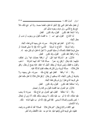 ‫٢١٣‬                                                         ‫ﺍﳌﻴﺰﺍﻥ ﰲ ﺃﺻﻮﻝ ﺍﻟﻔﻘـﻪ‬
‫ﺃﻥ ﻧﻔﻌﻞ ﻣﺜﻠﻤﺎ ﻓﻌﻞ ﺍﻟ‪‬ﻨِﺒﻲ ‪ ‬ﻷﺟﻞ ﺃﻧﻪ ﻓﻌﻞ، ﻟﻌﻠﻤﻨﺎ ﺣﺴﻨﻪ. ﻭﺇﺫﺍ ﻟﹶﻢ ﳝﺘﻨﻊ ﺫﻟﻚ، ﻓﻼ‬
                              ‫ﳝﺘﻨﻊ ﻭﻗﻮﻉ ﺍﻟﺘﺄﺳﻲ. ﻭﺇﻥ ﻋﺮﻑ ﻭﺟﻮﺑﻪ ﺑﺪﻟﻴﻞ ﺁﺧﺮ.‬
                          ‫ﻭﺃﻣﺎ ﺍﳌﺘﺎﺑﻌﺔ: ﻓﻘﺪ ﺗﻜﻮﻥ ﰲ ﺍﻟﻘﻮﻝ، ﻭﻗﺪ ﺗﻜﻮﻥ ﰲ ﺍﻟﻔﻌﻞ.‬
‫ﺃﻣﺎ ﺍﻻﺗﺒﺎﻉ ﰲ ﺍﻟﻘﻮﻝ، ﻓﻬﻮ ﺍﳌﺼﲑ ﺇﱃ ﻣﺎ ﺍﻗﺘﻀﺎﻩ ﺍﻟﻘﻮﻝ ﻣﻦ ﻭﺟﻮﺏ ﺃﻭ ﻧﺪﺏ ﺃﻭ‬
                                                                ‫ﺣﻈﺮ ﻷﺟﻠﻪ.‬
   ‫ﻭﺃﻣﺎ ﺍﻻﺗﺒﺎﻉ ﰲ ﺍﻟﻔﻌﻞ ﻓﻬﻮ ﺇﻳﻘﺎﻉ ﻣﺜﻠﻪ ﰲ ﺻﻮﺭﺗﻪ، ﻋﻠﻰ ﻭﺟﻬﻪ ﺍﻟﺬﻱ ﻓﻌﻠﻪ، ﻷﺟﻠﻪ.‬
‫ﻭﺇ‪‬ﻤﺎ ﺷﺮﻃﻨﺎ ﰲ ﺍﻻﺗﺒﺎﻉ ﻣﺎ ﺷﺮﻃﻨﺎ ﰲ ﺍﻟﺘﺄﺳﻲ؛ ﻷﻧﻪ ‪ ‬ﺇﺫﺍ ﺻﻠﻰ ﻓﺼﻤﻨﺎ، ﺃﻭ‬           ‫ﻧ‬
   ‫ﺻﻠﻰ ﻓﺮﺿًﺎ ﻓﺘﻨﻔﻠﻨﺎ ﺑﺎﻟﺼﻼﺓ، ﺃﻭ ﺻﻠﻴﻨﺎ ﺍﻟﻔﺮﺽ، ﻻ ﺃﺟﻞ ﺃﻧﻪ ﻓﻌﻞ، ﻟﹶﻢ ﻧﻜﻦ ﻣﺘﺒﻌﲔ ﻟﻪ.‬
                             ‫ﻭﺃﻣﺎ ﺍﳌﻮﺍﻓﻘﺔ: ﻓﻘﺪ ﺗﻜﻮﻥ ﰲ ﺍﻟﻘﻮﻝ، ﻭﻗﺪ ﺗﻜﻮﻥ ﰲ ﺍﻟﻔﻌﻞ.‬
‫ﻓﺎﻷﻭﻝ: ﻫﻮ ﺍﳌﺸﺎﺭﻛﺔ ﻓﻴﻤﺎ ﻗﻴﻞ: "ﺇﻥ ﺍﳌﻮﺍﻓﻘﺔ ﺣﺼﻠﺖ ﻓﻴﻪ" ﻭﺇﻥ ﺍﺧﺘﻠﻒ‬
‫ﺩﻟﻴﻠﻬﻤﺎ. ﻓﺈﻧﻪ ﻳﻘﺎﻝ: "ﻭﺍﻓﻖ ﺯﻳﺪ ﻋﻤﺮًﺍ ﰲ ﻣﺴﺄﻟﺔ ﻛﺬﺍ" ﺃﻓﺎﺩ ﺃ‪‬ﻬﻤﺎ ﺍﺷﺘﺮﻛﺎ ﰲ ﺍﳌﺬﻫﺐ‬
                         ‫ﻧ‬
‫ﻭﺍﻟﻘﻮﻝ ﺑﻪ ﻓﻘﻂ، ﻭﻟﻴﺲ ﺷﺮﻃﻪ ﺃﻥ ﻳﻌﺘﻘﺪ ﻷﺟﻞ ﺃﻧﻪ ﺍﻋﺘﻘﺪ: ﻓﺈﻧﻪ ﻳﺼﺢ ﺃﻥ ﻳﻘﺎﻝ: ﻭﺍﻓﻖ‬
                 ‫ﻓﻼﻥ ﻓﻼﻧًﺎ، ﰲ ﻣﺴﺄﻟﺔ ﺍﻟﺮﺅﻳﺔ، ﻭﺇﻥ ﻛﺎﻥ ﻗﺪ ﻳﻌﺘﻘﺪﻩ ﻟﻘﻴﺎﻡ ﺍﻟﺪﻻﻟﺔ ﻋﻠﻴﻪ.‬
‫ﻭﺍﻟﺜﺎﱐ: ﺃﻣﺎ ﺍﳌﻮﺍﻓﻘﺔ ﰲ ﺍﻟﻔﻌﻞ ﻓﻬﻮ ﺇﻳﻘﺎﻉ ﻣﺜﻠﻪ ﰲ ﺻﻮﺭﺗﻪ، ﻋﻠﻰ ﻭﺟﻬﻪ، ﻭﻻ‬
‫ﻳﺸﺘﺮﻁ ﺃﻥ ﻳﻜﻮﻥ ﻷﺟﻠﻪ، ﻷﻧﻪ ﻳﺴﺘﻘﻴﻢ ﺃﻥ ﻳﻘﺎﻝ: "ﻭﺍﻓﻖ ﻓﻼﻥ ﻓﻼﻧًﺎ ﺇﺫﺍ ﻓﻌﻞ ﻣﺜﻠﻤﺎ ﻓﻌﻞ‬
                                     ‫ﻋﻠﻰ ﺍﻟﻮﺟﻪ ﺍﻟﺬﻱ ﻓﻌﻞ" ﻭﺇﻥ ﻟﹶﻢ ﻳﻜﻦ ﻓﻌﻠﻪ ﻷﺟﻠﻪ.‬
                             ‫ﻭﺃﻣﺎ ﺍﳌﺨﺎﻟﻔﺔ: ﻓﻘﺪ ﺗﻜﻮﻥ ﰲ ﺍﻟﻘﻮﻝ، ﻭﻗﺪ ﺗﻜﻮﻥ ﰲ ﺍﻟﻔﻌﻞ.‬
                    ‫ﻓﺎﻷﻭﻝ: ﻫﻮ ﺍﻟﻌﺪﻭﻝ ﻋﻤﺎ ﺍﻗﺘﻀﺎﻩ ﺍﻟﻘﻮﻝ ﻣﻦ ﺇﻗﺪﺍﻡ ﺃﻭ ﺇﺣﺠﺎﻡ.‬
‫ﻭﺍﻟﺜﺎﱐ: ﺃﻣﺎ ﺍﳌﺨﺎﻟﻔﺔ ﰲ ﺍﻟﻔﻌﻞ، ﻓﻬﻮ ﺍﻟﻌﺪﻭﻝ ﻋﻦ ﺍﺗﺒﺎﻉ ﻣﺜﻠﻪ ﰲ ﺻﻮﺭﺗﻪ ﺇﺫﺍ ﻭﺟﺐ‬
‫ﻋﻠﻴﻪ ﺍﻣﺘﺜﺎﻟﻪ، ﻷﻧﻪ ﺇﺫﺍ ﻟﹶﻢ ﳚﺐ ﻋﻠﻴﻪ ﺫﻟﻚ، ﻻ ﻳﻮﺻﻒ ﺑﺬﻟﻚ ﻛﻠﻪ، ﺃﻻ ﺗﺮﻯ ﺃﻥ ﺇﺧﻼﻝ‬
 ‫ﺍﳊﺎﺋﺾ ﺑﺎﻟﺼﻮﻡ ﻭﺍﻟﺼﻼﺓ ﻻ ﻳﺴﻤﻰ ﳐﺎﻟﻔﺔ ﺍﻟ‪‬ﻨﺒِﻲ ‪ ،‬ﻷﻧﻪ ﻟﹶﻢ ﳚﺐ ﻋﻠﻴﻬﺎ ﺍﺗﺒﺎﻋﻪ ﰲ ﺫﻟﻚ.‬
                                                                     ‫ﻭﺃﻣﺎ ﺍﻻﺋﺘﻤﺎﻡ:‬
‫ﻓﻬﻮ ﺍﻻﻗﺘﺪﺍﺀ ﻭﺍﻻﺗﺒﺎﻉ ﻳﻘﺎﻝ: "ﺍﺋﺘﻢ ﻓﻼﻥ ﻓﻼﻧًﺎ ﰲ ﺍﻟﺼﻼﺓ" ﺃﻓﺎﺩ ﺃﻧﻪ ﺍﻗﺘﺪﻯ ﺑﻪ ﻭﺍﺗﺒﻌﻪ،‬
         ‫ﰲ ﻓﻌﻠﻬﺎ، ﻋﻠﻰ ﺍﻟﻮﺟﻪ ﺍﻟﺬﻱ ﺃﻭﻗﻌﻬﺎ ﻋﻠﻴﻪ. ﻫﺬﺍ ﻫﻮ ﻣﻌﲎ ﻫﺬﻩ ﺍﻷﻟﻔﺎﻅ، ﻭﺍﷲ ﺃﻋﻠﻢ.‬
 