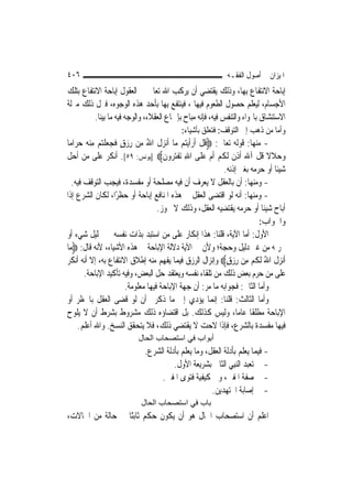 ‫٦٠٤‬                                                         ‫ﺍﳌﻴﺰﺍﻥ ﰲ ﺃﺻﻮﻝ ﺍﻟﻔﻘـﻪ‬
‫ﺇﺑﺎﺣﺔ ﺍﻻﻧﺘﻔﺎﻉ ﺑِﻬﺎ، ﻭﺫﻟﻚ ﻳﻘﺘﻀﻲ ﺃﻥ ﻳﺮﻛﺐ ﺍﷲ ﺗﻌﺎﱃ ﰲ ﺍﻟﻌﻘﻮﻝ ﺇﺑﺎﺣﺔ ﺍﻻﻧﺘﻔﺎﻉ ﺑﺘﻠﻚ‬
‫ﺍﻷﺟﺴﺎﻡ، ﻟﻴﻌﻠﻢ ﺣﺼﻮﻝ ﺍﻟﻄﻌﻮﻡ ﻓﻴﻬﺎ ، ﻓﻴﻨﺘﻔﻊ ﺑِﻬﺎ ﺑﺄﺣﺪ ﻫﺬﻩ ﺍﻟﻮﺟﻮﻩ، ﻓﱰﻝ ﺫﻟﻚ ﻣﱰﻟﺔ‬
          ‫ﺍﻻﺳﺘﻨﺸﺎﻕ ﺑﺎﳍﻮﺍﺀ ﻭﺍﻟﺘﻨﻔﺲ ﻓﻴﻪ، ﻓﺈﻧﻪ ﻣﺒﺎﺡ ﺑﺈﲨﺎﻉ ﺍﻟﻌﻘﻼﺀ، ﻭﺍﻟﻮﺟﻪ ﻓﻴﻪ ﻣﺎ ﺑ‪‬ﻨﺎ.‬
             ‫ﻴ‬
                                          ‫ﻭﺃﻣﺎ ﻣﻦ ﺫﻫﺐ ﺇﱃ ﺍﻟﺘﻮﻗﻒ: ﻓﺘﻌﻠﻖ ﺑﺄﺷﻴﺎﺀ:‬
‫- ﻣﻨﻬﺎ: ﻗﻮﻟﻪ ﺗﻌﺎﱃ: ‪‬ﻗﻞ ﹶﺃﺭﹶﺃ‪‬ﻳﺘ‪‬ﻢ ﻣ‪‬ﺎ ﹶﺃ‪‬ﻧﺰﻝ ﺍﷲ ﻣﻦ ﺭﺯﻕ ﻓﺠﻌﻠ‪‬ﻢ ﻣِﻨﻪ ﺣﺮ‪‬ﺍﻣ‪‬ﺎ‬
      ‫‪ ‬ﹶ ُ ِ ‪ ٍ  ِ ‬ﹶ ‪  ‬ﹾﺘ ‪ ‬‬         ‫ﹸﹾ ‪ ‬‬
‫ﻭﺣ‪‬ﻼﻻ ﹸﻞ ﺁﷲ ﹶﺃﺫﻥ ﹶﻟ ﹸﻢ ﺃﻡ ﻋﻠﹶﻰ ﺍﷲ ‪‬ﺗﻔﺘ ‪‬ﻭﻥ‪] ‬ﻳﻮﻧﺲ: ٩٥[. ﺃﻧﻜﺮ ﻋﻠﻰ ﻣﻦ ﺃﺣﻞ‬
                                     ‫ِ ﹾ ‪‬ﺮ ﹶ‬        ‫ِﹶ ﻜ ‪ ‬‬            ‫ﹰﻗ‬
                                                          ‫ﺷﻴﺌﹰﺎ ﺃﻭ ﺣﺮﻣﻪ ﺑﻐﲑ ﺇﺫﻧﻪ.‬
   ‫- ﻭﻣﻨﻬﺎ: ﺃﻥ ﺑﺎﻟﻌﻘﻞ ﻻ ﻳﻌﺮﻑ ﺃﻥ ﻓﻴﻪ ﻣﺼﻠﺤﺔ ﺃﻭ ﻣﻔﺴﺪﺓ، ﻓﻴﺠﺐ ﺍﻟﺘﻮﻗﻒ ﻓﻴﻪ.‬
‫- ﻭﻣﻨﻬﺎ: ﺃﻧﻪ ﻟﻮ ﺍﻗﺘﻀﻰ ﺍﻟﻌﻘﻞ ﰲ ﻫﺬﻩ ﺍﳌﻨﺎﻓﻊ ﺇﺑﺎﺣﺔ ﺃﻭ ﺣﻈﺮًﺍ، ﻟﻜﺎﻥ ﺍﻟﺸﺮﻉ ﺇﺫﺍ‬
                                   ‫ﺃﺑﺎﺡ ﺷﻴﺌﹰﺎ ﺃﻭ ﺣﺮﻣﻪ ﻳﻘﺘﻀﻴﻪ ﺍﻟﻌﻘﻞ، ﻭﺫﻟﻚ ﻻ ﳚﻮﺯ.‬
                                                                        ‫ﻭﺍﳉﻮﺍﺏ:‬
‫ﺍﻷﻭﻝ: ﺃﻣﺎ ﺍﻵﻳﺔ، ﻗﻠﻨﺎ: ﻫﺬﺍ ﺇﻧﻜﺎﺭ ﻋﻠﻰ ﻣﻦ ﺍﺳﺘﺒﺪ ﺑﺬﺍﺕ ﻧﻔﺴﻪ ﰲ ﲢﻠﻴﻞ ﺷﻲﺀ ﺃﻭ‬
‫ﲢﺮﳝﻪ ﻣﻦ ﻏﲑ ﺩﻟﻴﻞ ﻭﺣﺠﺔ؛ ﻭﻷﻥ ﰲ ﺍﻵﻳﺔ ﺩﻻﻟﺔ ﺍﻹﺑﺎﺣﺔ ﰲ ﻫﺬﻩ ﺍﻷﺷﻴﺎﺀ، ﻷﻧﻪ ﻗﺎﻝ: ‪‬ﻣ‪‬ﺎ‬
‫ﹶﺃ‪‬ﻧﺰﻝ ﺍﷲ ﹶﻟﻜﻢ ﻣﻦ ﺭﺯ‪‬ﻕٍ‪ ‬ﻭﺇﻧﺰﺍﻝ ﺍﻟﺮﺯﻕ ﻓﻴﻤﺎ ﻳﻔﻬﻢ ﻣﻨﻪ ﺇﻃﻼﻕ ﺍﻻﻧﺘﻔﺎﻉ ﺑﻪ، ﺇﻻ ﺃﻧﻪ ﺃﻧﻜﺮ‬
                                                              ‫‪‬ﹶ ُ ﹸ‪ِ ِ ‬‬
        ‫ﻋﻠﻰ ﻣﻦ ﺣﺮﻡ ﺑﻌﺾ ﺫﻟﻚ ﻣﻦ ﺗﻠﻘﺎﺀ ﻧﻔﺴﻪ ﻭﻳﻌﺘﻘﺪ ﺣﻞ ﺍﻟﺒﻌﺾ، ﻭﻓﻴﻪ ﺗﺄﻛﻴﺪ ﺍﻹﺑﺎﺣﺔ.‬
                       ‫ﻭﺃﻣﺎ ﺍﻟﺜﺎﱐ: ﻓﺠﻮﺍﺑﻪ ﻣﺎ ﻣﺮ: ﺃﻥ ﺟﻬﺔ ﺍﻹﺑﺎﺣﺔ ﻓﻴﻬﺎ ﻣﻌﻠﻮﻣﺔ.‬
‫ﻭﺃﻣﺎ ﺍﻟﺜﺎﻟﺚ: ﻗﻠﻨﺎ: ﺇ‪‬ﻤﺎ ﻳﺆﺩﻱ ﺇﱃ ﻣﺎ ﺫﻛﺮﰎ ﺃﻥ ﻟﻮ ﻗﻀﻰ ﺍﻟﻌﻘﻞ ﺑﺎﳊﻈﺮ ﺃﻭ‬
                                                        ‫ﻧ‬
‫ﺍﻹﺑﺎﺣﺔ ﻣﻄﻠﻘﹰﺎ ﻋﺎ ‪‬ﺎ، ﻭﻟﻴﺲ ﻛﺬﻟﻚ. ﺑﻞ ﺍﻗﺘﻀﺎﺅﻩ ﺫﻟﻚ ﻣﺸﺮﻭﻁ ﺑﺸﺮﻁ ﺃﻥ ﻻ ﻳﻠﻮﺡ‬
                                                                ‫ﻣ‬
      ‫ﻓﻴﻬﺎ ﻣﻔﺴﺪﺓ ﺑﺎﻟﺸﺮﻉ، ﻓﺈﺫﺍ ﻻﺣﺖ ﻻ ﻳﻘﺘﻀﻲ ﺫﻟﻚ، ﻓﻼ ﻳﺘﺤﻘﻖ ﺍﻟﻨﺴﺦ. ﻭﺍﷲ ﺃﻋﻠﻢ.‬
                          ‫أﺑﻮاب ﻓﻲ اﺳﺘﺼﺤﺎب اﻟﺤﺎل‬
                             ‫- ﻓﻴﻤﺎ ﻳﻌﻠﻢ ﺑﺄﺩﻟﺔ ﺍﻟﻌﻘﻞ، ﻭﻣﺎ ﻳﻌﻠﻢ ﺑﺄﺩﻟﺔ ﺍﻟﺸﺮﻉ.‬
                                       ‫- ﰲ ﺗﻌﺒﺪ ﺍﻟ‪‬ﻨﺒِﻲ ﺍﻟﺜﺎﱐ ﺑﺸﺮﻳﻌﺔ ﺍﻷﻭﻝ.‬
                                  ‫- ﰲ ﺻﻔﺔ ﺍﳌﻔﱵ، ﻭﰲ ﻛﻴﻔﻴﺔ ﻓﺘﻮﻯ ﺍﳌﻔﱵ.‬
                                                     ‫- ﰲ ﺇﺻﺎﺑﺔ ﺍ‪‬ﺘﻬﺪﻳﻦ.‬
                           ‫ﺑﺎب ﻓﻲ اﺳﺘﺼﺤﺎب اﻟﺤﺎل‬
‫ﺍﻋﻠﻢ ﺃﻥ ﺍﺳﺘﺼﺤﺎﺏ ﺍﳊﺎﻝ ﻫﻮ ﺃﻥ ﻳﻜﻮﻥ ﺣﻜﻢ ﺛﺎﺑﺘًﺎ ﰲ ﺣﺎﻟﺔ ﻣﻦ ﺍﳊﺎﻻﺕ،‬
 