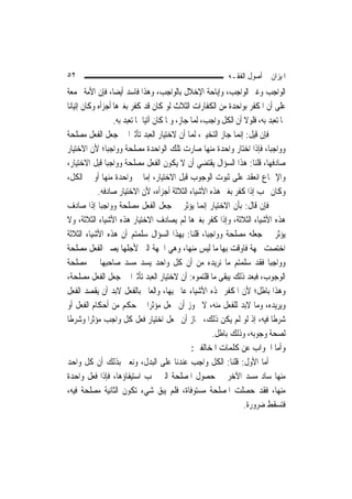 ‫٢٥‬                                                            ‫ﺍﳌﻴﺰﺍﻥ ﰲ ﺃﺻﻮﻝ ﺍﻟﻔﻘـﻪ‬
‫ﺍﻟﻮﺍﺟﺐ ﻭﻏﲑ ﺍﻟﻮﺍﺟﺐ، ﻭﺇﺑﺎﺣﺔ ﺍﻹﺧﻼﻝ ﺑﺎﻟﻮﺍﺟﺐ، ﻭﻫﺬﺍ ﻓﺎﺳﺪ ﺃﻳﻀ‪‬ﺎ، ﻓﺈﻥ ﺍﻷﻣﺔ ﳎﻤﻌﺔ‬
‫ﻋﻠﻰ ﺃﻥ ﺍﳌﻜﻔﺮ ﺑﻮﺍﺣﺪﺓ ﻣﻦ ﺍﻟﻜﻔﺎﺭﺍﺕ ﺍﻟﺜﻼﺙ ﻟﻮ ﻛﺎﻥ ﻗﺪ ﻛﻔﺮ ﺑﻐﲑﻫﺎ ﺃﺟﺰﺃﻩ ﻭﻛﺎﻥ ﺇﺗﻴﺎﻧ‪‬ﺎ‬
                   ‫ﲟﺎ ﺗﻌﺒﺪ ﺑﻪ، ﻓﻠﻮﻻ ﺃﻥ ﺍﻟﻜﻞ ﻭﺍﺟﺐ، ﹶﻟﻤ‪‬ﺎ ﺟﺎﺯ، ﻭﳌﺎ ﻛﺎﻥ ﺁﺗﻴﺎ ﲟﺎ ‪‬ﻌﺒﺪ ﺑﻪ.‬
                          ‫ﺗ‬
‫ﻓﺈﻥ ﻗﻴﻞ: ﺇ‪‬ﻤﺎ ﺟﺎﺯ ﺍﻟﺘﺨﻴﲑ، ﹶﻟﻤ‪‬ﺎ ﺃﻥ ﻻﺧﺘﻴﺎﺭ ﺍﻟﻌﺒﺪ ﺗﺄﺛﲑ‪‬ﺍ ﰲ ﺟﻌﻞ ﺍﻟﻔﻌﻞ ﻣﺼﻠﺤﺔ‬
                                                                   ‫ﻧ‬
‫ﻭﻭﺍﺟﺒ‪‬ﺎ، ﻓﺈﺫﺍ ﺍﺧﺘﺎﺭ ﻭﺍﺣﺪﺓ ﻣﻨﻬﺎ ﺻﺎﺭﺕ ﺗﻠﻚ ﺍﻟﻮﺍﺣﺪﺓ ﻣﺼﻠﺤﺔ ﻭﻭﺍﺟﺒ‪‬ﺎ؛ ﻷﻥ ﺍﻻﺧﺘﻴﺎﺭ‬
‫ﺻﺎﺩﻓﻬﺎ، ﻗﻠﻨﺎ: ﻫﺬﺍ ﺍﻟﺴﺆﺍﻝ ﻳﻘﺘﻀﻲ ﺃﻥ ﻻ ﻳﻜﻮﻥ ﺍﻟﻔﻌﻞ ﻣﺼﻠﺤﺔ ﻭﻭﺍﺟﺒ‪‬ﺎ ﻗﺒﻞ ﺍﻻﺧﺘﻴﺎﺭ،‬
‫ﻭﺍﻹﲨﺎﻉ ﺍﻧﻌﻘﺪ ﻋﻠﻰ ﺛﺒﻮﺕ ﺍﻟﻮﺟﻮﺏ ﻗﺒﻞ ﺍﻻﺧﺘﻴﺎﺭ، ﺇﻣﺎ ﰲ ﻭﺍﺣﺪﺓ ﻣﻨﻬﺎ ﺃﻭ ﰲ ﺍﻟﻜﻞ،‬
             ‫ﻭﻛﺎﻥ ﳚﺐ ﺇﺫﺍ ﻛﻔﺮ ﺑﻐﲑ ﻫﺬﻩ ﺍﻷﺷﻴﺎﺀ ﺍﻟﺜﻼﺛﺔ ﺃﺟﺰﺃﻩ، ﻷﻥ ﺍﻻﺧﺘﻴﺎﺭ ﺻﺎﺩﻓﻪ.‬
‫ﻓﺈﻥ ﻗﺎﻝ: ﺑﺄﻥ ﺍﻻﺧﺘﻴﺎﺭ ﺇ‪‬ﻤﺎ ﻳﺆﺛﺮ ﰲ ﺟﻌﻞ ﺍﻟﻔﻌﻞ ﻣﺼﻠﺤﺔ ﻭﻭﺍﺟﺒ‪‬ﺎ ﺇﺫﺍ ﺻﺎﺩﻑ‬
                                                        ‫ﻧ‬
‫ﻫﺬﻩ ﺍﻷﺷﻴﺎﺀ ﺍﻟﺜﻼﺛﺔ، ﻭﺇﺫﺍ ﻛﻔﺮ ﺑﻐﲑﻫﺎ ﻟﹶﻢ ﻳﺼﺎﺩﻑ ﺍﻻﺧﺘﻴﺎﺭ ﻫﺬﻩ ﺍﻷﺷﻴﺎﺀ ﺍﻟﺜﻼﺛﺔ، ﻭﻻ‬
‫ﻳﺆﺛﺮ ﰲ ﺟﻌﻠﻪ ﻣﺼﻠﺤﺔ ﻭﻭﺍﺟﺒ‪‬ﺎ، ﻗﻠﻨﺎ: ﺑِﻬﺬﺍ ﺍﻟﺴﺆﺍﻝ ﺳﻠﻤﺘﻢ ﺃﻥ ﻫﺬﻩ ﺍﻷﺷﻴﺎﺀ ﺍﻟﺜﻼﺛﺔ‬
‫ﺍﺧﺘﺼﺖ ﲜﻬﺔ ﻓﺎﻭﻗﺖ ﺑِﻬﺎ ﻣﺎ ﻟﻴﺲ ﻣﻨﻬﺎ، ﻭﻫﻲ ﺍﳉﻬﺔ ﺍﻟﱵ ﻷﺟﻠﻬﺎ ﻳﺼﲑ ﺍﻟﻔﻌﻞ ﻣﺼﻠﺤﺔ‬
‫ﻭﻭﺍﺟﺒ‪‬ﺎ ﻓﻘﺪ ﺳﻠﻤﺘﻢ ﻣﺎ ﻧﺮﻳﺪﻩ ﻣﻦ ﺃﻥ ﻛﻞ ﻭﺍﺣﺪ ﻳﺴﺪ ﻣﺴﺪ ﺻﺎﺣﺒﻬﺎ ﰲ ﻣﺼﻠﺤﺔ‬
‫ﺍﻟﻮﺟﻮﺏ، ﻓﺒﻌﺪ ﺫﻟﻚ ﻳﺒﻘﻰ ﻣﺎ ﻗﻠﺘﻤﻮﻩ: ﺃﻥ ﻻﺧﺘﻴﺎﺭ ﺍﻟﻌﺒﺪ ﺗﺄﺛﲑ‪‬ﺍ ﰲ ﺟﻌﻞ ﺍﻟﻔﻌﻞ ﻣﺼﻠﺤﺔ،‬
‫ﻭﻫﺬﺍ ﺑﺎﻃﻞ؛ ﻷﻥ ﺍﳌﻜﻔﺮ ‪‬ﺬﻩ ﺍﻷﺷﻴﺎﺀ ﻋﺎﱂ ﺑِﻬﺎ، ﻭﺍﻟﻌﺎﱂ ﺑﺎﻟﻔﻌﻞ ﻻﺑﺪ ﺃﻥ ﻳﻘﺼﺪ ﺍﻟﻔﻌﻞ‬
‫ﻭﻳﺮﻳﺪﻩ، ﻭﻣﺎ ﻻﺑﺪ ﻟﻠﻔﻌﻞ ﻣﻨﻪ، ﻻ ﳚﻮﺯ ﺃﻥ ﳚﻌﻞ ﻣﺆﺛﺮ‪‬ﺍ ﰲ ﺣﻜﻢ ﻣﻦ ﺃﺣﻜﺎﻡ ﺍﻟﻔﻌﻞ ﺃﻭ‬
‫ﺷﺮﻃﹰﺎ ﻓﻴﻪ، ﺇﺫ ﻟﻮ ﻟﹶﻢ ﻳﻜﻦ ﺫﻟﻚ، ﳉﺎﺯ ﺃﻥ ﳚﻌﻞ ﺍﺧﺘﻴﺎﺭ ﻓﻌﻞ ﻛﻞ ﻭﺍﺟﺐ ﻣﺆﺛﺮ‪‬ﺍ ﻭﺷﺮﻃﹰﺎ‬
                                                          ‫ﻟﺼﺤﺔ ﻭﺟﻮﺑﻪ، ﻭﺫﻟﻚ ﺑﺎﻃﻞ.‬
                                                 ‫ﻭﺃﻣﺎ ﺍﳉﻮﺍﺏ ﻋﻦ ﻛﻠﻤﺎﺕ ﺍﳌﺨﺎﻟﻔﲔ:‬
‫ﺃﻣﺎ ﺍﻷﻭﻝ: ﻗﻠﻨﺎ: ﺍﻟﻜﻞ ﻭﺍﺟﺐ ﻋﻨﺪﻧﺎ ﻋﻠﻰ ﺍﻟﺒﺪﻝ، ﻭﻧﻌﲏ ﺑﺬﻟﻚ ﺃﻥ ﻛﻞ ﻭﺍﺣﺪ‬
‫ﻣﻨﻬﺎ ﺳﺎﺩ ﻣﺴﺪ ﺍﻵﺧﺮ ﰲ ﺣﺼﻮﻝ ﺍﳌﺼﻠﺤﺔ ﺍﻟﱵ ﳚﺐ ﺍﺳﺘﻴﻔﺎﺅﻫﺎ، ﻓﺈﺫﺍ ﻓﻌﻞ ﻭﺍﺣﺪﺓ‬
‫ﻣﻨﻬﺎ، ﻓﻘﺪ ﺣﺼﻠﺖ ﺍﳌﺼﻠﺤﺔ ﻣﺴﺘﻮﻓﺎﺓ، ﻓﻠﻢ ﻳﺒﻖ ﺷﻲﺀ ﺗﻜﻮﻥ ﺍﻟﺜﺎﻧﻴﺔ ﻣﺼﻠﺤﺔ ﻓﻴﻪ،‬
                                                                     ‫ﻓﺘﺴﻘﻂ ﺿﺮﻭﺭﺓ.‬
 