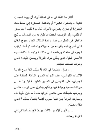 ‫ﺃﻗﺎﺒل ﻤﺎ ﻜﺸﻔﻪ ﻟﻲ – ﻓﻲ ﻟﺤﻅﺔ ﺃﺭﺍﺩ ﺃﻥ ﻴﻬﺒﻁ ﺍﻟﺤﻤـل‬
‫ﻟﺩﻗﻴﻘﺔ – ﺒﺎﻟﺫﻫﻭل ﺍﻟﻜﺒﻴﺭ؟ ﺃﻡ ﺒﺎﻟﺩﻫﺸﺔ ﺍﻟﻤﺴﺎﻓﺭﺓ ﺇﻟﻰ ﻤﺤﻁـﺎﺕ‬
‫ﺍﻟﺠﻨﻭﻥ؟ ﺃﻡ ﺒﺤﺯﻥ ﻴﻜﺴﺭﻨﻲ ﻷﺠﺯﺍﺀ ﺃﻤﺎﻤـﻪ؟ ﻜﻠﻬـﺎ ﻤﺸـﺎﻋﺭ‬
‫ﻻ ﺘﻜﻔﻲ، ﻭﻟﻭ ﺃﻗﺭﻀﺕ ﺍﻟﺤﺩﺙ ﻤﺎ ﻴﻠﻴﻕ ﺒﻪ ﻤﻥ ﺍﻨﻔﻌـﺎل ﻟـﺫﺒﺢ‬
‫ﻤﺎ ﺘﺒﻘﻰ ﻓﻲ ﺍﻟﺨﺎل ﻤﻥ ﺤﻴﺎﺓ. ﻭﺤﺩﺓ ﺍﻟﺴﻜﺎﺕ ﺍﻟﺠﺩﻴﺭ ﺒﺒﻭﺡ ﺍﻟﺨﺎل‬
‫ﺍﻟﺫﻱ ﺃﺨﺭﺝ ﻗﻠﺒﻪ ﻭﺃﻓﺭﻏﻪ ﻤﻥ ﺤﺎﺠﻴﺎﺘﻪ ﻭﻏﺴﻠﻪ، ﺜﻡ ﺃﻋﺎﺩ ﺘﺭﺘﻴﺏ‬
‫ﺍﻟﻬﻤﻭﻡ ﻓﻲ ﺴﺎﺤﺘﻪ ﻭﻭﻀﻌﻪ ﻓـﻲ ﻤﻜﺎﻨـﻪ ﻭﺘﺠﻤـﺩ، ﻜﺎﻟﻀـﻭﺀ‬
‫ﺍﻷﺼﻔﺭ ﺍﻟﻌﻠﻴل ﺍﻟﺫﻱ ﻴﻁﻠﻲ ﻫﻭﺍﺀ ﺍﻟﻐﺭﻓﺔ ﻭﻴﺒﺼﻕ ﻜﺂﺒﺘـﻪ ﻓـﻲ‬
                                 ‫ﻭﺠﻭﻫﻨﺎ ﺒﺼﻤﺕ ﻤﺘﺠﻤﺩ.‬
‫... ﻭﺼﺎﺭ ﻭﻀﻌﻨﺎ ﻓﻲ ﺍﻟﻐﺭﻓﺔ ﻤﺘﺸـﺎﺒﻜﺎ ﻤـﻊ ﺒﻘﻴـﺔ‬
           ‫ﹰ‬
‫ﺍﻷﺸﻴﺎﺀ، ﺍﻟﻜﺭﺍﺴﻲ، ﻋﻠﺏ ﺍﻟﺩﻭﺍﺀ، ﺍﻟﺼﻭﺭ ﺍﻟﺒﺎﻫﺘﺔ ﺍﻟﻤﻌﻠﻘﺔ ﻋﻠﻰ‬
‫ﺍﻟﺠﺩﺭﺍﻥ، ﺤﺘﻰ ﺍﻟﻘﺩﻴﺴﻴﻥ ﻓﻲ ﺍﻟﺼﻭﺭ ﺍﻟﻤﻠﻭﻨـﺔ ﺜﺒﺘـﻭﺍ ﻋﻠـﻰ‬
‫ﺤﺭﻜﺎﺕ ﺼﻌﺒﺔ ﻭﻤﺒﺎﻟﻎ ﻓﻴﻬﺎ ﻭﻜﺄﻨﻬﻡ ﻴﻤﺜﻠﻭﻥ ﻋﻠﻰ ﺍﻟﺭﺏ، ﺤﺘـﻰ‬
‫ﻭﺠﻭﻫﻬﻡ ﻀﺒﻁﺕ ﻋﻠﻰ ﻤﻼﻤﺢ ﺃﻋﺭﻓﻬﺎ ﻤﻨـﺫ ﺴـﻨﻴﻥ ﻁﻭﻴﻠـﺔ،‬
‫ﻭﺼﺎﺭﺕ ﺍﻟﻐﺭﻓﺔ ﺒﻤﻥ ﻓﻴﻬﺎ ﺼﻭﺭﺓ ﻗﺩﻴﻤﺔ ﺒﺎﻫﺘﺔ، ﻤﻌﻠﻘـﺔ ﻓـﻲ‬
                                           ‫ﻤﻜﺎﻥ ﻨﺠﻬﻠﻪ.‬
‫... ﻭﺍﻟﻠﻭﻥ ﺍﻷﺼﻔﺭ ﺍﻟﺜﺎﺒﺕ ﻴﺭﺒﻁ ﺍﻟﺠﻤﻭﺩ ﺍﻟﻤﺘﺸﻔﻲ ﻓﻲ‬
                                         ‫ﺍﻟﻐﺭﻓﺔ ﺒﺒﻌﻀﻪ.‬


‫٤٣١‬
 