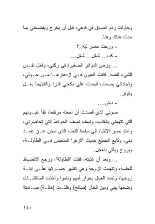 ‫ﻭﺤﺎﻭﻟﺕ ﺭﺩﻡ ﺍﻟﺼﺩﻕ ﻓﻲ ﻗﺎﻋﻲ، ﻗﺒل ﺃﻥ ﻴﺨﺭﺝ ﻭﻴﻔﻀﺤﻨﻲ ﺒﻤﺎ‬
                                       ‫ﺤﺩﺙ ﻫﻨﺎﻙ ﻭﻫﻨﺎ.‬
                          ‫- ﻭﺭﺤﺕ ﻤﺼﺭ ﻟﻴﻪ..؟‬
                      ‫- ﻜﺩﻩ... ﺸﻐل... ﺸﻐل....‬
‫... ﻭﺭﺹ ﺍﻟﺩﻭﺍﺌﺭ ﺍﻟﺼﻐﻴﺭﺓ ﻓﻲ ﺭﻜﻨﻲ، ﻭﻓﻌل ﻨﻔـﺱ‬
‫ﺍﻟﺸﻲﺀ ﻟﻨﻔﺴﻪ. ﻜﺎﻨﺕ ﺍﻟﻌﻴﻭﻥ ﻓـﻲ ﺍﺯﺩﻫﺎﺭﻫـﺎ ﻤـﻥ ﺤـﻭﻟﻲ،‬
‫ﻭﺘﺠﺎﺩﻟﻨﻲ ﺒﺼﻤﺕ، ﻗﺒﻀﺕ ﻋﻠﻰ ﻤﻜﻌﺒﻲ ﺍﻟﻨﺭﺩ ﻭﺃﻟﻘﻴﺘﻬﻤﺎ ﺒﻐـل‬
                                                  ‫ﻭﺘﻭﺘﺭ.‬
                                     ‫- ﺩﺒﺵ....‬
‫ﺼﻭﺘﻲ ﺍﻟﺫﻱ ﻗﺼﺩﺕ ﺃﻥ ﺃﺠﻌﻠﻪ ﻤﺭﺘﻔﻌﺎ، ﻓﻘﺄ ﻋﻴـﻭﻨﻬﻡ‬
              ‫‪‬‬
‫ﺍﻟﺘﻲ ﺘﺘﻬﻤﻨﻲ ﺒﺎﻟﻜﺫﺏ، ﻭﻨﺴﻑ ﻨﺼﻑ ﺍﻟﺤﻭﺍﺌﻁ ﺍﻟﺘﻲ ﺘﺤﺎﺼﺭﻨﻲ،‬
‫ﻭﺍﻤﺘﺩ ﺒﺼﺭ ﺍﻻﻨﺘﺒﺎﻩ ﺇﻟﻰ ﺴﺎﺤﺔ ﺍﻟﻠﻌﺏ ﺍﻟﺫﻱ ﺴﺨﻥ ﻋـﻥ ﻋﻤـﺩ‬
‫ﻤﻨﻲ، ﻭﺘﺎﺒﻊ ﺍﻟﺠﻤﻴﻊ ﺤﺩﻴﺙ "ﺍﻟﺯﻫﺭ" ﺍﻟﻤﻨﺤﺒﺱ ﻓـﻲ ﺍﻟﻁﺎﻭﻟـﺔ،‬
                                   ‫ﻭﻴﺭﻭﺡ ﻭﻴﺄﺘﻲ ﺒﺘﻌﺠل.‬
‫... ﻭﺒﻌﺩ ﺃﻥ ﻏﻠﺒﺘﻪ، ﻗﻔﻠﺕ "ﺍﻟﻁﺎﻭﻟﺔ"، ﻭﺭﺠﻊ ﺍﻻﻨﻀﺒﺎﻁ‬
‫ﻟﻠﺠﻠﺴﺔ، ﻭﺘﻨﻬﺩﺕ ﺍﻟﺯﻭﺠﺔ ﻭﻫﻲ ﺘﻅﻬﺭ ﺤﺴـﺭﺘﻬﺎ ﻋﻠـﻰ ﺍﺒﻨـﺔ‬
‫ﺯﻭﺠﻬﺎ، ﻭﺘﻤﺩﺩ ﺍﻟﻌﻴﺎل ﺒﺠﻭﺍﺭ ﺃﻤﻬﻡ ﻭﻨﺎﻤﻭﺍ ﻭﺃﺨﺫﺕ ﺍﻟﻤﻨﺎﻗﺸـﺎﺕ‬
‫ﻭﻀﻌﻬﺎ ﺒﻴﻨﻲ ﻭﺒﻴﻥ ﺍﻟﺨﺎل )ﺼﺎﻟﺢ( ﻭﻅﻠـﺕ )ﻫﺎﻟـﺔ( ﺼـﺎﻤﺘﺔ‬


‫٠٤١‬
 