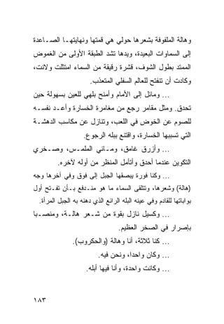 ‫ﻭﻫﺎﻟﺔ ﺍﻟﻤﻠﻔﻭﻓﺔ ﺒﺸﻌﺭﻫﺎ ﺤﻭﻟﻲ ﻫﻲ ﻗﻤﺘﻬﺎ ﻭﻨﻬﺎﻴﺘﻬـﺎ ﺍﻟﺼـﺎﻋﺩﺓ‬
‫ﺇﻟﻰ ﺍﻟﺴﻤﺎﻭﺍﺕ ﺍﻟﺒﻌﻴﺩﺓ، ﻭﻴﺩﻫﺎ ﺘﺸﺩ ﺍﻟﻁﺒﻘﺔ ﺍﻷﻭﻟﻰ ﻤﻥ ﺍﻟﻐﻤﻭﺽ‬
‫ﺍﻟﻤﻤﺘﺩ ﺒﻁﻭل ﺍﻟﺸﻭﻑ، ﻗﺸﺭﺓ ﺭﻗﻴﻘﺔ ﻤﻥ ﺍﻟﺴﻤﺎﺀ ﺍﻤﺘﺜﻠﺕ ﻭﻻﻨﺕ،‬
                       ‫ﻭﻜﺎﺩﺕ ﺃﻥ ﺘﻨﻔﺘﺢ ﻟﻠﻌﺎﻟﻡ ﺍﻟﺴﻔﻠﻲ ﺍﻟﻤﺘﻌﺫﺏ.‬
‫... ﻭﻤﺎﺌل ﺇﻟﻰ ﺍﻷﻤﺎﻡ ﻭﺃﻤﻨﺢ ﺒﻠﻬﻲ ﻟﻠﻌﻴﻥ ﺒﺴﻬﻭﻟﺔ ﺤﻴﻥ‬
‫ﺘﺤﺩﻕ. ﻭﻤﺜل ﻤﻘﺎﻤﺭ ﺭﺠﻊ ﻤﻥ ﻤﻐﺎﻤﺭﺓ ﺍﻟﺨﺴﺎﺭﺓ ﻭﺃﻋـﺩ ﻨﻔﺴـﻪ‬
‫ﻟﻠﺼﻭﻡ ﻋﻥ ﺍﻟﺨﻭﺽ ﻓﻲ ﺍﻟﻠﻌﺏ، ﻭﺘﻨﺎﺯل ﻋﻥ ﻤﻜﺎﺴﺏ ﺍﻟﺩﻫﺸـﺔ‬
                    ‫ﺍﻟﺘﻲ ﺘﺴﺒﺒﻬﺎ ﺍﻟﺨﺴﺎﺭﺓ، ﻭﺍﻗﺘﻨﻊ ﺒﺒﻠﻪ ﺍﻟﺭﺠﻭﻉ.‬
‫... ﻭﺃﺯﺭﻕ ﻏﺎﻤﻕ، ﻭﻤـﺎﺌﻲ ﺍﻟﻤﻠﻤـﺱ، ﻭﺼـﺨﺭﻱ‬
         ‫ﺍﻟﺘﻜﻭﻴﻥ ﻋﻨﺩﻤﺎ ﺃﺤﺩﻕ ﻭﺃﺘﺄﻤل ﺍﻟﻤﻨﻅﺭ ﻤﻥ ﺃﻭﻟﻪ ﻵﺨﺭﻩ.‬
‫... ﻭﻜﻨﺎ ﻓﻭﺭﺓ ﻴﺒﺼﻘﻬﺎ ﺍﻟﺠﺒل ﺇﻟﻰ ﻓﻭﻕ ﻭﻓﻲ ﺁﺨﺭﻫﺎ ﻭﺠﻪ‬
‫)ﻫﺎﻟﺔ( ﻭﺸﻌﺭﻫﺎ، ﻭﺘﺘﻠﻘﻰ ﺍﻟﺴﻤﺎﺀ ﻤﺎ ﻫﻭ ﻤﻨـﺩﻓﻊ ﺒـﺄﻥ ﺘﻔـﺘﺢ ﺃﻭل‬
  ‫ﺒﻭﺍﺒﺎﺘﻬﺎ ﻟﻠﻘﺎﺩﻡ ﻭﻓﻲ ﻋﻴﻨﻪ ﺍﻟﺒﻠﻪ ﺍﻟﺭﺍﺌﻊ ﺍﻟﺫﻱ ﺩﻫﻨﻪ ﺒﻪ ﺍﻟﺠﺒل ﺍﻟﻤﺭﺃﺓ.‬
‫... ﻭﻜﺴﻴل ﻨﺎﺯل ﺒﻘﻭﺓ ﻤﻥ ﺸـﻌﺭ ﻫﺎﻟـﺔ، ﻭﻤﻨﺼـﺒﺎ‬
‫ﹰ‬
                                   ‫ﺒﺈﺼﺭﺍﺭ ﻓﻲ ﺍﻟﺼﺨﺭ ﺍﻟﻌﻅﻴﻡ.‬
                ‫... ﻜﻨﺎ ﺜﻼﺜ ﹰ، ﺃﻨﺎ ﻭﻫﺎﻟﺔ )ﻭﺍﻟﺤﻜﺭﻭﺏ(.‬
                                       ‫ﺔ‬
                          ‫... ﻭﻜﺎﻥ ﻭﺍﺤﺩﹰ، ﻭﻨﺤﻥ ﻓﻴﻪ.‬
                                     ‫ﺍ‬
                     ‫... ﻭﻜﺎﻨﺕ ﻭﺍﺤﺩ ﹰ، ﻭﺃﻨﺎ ﻓﻴﻬﺎ ﺃﺒﻠﻪ.‬
                                      ‫ﺓ‬


‫٣٨١‬
 