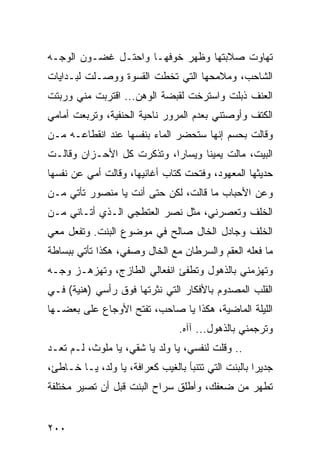 ‫ﺘﻬﺎﻭﺕ ﺼﻼﺒﺘﻬﺎ ﻭﻅﻬﺭ ﺨﻭﻓﻬـﺎ ﻭﺍﺤﺘـل ﻏﻀـﻭﻥ ﺍﻟﻭﺠـﻪ‬
‫ﺍﻟﺸﺎﺤﺏ، ﻭﻤﻼﻤﺤﻬﺎ ﺍﻟﺘﻲ ﺘﺨﻁﺕ ﺍﻟﻘﺴﻭﺓ ﻭﻭﺼـﻠﺕ ﻟﺒـﺩﺍﻴﺎﺕ‬
‫ﺍﻟﻌﻨﻑ ﺫﺒﻠﺕ ﻭﺍﺴﺘﺭﺨﺕ ﻟﻘﺒﻀﺔ ﺍﻟﻭﻫﻥ... ﺍﻗﺘﺭﺒﺕ ﻤﻨﻲ ﻭﺭﺒﺘﺕ‬
‫ﺍﻟﻜﺘﻑ ﻭﺃﻭﺼﺘﻨﻲ ﺒﻌﺩﻡ ﺍﻟﻤﺭﻭﺭ ﻨﺎﺤﻴﺔ ﺍﻟﺤﻨﻔﻴﺔ، ﻭﺘﺭﺒﻌﺕ ﺃﻤﺎﻤﻲ‬
‫ﻭﻗﺎﻟﺕ ﺒﺤﺴﻡ ﺇﻨﻬﺎ ﺴﺘﺤﻀﺭ ﺍﻟﻤﺎﺀ ﺒﻨﻔﺴﻬﺎ ﻋﻨﺩ ﺍﻨﻘﻁﺎﻋـﻪ ﻤـﻥ‬
‫ﺍﻟﺒﻴﺕ، ﻤﺎﻟﺕ ﻴﻤﻴﻨﺎ ﻭﻴﺴﺎﺭﺍ، ﻭﺘﺫﻜﺭﺕ ﻜل ﺍﻷﺤـﺯﺍﻥ ﻭﻗﺎﻟـﺕ‬
                           ‫‪‬‬      ‫ﹰ‬
‫ﺤﺩﻴﺜﻬﺎ ﺍﻟﻤﻌﻬﻭﺩ، ﻭﻓﺘﺤﺕ ﻜﺘﺎﺏ ﺃﻏﺎﻨﻴﻬﺎ، ﻭﻗﺎﻟﺕ ﺃﻤﻲ ﻋﻥ ﻨﻔﺴﻬﺎ‬
‫ﻭﻋﻥ ﺍﻷﺤﺒﺎﺏ ﻤﺎ ﻗﺎﻟﺕ، ﻟﻜﻥ ﺤﺘﻰ ﺃﻨﺕ ﻴﺎ ﻤﻨﺼﻭﺭ ﺘﺄﺘﻲ ﻤـﻥ‬
‫ﺍﻟﺨﻠﻑ ﻭﺘﻌﺼﺭﻨﻲ، ﻤﺜل ﻨﺼﺭ ﺍﻟﻌﺘﻁﺠﻲ ﺍﻟـﺫﻱ ﺃﺘـﺎﻨﻲ ﻤـﻥ‬
‫ﺍﻟﺨﻠﻑ ﻭﺠﺎﺩل ﺍﻟﺨﺎل ﺼﺎﻟﺢ ﻓﻲ ﻤﻭﻀﻭﻉ ﺍﻟﺒﻨﺕ. ﻭﺘﻔﻌل ﻤﻌﻲ‬
‫ﻤﺎ ﻓﻌﻠﻪ ﺍﻟﻌﻘﻡ ﻭﺍﻟﺴﺭﻁﺎﻥ ﻤﻊ ﺍﻟﺨﺎل ﻭﺼﻔﻲ، ﻫﻜﺫﺍ ﺘﺄﺘﻲ ﺒﺒﺴﺎﻁﺔ‬
‫ﻭﺘﻬﺯﻤﻨﻲ ﺒﺎﻟﺫﻫﻭل ﻭﺘﻁﻔﺊ ﺍﻨﻔﻌﺎﻟﻲ ﺍﻟﻁﺎﺯﺝ، ﻭﺘﻬﺯﻫـﺯ ﻭﺠـﻪ‬
‫ﺍﻟﻘﻠﺏ ﺍﻟﻤﺼﺩﻭﻡ ﺒﺎﻷﻓﻜﺎﺭ ﺍﻟﺘﻲ ﻨﺜﺭﺘﻬﺎ ﻓﻭﻕ ﺭﺃﺴﻲ )ﻫﻨﻴﺔ( ﻓـﻲ‬
‫ﺍﻟﻠﻴﻠﺔ ﺍﻟﻤﺎﻀﻴﺔ، ﻫﻜﺫﺍ ﻴﺎ ﺼﺎﺤﺏ، ﺘﻔﺘﺢ ﺍﻷﻭﺠﺎﻉ ﻋﻠﻰ ﺒﻌﻀـﻬﺎ‬
                                 ‫ﻭﺘﺭﺠﻤﻨﻲ ﺒﺎﻟﺫﻫﻭل... ﺁﺁﻩ.‬
‫.. ﻭﻗﻠﺕ ﻟﻨﻔﺴﻲ، ﻴﺎ ﻭﻟﺩ ﻴﺎ ﺸﻘﻲ، ﻴﺎ ﻤﻠﻭﺙ، ﻟـﻡ ﺘﻌـﺩ‬
‫ﺠﺩﻴﺭﺍ ﺒﺎﻟﺒﻨﺕ ﺍﻟﺘﻲ ﺘﺘﻨﺒﺄ ﺒﺎﻟﻐﻴﺏ ﻜﻌﺭﺍﻓﺔ، ﻴﺎ ﻭﻟﺩ، ﻴـﺎ ﺨـﺎﻁﺊ،‬
                                                     ‫‪‬‬
‫ﺘﻁﻬﺭ ﻤﻥ ﻀﻌﻔﻙ، ﻭﺃﻁﻠﻕ ﺴﺭﺍﺡ ﺍﻟﺒﻨﺕ ﻗﺒل ﺃﻥ ﺘﺼﻴﺭ ﻤﺨﺘﻠﻔﺔ‬


‫٠٠٢‬
 