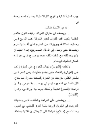 ‫ﺠﻴﺏ ﺍﻟﺴﺘﺭﺓ ﺍﻟﺒﺎﻟﻴﺔ ﻭﺃﺨﺭﺝ "ﻜﺎﺭﺘﺎ" ﻤﻠﻭﻨﺎ ﻭﻤﺩ ﻴﺩﻩ ﺍﻟﻤﻤﺼﻭﺼﺔ‬
                  ‫ﹰ‬      ‫ﹰ‬
                                                     ‫ﻟﻲ.‬
                          ‫- ﺩﻩ ﻤﻥ ﺍﻷﺴﺘﺎﺫ ﻨﺸﺄﺕ.‬
‫... ﻭﻭﺼﻑ ﻟﻲ ﻋﻨﻭﺍﻥ ﺍﻟﺸﺭﻜﺔ، ﻭﻜﻴﻑ ﺘﻜﻭﻥ ﻤﻼﻤﺢ‬
‫ﺍﻟﻤﻘﺎﺒﻠﺔ ﻭﻜﻴﻑ ﺃﻗﺩﻡ ﺍﻟﻜﺎﺭﺕ ﻟﻤﺩﻴﺭ ﺍﻟﺸﺭﻜﺔ. ﻜﻨﺕ ﺃﻟﻤـﺢ ﻓـﻲ‬
‫ﻭﺼﺎﻴﺎﻩ، ﺍﺴﺘﻜﺎﻨﺔ، ﻭﺒﺭﻭﺯﺍﺕ ﻤﻥ ﺍﻟﺨﻨﻭﻉ ﺍﻟﺫﻱ ﺃﺨـﺫ ﻴﺘـﺩﺭﺝ‬
‫ﻭﻴﺘﺼﺎﻋﺩ ﺤﺘﻰ ﻭﺼل ﺇﻟﻰ ﺍﻟـﺫل ﺍﻟﺼـﺭﻴﺢ، ﺇﻨـﻪ ﺍﻤﺘﻬـﺎﻥ‬
‫ﻻ ﻴﺭﻴﺩﻩ، ﻟﻜﻨﻪ ﻤﻊ ﺍﻟﻭﻗﺕ ﺘﺂﻟﻑ ﻤﻌﻪ، ﻭﻭﻀـﺢ ﻓـﻲ ﻋﻴﻭﻨـﻪ‬
                                 ‫ﺍﻟﻤﻌﻜﺭﺓ ﺒﺎﻟﻤﻴﺎﻩ ﺍﻟﺒﻴﻀﺎﺀ.‬
‫ﻭﺃﺨﺫﺕ )ﺍﻟﻜﺎﺭﺕ( ﻭﺘﻬﻴﺄﺕ ﻟﻠﺨﺭﻭﺝ، ﻓﻲ ﺍﻟﺤﺎﺭﺓ ﺘﺭﻜﺕ‬
‫ﺃﻤﻲ )ﺍﻟﻔﺭﺵ( ﻭﺘﻘﺩﻤﺕ ﺨﻠﻔﻲ ﺒﻀﻊ ﺨﻁﻭﺍﺕ ﻭﻫﻲ ﺘﺩﻋﻭ ﻟـﻲ‬
‫ﺒﺎﻟﺨﻴﺭ ﺍﻟﻜﺜﻴﺭ، ﺨﺭﺠﺕ ﻤﻥ ﺍﻟﺤﺎﺭﺓ ﻭﻗﺼﺩﺕ ﻤﻨـﺯل ﺼـﻼﺡ،‬
‫ﻜﺎﻥ ﻗﺎﺩﻤﺎ ﻤﻥ ﺍﻟﻤﺤﺠﺭ، ﺘﺒﺴﻡ ﻟﻲ ﻭﺭﺤـﺏ ﺒﻘـﺩﻭﻤﻲ. ﺭﻜـﻥ‬
                                        ‫‪‬‬
‫ﺩﺭﺍﺠﺘﻪ )ﺍﻟﻨﺼﺭ( ﺍﻟﻘﺩﻴﻤﺔ ﻭﺃﻤﺴﻙ ﺒﺩﻭﺴـﻴﻪ ﺃﻭﺭﺍﻗـﻲ، ﻭﻗـﺭﺃ‬
                                              ‫)ﺍﻟﻜﺎﺭﺕ(.‬
‫... ﻭﻭﻀﻌﻨﻲ ﻋﻠﻰ ﺍﻟﺩﺭﺍﺠﺔ ﻭﺍﻨﻁﻠﻘﻨـﺎ ﻓـﻲ ﺒـﺩﺍﻴﺎﺕ‬
‫ﺍﻟﻐﺭﻭﺏ، ﻓﻲ ﺍﻟﻁﺭﻴﻕ ﻗﺭﺭﺕ ﻨﻅﻤﺎ ﺃﺨﺭﻯ ﻟﻜﻼﻤﻲ ﻤﻊ ﺍﻟﻤﺩﻴﺭ،‬
                       ‫‪‬‬
‫ﻭﺤﺩﺩﺕ ﻤﻊ )ﺼﻼﺡ( ﺃﺸﻴﺎﺀﻨﺎ ﺍﻟﺘﻲ ﻻ ﻴﻤﻜﻥ ﺃﻥ ﻨﻘﺘﻠﻬﺎ ﺒﺒﺴﺎﻁﺔ،‬


‫٥٢‬
 