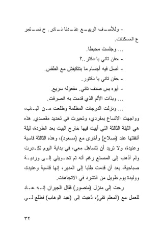 ‫ـﻊ ـﺩﻨﺎ ـﺎﺩﺭ. ﺡ ـﺘﻤﺭ‬
   ‫ﻨﺴـ‬     ‫ـﻑ ﺍﻟﺭﺒﻴـ ﻋﻨـ ﻨـ‬
                          ‫- ﻭﻟﻸﺴـ‬
                                               ‫ﻉ ﺍﻟﻤﺴﻜﻨﺎﺕ.‬
                                ‫... ﻭﺠﻠﺴﺕ ﻤﺤﺒﻁﺎ.‬
                             ‫- ﺤﻘﻥ ﺘﺎﻨﻲ ﻴﺎ ‪‬ﻜ ﹸﺭ..؟‬
                                 ‫ﺩﺘ‬
          ‫- ﺃﺼل ﻓﻴﻪ ﺃﺠﺴﺎﻡ ﻤﺎ ﺒﺘﺘﻜﻴﻔﺵ ﻤﻊ ﺍﻟﻁﻘﺱ.‬
                             ‫- ﺤﻘﻥ ﺘﺎﻨﻲ ﻴﺎ ﺩﻜﺘﻭﺭ.‬
             ‫- ﺃﻴﻭﻩ ﺒﺱ ﺼﻨﻑ ﺘﺎﻨﻲ. ﻤﻔﻌﻭﻟﻪ ﺴﺭﻴﻊ.‬
           ‫... ﻭﺒﺫﺍﺕ ﺍﻷﻟﻡ ﺍﻟﺫﻱ ﻗﺩﻤﺕ ﺒﻪ ﺍﻨﺼﺭﻓﺕ.‬
‫... ﻭﻨﺯﻟﺕ ﺍﻟﺩﺭﺠﺎﺕ ﺍﻟﻤﻅﻠﻤﺔ ﻭﻁﻠﻌﺕ ﻤـﻥ ﺍﻟﺒـﺎﺏ،‬
‫ﻭﻭﺍﺠﻬﺕ ﺍﻻﺘﺴﺎﻉ ﺒﻤﻔﺭﺩﻱ، ﻭﺘﺤﻴﺭﺕ ﻓﻲ ﺘﺤﺩﻴﺩ ﻤﻘﺼﺩﻱ. ﻫﺫﻩ‬
‫ﻫﻲ ﺍﻟﻠﻴﻠﺔ ﺍﻟﺜﺎﻟﺜﺔ ﺍﻟﺘﻲ ﺃﺒﻴﺕ ﻓﻴﻬﺎ ﺨﺎﺭﺝ ﺍﻟﺒﻴﺕ ﺒﻌﺩ ﺍﻟﻁﺭﺩﺓ، ﻟﻴﻠﺔ‬
‫ﺃﻨﻔﻘﺘﻬﺎ ﻋﻨﺩ )ﺼﻼﺡ( ﻭﺃﺨﺭﻯ ﻤﻊ )ﻤﺴﻌﻭﺩ(، ﻭﻫﺫﻩ ﺍﻟﺜﺎﻟﺜﺔ ﻗﺎﺴﻴﺔ‬
‫ﻭﻋﻨﻴﺩﺓ، ﻭﻻ ﺘﺭﻴﺩ ﺃﻥ ﺘﺘﺴﺎﻫل ﻤﻌﻲ، ﻓﻲ ﺒﺩﺍﻴﺔ ﺍﻟﻴﻭﻡ ﺘﻜـﺩﺭﺕ‬
‫ﻭﻟﻡ ﺃﺫﻫﺏ ﺇﻟﻰ ﺍﻟﻤﺼﻨﻊ ﺭﻏﻡ ﺃﻨﻪ ﺘﻡ ﺘﺤـﻭﻴﻠﻲ ﺇﻟـﻰ ﻭﺭﺩﻴـﺔ‬
‫ﺼﺒﺎﺤﻴﺔ، ﺒﻌﺩ ﺃﻥ ﻗﺩﻤﺕ ﻁﻠﺒﺎ ﺇﻟﻰ ﺍﻟﻤﺩﻴﺭ، ﺇﻨﻬﺎ ﻗﺎﺴﻴﺔ ﻭﻋﻨﻴﺩﺓ،‬
                ‫ﻭﻭﻟﻴﺩﺓ ﻴﻭﻡ ﻁﻭﻴل ﻤﻥ ﺍﻟﺘﺸﺭﺩ ﻓﻲ ﺍﻻﺘﺠﺎﻫﺎﺕ.‬
‫ﺭﺤﺕ ﺇﻟﻰ ﻤﻨﺯل )ﻤﻨﺼﻭﺭ( ﻓﻘﺎل ﺍﻟﺠﻴﺭﺍﻥ ﺇﻨـﻪ ﻋـﺎﺩ‬
‫ﻟﻠﻌﻤل ﻤﻊ )ﺍﻟﻤﻌﻠﻡ ﺘﻘﻲ(، ﺫﻫﺒﺕ ﺇﻟﻰ )ﻋﺒﺩ ﺍﻟﻭﻫﺎﺏ( ﻓﻁﻠﻊ ﻟـﻲ‬


‫٢٣‬
 