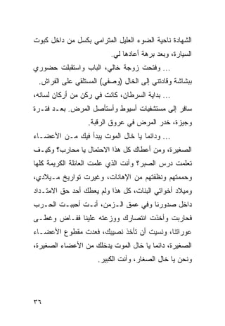 ‫ﺍﻟﺸﻬﺎﺩﺓ ﻨﺎﺤﻴﺔ ﺍﻟﻀﻭﺀ ﺍﻟﻌﻠﻴل ﺍﻟﻤﺘﺭﺍﻤﻲ ﺒﻜﺴل ﻤﻥ ﺩﺍﺨل ﻜﺒﻭﺕ‬
                         ‫ﺍﻟﺴﻴﺎﺭﺓ، ﻭﺒﻌﺩ ﺒﺭﻫﺔ ﺃﻋﺎﺩﻫﺎ ﻟﻲ.‬
‫... ﻭﻓﺘﺤﺕ ﺯﻭﺠﺔ ﺨﺎﻟﻲ، ﺍﻟﺒﺎﺏ ﻭﺍﺴﺘﻘﺒﻠﺕ ﺤﻀﻭﺭﻱ‬
 ‫ﺒﺒﺸﺎﺸﺔ ﻭﻗﺎﺩﺘﻨﻲ ﺇﻟﻰ ﺍﻟﺨﺎل )ﻭﺼﻔﻲ( ﺍﻟﻤﺴﺘﻠﻘﻲ ﻋﻠﻰ ﺍﻟﻔﺭﺍﺵ.‬
‫... ﺒﺩﺍﻴﺔ ﺍﻟﺴﺭﻁﺎﻥ، ﻜﺎﻨﺕ ﻓﻲ ﺭﻜﻥ ﻤﻥ ﺃﺭﻜﺎﻥ ﻟﺴﺎﻨﻪ،‬
‫ﺴﺎﻓﺭ ﺇﻟﻰ ﻤﺴﺘﺸﻔﻴﺎﺕ ﺃﺴﻴﻭﻁ ﻭﺃﺴﺘﺄﺼل ﺍﻟﻤﺭﺽ. ﺒﻌـﺩ ﻓﺘـﺭﺓ‬
                  ‫ﻭﺠﻴﺯﺓ، ﺨﺩﺭ ﺍﻟﻤﺭﺽ ﻓﻲ ﻋﺭﻭﻕ ﺍﻟﺭﻗﺒﺔ.‬
‫... ﻭﺩﺍﺌﻤﺎ ﻴﺎ ﺨﺎل ﺍﻟﻤﻭﺕ ﻴﺒﺩﺃ ﻓﻴﻙ ﻤـﻥ ﺍﻷﻋﻀـﺎﺀ‬
                                   ‫‪‬‬
‫ﺍﻟﺼﻐﻴﺭﺓ، ﻭﻤﻥ ﺃﻋﻁﺎﻙ ﻜل ﻫﺫﺍ ﺍﻻﺤﺘﻤﺎل ﻴﺎ ﻤﺤﺎﺭﺏ؟ ﻭﻜﻴـﻑ‬
‫ﺘﻌﻠﻤﺕ ﺩﺭﺱ ﺍﻟﺼﺒﺭ؟ ﻭﺃﻨﺕ ﺍﻟﺫﻱ ﻋﻠﻤﺕ ﺍﻟﻌﺎﺌﻠﺔ ﺍﻟﻜﺭﻴﻤﺔ ﻜﻠﻬﺎ‬
‫ﻭﺤﻤﻤﺘﻬﻡ ﻭﻨﻅﻔﺘﻬﻡ ﻤﻥ ﺍﻹﻫﺎﻨﺎﺕ، ﻭﻏﻴﺭﺕ ﺘﻭﺍﺭﻴﺦ ﻤـﻴﻼﺩﻱ،‬
‫ﻭﻤﻴﻼﺩ ﺃﺨﻭﺍﺘﻲ ﺍﻟﺒﻨﺎﺕ، ﻜل ﻫﺫﺍ ﻭﻟﻡ ﻴﻌﻁﻙ ﺃﺤﺩ ﺤﻕ ﺍﻻﻤﺘـﺩﺍﺩ‬
‫ﺩﺍﺨل ﺼﺩﻭﺭﻨﺎ ﻭﻓﻲ ﻋﻤﻕ ﺍﻟـﺯﻤﻥ، ﺃﻨـﺕ ﺃﺤﺒﺒـﺕ ﺍﻟﺤـﺭﺏ‬
‫ﻓﺤﺎﺭﺒﺕ ﻭﺃﺨﺫﺕ ﺍﻨﺘﺼﺎﺭﻙ ﻭﻭﺯﻋﺘﻪ ﻋﻠﻴﻨﺎ ﻓﻔـﺎﺽ ﻭﻏﻁـﻰ‬
‫ﻋﻭﺭﺍﺘﻨﺎ، ﻭﻨﺴﻴﺕ ﺃﻥ ﺘﺄﺨﺫ ﻨﺼﻴﺒﻙ، ﻓﻌﺩﺕ ﻤﻘﻁﻭﻉ ﺍﻷﻋﻀـﺎﺀ‬
‫ﺍﻟﺼﻐﻴﺭﺓ، ﺩﺍﺌﻤﺎ ﻴﺎ ﺨﺎل ﺍﻟﻤﻭﺕ ﻴﺩﺨﻠﻙ ﻤﻥ ﺍﻷﻋﻀﺎﺀ ﺍﻟﺼﻐﻴﺭﺓ،‬
                                       ‫‪‬‬
                     ‫ﻭﻨﺤﻥ ﻴﺎ ﺨﺎل ﺍﻟﺼﻐﺎﺭ، ﻭﺃﻨﺕ ﺍﻟﻜﺒﻴﺭ.‬




‫٦٣‬
 