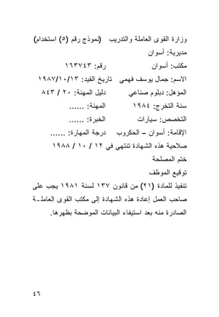 ‫ﻭﺯﺍﺭﺓ ﺍﻟﻘﻭﻯ ﺍﻟﻌﺎﻤﻠﺔ ﻭﺍﻟﺘﺩﺭﻴﺏ )ﻨﻤﻭﺫﺝ ﺭﻗﻡ )٥( ﺍﺴﺘﺨﺩﺍﻡ(‬
                                         ‫ﻤﺩﻴﺭﻴﺔ: ﺃﺴﻭﺍﻥ‬
            ‫ﺭﻗﻡ: ٣٤٧٣٦١‬                   ‫ﻤﻜﺘﺏ: ﺃﺴﻭﺍﻥ‬
 ‫ﺍﻻﺴﻡ: ﺠﻤﺎل ﻴﻭﺴﻑ ﻓﻬﻤﻲ ﺘﺎﺭﻴﺦ ﺍﻟﻘﻴﺩ: ٣١/٠١/٧٨٩١‬
     ‫ﺩﻟﻴل ﺍﻟﻤﻬﻨﺔ: ٠٢ / ٣٤٨‬        ‫ﺍﻟﻤﺅﻫل: ﺩﺒﻠﻭﻡ ﺼﻨﺎﻋﻲ‬
              ‫ﺍﻟﻤﻬﻨﺔ: ......‬        ‫ﺴﻨﺔ ﺍﻟﺘﺨﺭﺝ: ٤٨٩١‬
              ‫ﺍﻟﺨﺒﺭﺓ: ......‬         ‫ﺍﻟﺘﺨﺼﺹ: ﺴﻴﺎﺭﺍﺕ‬
       ‫ﺩﺭﺠﺔ ﺍﻟﻤﻬﺎﺭﺓ: ......‬    ‫ﺍﻹﻗﺎﻤﺔ: ﺃﺴﻭﺍﻥ – ﺍﻟﺤﻜﺭﻭﺏ‬
        ‫ﺼﻼﺤﻴﺔ ﻫﺫﻩ ﺍﻟﺸﻬﺎﺩﺓ ﺘﻨﺘﻬﻲ ﻓﻲ ٢١ / ٠١ / ٨٨٩١‬
                                          ‫ﺨﺘﻡ ﺍﻟﻤﺼﻠﺤﺔ‬
                                         ‫ﺘﻭﻗﻴﻊ ﺍﻟﻤﻭﻅﻑ‬
‫ﺘﻨﻔﻴﺫ ﻟﻠﻤﺎﺩﺓ )١٢( ﻤﻥ ﻗﺎﻨﻭﻥ ٧٣١ ﻟﺴﻨﺔ ١٨٩١ ﻴﺠﺏ ﻋﻠﻰ‬
‫ﺼﺎﺤﺏ ﺍﻟﻌﻤل ﺇﻋﺎﺩﺓ ﻫﺫﻩ ﺍﻟﺸﻬﺎﺩﺓ ﺇﻟﻰ ﻤﻜﺘﺏ ﺍﻟﻘﻭﻯ ﺍﻟﻌﺎﻤﻠـﺔ‬
       ‫ﺍﻟﺼﺎﺩﺭﺓ ﻤﻨﻪ ﺒﻌﺩ ﺍﺴﺘﻴﻔﺎﺀ ﺍﻟﺒﻴﺎﻨﺎﺕ ﺍﻟﻤﻭﻀﺤﺔ ﺒﻅﻬﺭﻫﺎ.‬




‫٦٤‬
 