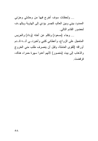 ‫... ﻭﻟﺤﻅﺎﺕ ﺴﻭﻑ ﺃﺨﺭﺝ ﻓﻴﻬﺎ ﻤﻥ ﻭﺤﺸﺘﻲ ﻭﺤﺯﻨﻲ‬
‫ﺍﻟﻤﻤﺩﻭﺩ ﺒﻴﻨﻲ ﻭﺒﻴﻥ ﺍﻟﻌﺎﻟﻡ، ﻜﺠﺴﺭ ﻴﺅﺩﻱ ﺇﻟﻰ ﺍﻟﻬﺎﻭﻴﺔ ﻭﻴﺘﻠﻬـﻑ‬
                                   ‫ﻟﺤﻀﻭﺭ ﺍﻟﻘﺎﺩﻡ ﺍﻟﺘﺎﻟﻲ.‬
‫... ﻭﺠﺎﺀ )ﻤﺴﻌﻭﺩ( ﻭﺘﻜﻠﻡ ﻋﻥ ﺃﺨﺘﻪ )ﻭﺩﺍﺩ( ﻭﺍﻟﻌﺭﻴﺱ‬
‫ﺍﻟﻤﺘﻌﺠل ﻋﻠﻰ ﺍﻟﺯﻭﺍﺝ، ﻭﺃﻋﻁﺎﻨﻲ ﻜﺘﺒﻲ ﻭﺃﺨﺒﺭﻨـﻲ ﺃﻨـﻪ ﻗـﺩﻡ‬
‫ﺃﻭﺭﺍﻗﻪ )ﻟﻠﻘﻭﻯ ﺍﻟﻌﺎﻤﻠﺔ، ﻭﻗﺒل ﺃﻥ ﻴﻨﺼﺭﻑ ﻁﻠﺏ ﻤﻨﻲ ﺍﻟﺨﺭﻭﺝ‬
‫ﻭﺍﻟﺫﻫﺎﺏ ﺇﻟﻰ ﺒﻴﺕ )ﻤﻨﺼﻭﺭ( ﻷﻨﻬﻡ ﺃﻋﺩﻭﺍ ﺴﻬﺭﺓ ﺤﻤﺭﺍﺀ ﻫﻨﺎﻙ،‬
                                              ‫ﻓﺭﻓﻀﺕ.‬




‫٨٥‬
 