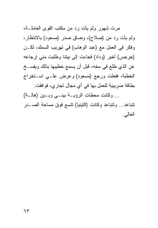 ‫ﻤﺭﺕ ﺸﻬﻭﺭ ﻭﻟﻡ ﻴﺄﺕ ﺭﺩ ﻤﻥ ﻤﻜﺘﺏ ﺍﻟﻘﻭﻯ ﺍﻟﻌﺎﻤﻠـﺔ،‬
‫ﻭﻟﻡ ﻴﺄﺕ ﺭﺩ ﻤﻥ )ﺼﻼﺡ(، ﻭﻀﺎﻕ ﺼﺩﺭ )ﻤﺴﻌﻭﺩ( ﺒﺎﻻﻨﺘﻅﺎﺭ،‬
‫ﻭﻓﻜﺭ ﻓﻲ ﺍﻟﻌﻤل ﻤﻊ )ﻋﺒﺩ ﺍﻟﻭﻫﺎﺏ( ﻓﻲ ﺘﻬﺭﻴﺏ ﺍﻟﺴﻤﻙ، ﻟﻜـﻥ‬
‫)ﺠﺭﺠﺱ( ﺃﺨﺒﺭ )ﻭﺩﺍﺩ( ﻓﺠﺎﺀﺕ ﺇﻟﻰ ﺒﻴﺘﻨﺎ ﻭﻁﻠﺒﺕ ﻤﻨﻲ ﺇﺭﺠﺎﻋﻪ‬
‫ﻋﻥ ﺍﻟﺫﻱ ﻁﻠﻊ ﻓﻲ ﻤﺨﻪ، ﻗﺒل ﺃﻥ ﻴﺴﻤﻊ ﺨﻁﻴﺒﻬﺎ ﺒﺫﻟﻙ ﻭﻴﻔﺴـﺦ‬
‫ﺍﻟﺨﻁﺒﺔ، ﻓﻔﻌﻠﺕ ﻭﺭﺠﻊ )ﻤﺴﻌﻭﺩ( ﻭﻋﺭﺽ ﻋﻠـﻲ ﺍﺴـﺘﺨﺭﺍﺝ‬
     ‫ﺒﻁﺎﻗﺔ ﻀﺭﻴﺒﻴﺔ ﻟﻠﻌﻤل ﺒﻬﺎ ﻓﻲ ﺃﻱ ﻤﺠﺎل ﺘﺠﺎﺭﻱ، ﻓﻭﺍﻓﻘﺕ.‬
‫... ﻭﻜﺎﻨﺕ ﻤﺤﻁﺎﺕ ﺍﻟﺭﺅﻴـﺔ ﺒﻴﻨـﻲ ﻭﺒـﻴﻥ )ﻫﺎﻟـﺔ(‬
‫ﺘﺘﺒﺎﻋﺩ... ﻭﺘﺘﺒﺎﻋﺩ ﻭﻜﺎﻨﺕ )ﺍﻟﺘﻴﻨﻴﺎ( ﺘﺘﺴﻊ ﻓﻭﻕ ﻤﺴﺎﺤﺔ ﺍﻟﺼـﺩﺭ‬
                                                ‫ﺍﻟﻌﺎﻟﻲ.‬




‫٣٦‬
 