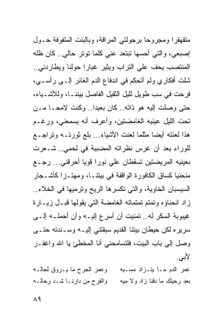 ‫ﻤﺘﻘﻬﻘﺭﺍ ﻭﻤﺠﺭﻭﺤﺎ ﺒﺭﺠﻭﻟﺘﻲ ﺍﻟﻤﺭﺍﻗﺔ، ﻭﺒﺎﻟﺒﻨﺕ ﺍﻟﻤﻠﻔﻭﻓﺔ ﺤـﻭل‬
                                        ‫‪‬‬
‫ﺇﺼﺒﻌﻲ، ﻭﺍﻟﺘﻲ ﺃﺤﺴﻬﺎ ﺘﺒﺘﻌﺩ ﻋﻨﻲ ﻜﻠﻤﺎ ﺘﻭﺘﺭ ﺤﺎﻟﻲ.. ﻜﺎﻥ ﻅﻠﻪ‬
‫ﺍﻟﻤﻨﺘﺼﺏ ﻴﺤﻑ ﻋﻠﻲ ﺍﻟﺘﺭﺍﺏ ﻭﻴﺜﻴﺭ ﻏﺒﺎﺭﺍ ﺤﻭﻟﻨﺎ ﻭﻴﻁﺎﺭﺩﻨﻲ..‬
                  ‫‪‬‬                 ‫‪‬‬
‫ﺸﻠﺕ ﺃﻓﻜﺎﺭﻱ ﻭﻟﻡ ﺃﺘﺤﻜﻡ ﻓﻲ ﺍﻨﺩﻓﺎﻉ ﺍﻟﺩﻡ ﺍﻟﻐﺎﺌﺭ ﺇﻟـﻰ ﺭﺃﺴـﻲ،‬
‫ﻓﺭﺤﺕ ﻓﻲ ﺴﺏ ﻁﻭﻴل ﻟﻠﻴل ﺍﻟﺜﻘﻴل ﺍﻟﻔﺎﺼل ﺒﻴﻨﻨـﺎ، ﻭﻟﻸﺸـﻴﺎﺀ،‬
‫ﺤﺘﻰ ﻭﺼﻠﺕ ﺇﻟﻴﻪ ﻫﻭ ﺫﺍﺘﻪ.. ﻜﺎﻥ ﺒﻌﻴﺩﺍ.. ﻭﻜﻨﺕ ﻻﻤ ‪‬ـﺎ ﻤـﻥ‬
      ‫ﺤ‬            ‫‪‬‬
‫ﺘﺤﺕ ﺍﻟﻠﻴل ﻋﻴﻨﻴﻪ ﺍﻟﻐﺎﻤﻀﺘﻴﻥ، ﻭﺃﻋﺭﻑ ﺃﻨﻪ ﻴﺴﻤﻌﻨﻲ، ﻭﺭﻏـﻡ‬
‫ﻫﺫﺍ ﻟﻌﻨﺘﻪ ﺃﻴﻀﺎ ﻤﺜﻠﻤﺎ ﻟﻌﻨﺕ ﺍﻷﺸﻴﺎﺀ... ﺒﻠﻊ ﺜﻭﺭﺘـﻪ ﻭﺘﺭﺍﺠـﻊ‬
                                         ‫‪‬‬
‫ﻟﻠﻭﺭﺍﺀ ﺒﻌﺩ ﺃﻥ ﻏﺭﺱ ﻨﻅﺭﺍﺘﻪ ﺍﻟﻤﻀﺒﺒﺔ ﻓﻲ ﻟﺤﻤﻲ.. ﺸـﻌﺭﺕ‬
‫ﺒﻌﻴﻨﻴﻪ ﺍﻟﻤﺭﻴﻀﺘﻴﻥ ﺘﺴﻘﻁﺎﻥ ﻋﻠﻲ ﻨﻭﺭﺍ ﻗﻭﻴﺎ ﺃﺤﺭﻗﻨﻲ... ﺭﺠـﻊ‬
                ‫‪ ‬‬
‫ﻤﻨﺤﻨﻴﺎ ﻜﺴﺎﻕ ﺍﻟﻜﺎﻓﻭﺭﺓ ﺍﻟﻭﺍﻗﻔﺔ ﻓﻲ ﺒﻴﺘﻨـﺎ، ﻭﻤﻬﺘـﺯﺍ ﻜﺄﺸـﺠﺎﺭ‬
         ‫‪‬‬                                        ‫‪‬‬
‫ﺍﻟﺴﻴﺴﺒﺎﻥ ﺍﻟﺨﺎﻭﻴﺔ، ﻭﺍﻟﺘﻲ ﺘﻜﺴﺭﻫﺎ ﺍﻟﺭﻴﺢ ﻭﺘﺭﻤﻴﻬﺎ ﻓﻲ ﺍﻟﺨﻼﺀ..‬
‫ﺯﺍﺩ ﺍﻨﺤﻨﺎﺅﻩ ﻭﺘﻤﺘﻡ ﺘﻤﺘﻤﺎﺘﻪ ﺍﻟﻐﺎﻤﻀﺔ ﺍﻟﺘﻲ ﻴﻘﻭﻟﻬﺎ ﻗﺒـل ﺯﻴـﺎﺭﺓ‬
‫ﻏﻴﺒﻭﺒﺔ ﺍﻟﺴﻜﺭ ﻟﻪ.. ﺘﻤﻨﻴﺕ ﺃﻥ ﺃﺴﺭﻉ ﺇﻟﻴـﻪ ﻭﺃﻥ ﺃﺤﻤﻠـﻪ ﺇﻟـﻰ‬
‫ﺴﺭﻴﺭﻩ ﻟﻜﻥ ﺤﻴﻁﺎﻥ ﺒﻴﺘﻨﺎ ﺍﻟﻘﺩﻴﻡ ﺴﺒﻘﺘﻨﻲ ﺇﻟﻴـﻪ ﻭﺴـﻨﺩﺘﻪ ﺤﺘـﻰ‬
‫ﻭﺼل ﺇﻟﻰ ﺒﺎﺏ ﺍﻟﺒﻴﺕ، ﻓﻠﺘﺴﺎﻤﺤﻨﻲ ﺃﻨﺎ ﺍﻟﻤﺨﻁﺊ ﻴﺎ ﺍﷲ ﻭﺍﻏﻔـﺭ‬
                                                     ‫ﻷﺒﻲ.‬
‫ﻭﻋﻤﺭ ﺍﻟﺠﺭﺡ ﻤﺎ ﻴـﺭﻭﻕ ﻟﺤﺎﻟـﻪ‬     ‫ﻋﻤﺭ ﺍﻟﺩﻡ ﻤـﺎ ﻴﻨـﺯﺍﺩ ﻤﺴـﻴﻪ‬
‫ﻭﺍﻟﻔﺭﺡ ﻤﻥ ﺩﺍﺭﻨـﺎ ﺸـﺩ ﺭﺤﺎﻟـﻪ‬    ‫ﺒﻌﺩ ﺭﺤﻴﻠﻙ ﻤﺎ ﺩﻗﻨﺎ ﺯﺍﺩ ﻭﻻ ﻤﻴﻪ‬

‫٩٨‬
 