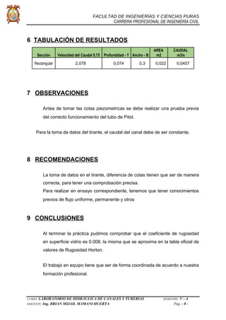 FACULTAD DE INGENIERÍAS Y CIENCIAS PURAS
CARRERA PROFESIONAL DE INGENIERÍA CIVIL
6 TABULACIÓN DE RESULTADOS
AREA CAUDAL
Sección Velocidad del Caudal 0,75 Profundidad - Y Ancho - B m2 m3/s
Rectangular 2,078 0,074 0,3 0,022 0,0457
7 OBSERVACIONES
Antes de tomar las cotas piezometricas se debe realizar una prueba previa
del correcto funcionamiento del tubo de Pitot.
Para la toma de datos del tirante, el caudal del canal debe de ser constante.
8 RECOMENDACIONES
La toma de datos en el tirante, diferencia de cotas tienen que ser de manera
correcta, para tener una comprobación precisa.
Para realizar en ensayo correspondiente, tenemos que tener conocimientos
previos de flujo uniforme, permanente y otros
9 CONCLUSIONES
Al terminar la práctica pudimos comprobar que el coeficiente de rugosidad
en superficie vidrio es 0.008, la misma que se aproxima en la tabla oficial de
valores de Rugosidad Horton.
El trabajo en equipo tiene que ser de forma coordinada de acuerdo a nuestra
formación profesional.
CURSO: LABORATORIO DE HIDRÁULICA DE CANALES Y TUBERÍAS SEMESTRE: V - A
DOCENTE: Ing. BRIAN MIJAIL MAMANI HUERTA Pág. - 8 -
 