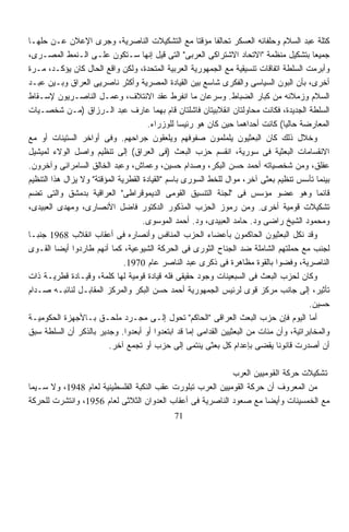 ‫ﻜﺘﻠﺔ ﻋﺒﺩ ﺍﻟﺴﻼﻡ ﻭﺤﻠﻔﺎﺌﻪ ﺍﻟﻌﺴﻜﺭ ﺘﺤﺎﻟﻔﺎ ﻤﺅﻗﺘﺎ ﻤﻊ ﺍﻟﺘﺸﻜﻴﻼﺕ ﺍﻟﻨﺎﺼﺭﻴﺔ، ﻭﺠﺭﻯ ﺍﻹﻋﻼﻥ ﻋـﻥ ﺤﻠﻬـﺎ‬
                                                      ‫ﹰ‬    ‫ﹰ‬
‫ﺠﻤﻴﻌﺎ ﺒﺘﺸﻜﻴل ﻤﻨﻅﻤﺔ "ﺍﻻﺘﺤﺎﺩ ﺍﻻﺸﺘﺭﺍﻜﻰ ﺍﻟﻌﺭﺒﻰ" ﺍﻟﺘﻰ ﻗﻴل ﺇﻨﻬﺎ ﺴـﺘﻜﻭﻥ ﻋﻠـﻰ ﺍﻟـﻨﻤﻁ ﺍﻟﻤﺼـﺭﻯ،‬
‫ﻭﺃﺒﺭﻤﺕ ﺍﻟﺴﻠﻁﺔ ﺍﺘﻔﺎﻗﺎﺕ ﺘﻨﺴﻴﻘﻴﺔ ﻤﻊ ﺍﻟﺠﻤﻬﻭﺭﻴﺔ ﺍﻟﻌﺭﺒﻴﺔ ﺍﻟﻤﺘﺤﺩﺓ، ﻭﻟﻜﻥ ﻭﺍﻗﻊ ﺍﻟﺤﺎل ﻜﺎﻥ ﻴﺅﻜـﺩ، ﻤـﺭﺓ‬
‫ﺃﺨﺭﻯ، ﺒﺄﻥ ﺍﻟﺒﻭﻥ ﺍﻟﺴﻴﺎﺴﻰ ﻭﺍﻟﻔﻜﺭﻯ ﺸﺎﺴﻊ ﺒﻴﻥ ﺍﻟﻘﻴﺎﺩﺓ ﺍﻟﻤﺼﺭﻴﺔ ﻭﺃﻜﺜﺭ ﻨﺎﺼﺭﻴﻰ ﺍﻟﻌﺭﺍﻕ ﻭﺒـﻴﻥ ﻋﺒـﺩ‬
‫ﺍﻟﺴﻼﻡ ﻭﺯﻤﻼﺌﻪ ﻤﻥ ﻜﺒﺎﺭ ﺍﻟﻀﺒﺎﻁ. ﻭﺴﺭﻋﺎﻥ ﻤﺎ ﺍﻨﻔﺭﻁ ﻋﻘﺩ ﺍﻻﺌﺘﻼﻑ، ﻭﻋﻤـل ﺍﻟﻨﺎﺼـﺭﻴﻭﻥ ﻹﺴـﻘﺎﻁ‬
‫ﺍﻟﺴﻠﻁﺔ ﺍﻟﺠﺩﻴﺩﺓ، ﻓﻜﺎﻨﺕ ﻤﺤﺎﻭﻟﺘﺎﻥ ﺍﻨﻘﻼﺒﻴﺘﺎﻥ ﻓﺎﺸﻠﺘﺎﻥ ﻗﺎﻡ ﺒﻬﻤﺎ ﻋﺎﺭﻑ ﻋﺒﺩ ﺍﻟـﺭﺯﺍﻕ )ﻤـﻥ ﺸﺨﺼـﻴﺎﺕ‬
                                      ‫ﺍﻟﻤﻌﺎﺭﻀﺔ ﺤﺎﻟﻴﺎ( ﻜﺎﻨﺕ ﺃﺤﺩﺍﻫﻤﺎ ﺤﻴﻥ ﻜﺎﻥ ﻫﻭ ﺭﺌﻴﺴﺎ ﻟﻠﻭﺯﺭﺍﺀ.‬
                                                 ‫ﹰ‬                              ‫ﹰ‬
‫ﻭﺨﻼل ﺫﻟﻙ ﻜﺎﻥ ﺍﻟﺒﻌﺜﻴﻭﻥ ﻴﻠﻤﻠﻤﻭﻥ ﺼﻔﻭﻓﻬﻡ ﻭﻴﻠﻌﻘﻭﻥ ﺠﺭﺍﺤﻬﻡ. ﻭﻓﻰ ﺃﻭﺍﺨﺭ ﺍﻟﺴﺘﻴﻨﺎﺕ ﺃﻭ ﻤﻊ‬
‫ﺍﻻﻨﻘﺴﺎﻤﺎﺕ ﺍﻟﺒﻌﺜﻴﺔ ﻓﻰ ﺴﻭﺭﻴﺔ، ﺍﻨﻘﺴﻡ ﺤﺯﺏ ﺍﻟﺒﻌﺙ )ﻓﻰ ﺍﻟﻌﺭﺍﻕ( ﺇﻟﻰ ﺘﻨﻅﻴﻡ ﻭﺍﺼل ﺍﻟﻭﻻﺀ ﻟﻤﻴﺸﻴل‬
‫ﻋﻔﻠﻕ، ﻭﻤﻥ ﺸﺨﺼﻴﺎﺘﻪ ﺃﺤﻤﺩ ﺤﺴﻥ ﺍﻟﺒﻜﺭ، ﻭﺼﺩﺍﻡ ﺤﺴﻴﻥ، ﻭﻋﻤﺎﺵ، ﻭﻋﺒﺩ ﺍﻟﺨﺎﻟﻕ ﺍﻟﺴﺎﻤﺭﺍﺌﻰ ﻭﺁﺨﺭﻭﻥ.‬
‫ﺒﻴﻨﻤﺎ ﺘﺄﺴﺱ ﺘﻨﻅﻴﻡ ﺒﻌﺜﻰ ﺁﺨﺭ، ﻤﻭﺍل ﻟﻠﺨﻁ ﺍﻟﺴﻭﺭﻯ ﺒﺎﺴﻡ "ﺍﻟﻘﻴﺎﺩﺓ ﺍﻟﻘﻁﺭﻴﺔ ﺍﻟﻤﺅﻗﺘﺔ" ﻭﻻ ﻴﺯﺍل ﻫﺫﺍ ﺍﻟﺘﻨﻅﻴﻡ‬
‫ﻗﺎﺌﻤﺎ ﻭﻫﻭ ﻋﻀﻭ ﻤﺅﺴﺱ ﻓﻰ "ﻟﺠﻨﺔ ﺍﻟﺘﻨﺴﻴﻕ ﺍﻟﻘﻭﻤﻰ ﺍﻟﺩﻴﻤﻭﻗﺭﺍﻁﻰ" ﺍﻟﻌﺭﺍﻗﻴﺔ ﺒﺩﻤﺸﻕ ﻭﺍﻟﺘﻰ ﺘﻀﻡ‬           ‫ﹰ‬
‫ﺘﺸﻜﻴﻼﺕ ﻗﻭﻤﻴﺔ ﺃﺨﺭﻯ. ﻭﻤﻥ ﺭﻤﻭﺯ ﺍﻟﺤﺯﺏ ﺍﻟﻤﺫﻜﻭﺭ ﺍﻟﺩﻜﺘﻭﺭ ﻓﺎﻀل ﺍﻷﻨﺼﺎﺭﻯ، ﻭﻤﻬﺩﻯ ﺍﻟﻌﺒﻴﺩﻯ،‬
                                     ‫ﻭﻤﺤﻤﻭﺩ ﺍﻟﺸﻴﺦ ﺭﺍﻀﻰ ﻭﺩ. ﺤﺎﻤﺩ ﺍﻟﻌﺒﻴﺩﻯ، ﻭﺩ. ﺃﺤﻤﺩ ﺍﻟﻤﻭﺴﻭﻯ.‬
‫ﻭﻗﺩ ﻨﻜل ﺍﻟﺒﻌﺜﻴﻭﻥ ﺍﻟﺤﺎﻜﻤﻭﻥ ﺒﺄﻋﻀﺎﺀ ﺍﻟﺤﺯﺏ ﺍﻟﻤﻨﺎﻓﺱ ﻭﺃﻨﺼﺎﺭﻩ ﻓﻰ ﺃﻋﻘﺎﺏ ﺍﻨﻘﻼﺏ 8691 ﺠﻨﺒـﺎ‬
‫ﹰ‬
‫ﻟﺠﻨﺏ ﻤﻊ ﺤﻤﻠﺘﻬﻡ ﺍﻟﺸﺎﻤﻠﺔ ﻀﺩ ﺍﻟﺠﻨﺎﺡ ﺍﻟﺜﻭﺭﻯ ﻓﻰ ﺍﻟﺤﺭﻜﺔ ﺍﻟﺸﻴﻭﻋﻴﺔ، ﻜﻤﺎ ﺃﻨﻬﻡ ﻁﺎﺭﺩﻭﺍ ﺃﻴﻀﺎ ﺍﻟﻘـﻭﻯ‬
         ‫ﹰ‬
                               ‫ﺍﻟﻨﺎﺼﺭﻴﺔ، ﻭﻓﻀﻭﺍ ﺒﺎﻟﻘﻭﺓ ﻤﻅﺎﻫﺭﺓ ﻓﻰ ﺫﻜﺭﻯ ﻋﺒﺩ ﺍﻟﻨﺎﺼﺭ ﻋﺎﻡ 0791.‬
‫ﻭﻜﺎﻥ ﻟﺤﺯﺏ ﺍﻟﺒﻌﺙ ﻓﻰ ﺍﻟﺴﺒﻌﻴﻨﺎﺕ ﻭﺠﻭﺩ ﺤﻘﻴﻘﻰ ﻓﻠﻪ ﻗﻴﺎﺩﺓ ﻗﻭﻤﻴﺔ ﻟﻬﺎ ﻜﻠﻤﺔ، ﻭﻗﻴـﺎﺩﺓ ﻗﻁﺭﻴـﺔ ﺫﺍﺕ‬
‫ﺘﺄﺜﻴﺭ، ﺇﻟﻰ ﺠﺎﻨﺏ ﻤﺭﻜﺯ ﻗﻭﻯ ﻟﺭﺌﻴﺱ ﺍﻟﺠﻤﻬﻭﺭﻴﺔ ﺃﺤﻤﺩ ﺤﺴﻥ ﺍﻟﺒﻜﺭ ﻭﺍﻟﻤﺭﻜﺯ ﺍﻟﻤﻘﺎﺒـل ﻟﻨﺎﺌﺒـﻪ ﺼـﺩﺍﻡ‬
                                                                                        ‫ﺤﺴﻴﻥ.‬
‫ﺃﻤﺎ ﺍﻟﻴﻭﻡ ﻓﺈﻥ ﺤﺯﺏ ﺍﻟﺒﻌﺙ ﺍﻟﻌﺭﺍﻗﻰ "ﺍﻟﺤﺎﻜﻡ" ﺘﺤﻭل ﺇﻟـﻰ ﻤﺠـﺭﺩ ﻤﻠﺤـﻕ ﺒـﺎﻷﺠﻬﺯﺓ ﺍﻟﺤﻜﻭﻤﻴـﺔ‬
‫ﻭﺍﻟﻤﺨﺎﺒﺭﺍﺘﻴﺔ، ﻭﺃﻥ ﻤﺌﺎﺕ ﻤﻥ ﺍﻟﺒﻌﺜﻴﻴﻥ ﺍﻟﻘﺩﺍﻤﻰ ﺇﻤﺎ ﻗﺩ ﺍﺒﺘﻌﺩﻭﺍ ﺃﻭ ﺃﺒﻌﺩﻭﺍ. ﻭﺠﺩﻴﺭ ﺒﺎﻟﺫﻜﺭ ﺃﻥ ﺍﻟﺴﻠﻁﺔ ﺴﺒﻕ‬
                         ‫ﺃﻥ ﺃﺼﺩﺭﺕ ﻗﺎﻨﻭﻨﺎ ﻴﻘﻀﻰ ﺒﺈﻋﺩﺍﻡ ﻜل ﺒﻌﺜﻰ ﻴﻨﺘﻤﻰ ﺇﻟﻰ ﺤﺯﺏ ﺃﻭ ﺘﺠﻤﻊ ﺁﺨﺭ.‬
                                                                              ‫ﹰ‬

                                                           ‫ﺘﺸﻜﻴﻼﺕ ﺤﺭﻜﺔ ﺍﻟﻘﻭﻤﻴﻴﻥ ﺍﻟﻌﺭﺏ‬
‫ﻤﻥ ﺍﻟﻤﻌﺭﻭﻑ ﺃﻥ ﺤﺭﻜﺔ ﺍﻟﻘﻭﻤﻴﻴﻥ ﺍﻟﻌﺭﺏ ﺘﺒﻠﻭﺭﺕ ﻋﻘﺏ ﺍﻟﻨﻜﺒﺔ ﺍﻟﻔﻠﺴﻁﻴﻨﻴﺔ ﻟﻌﺎﻡ 8491، ﻭﻻ ﺴـﻴﻤﺎ‬
‫ﻤﻊ ﺍﻟﺨﻤﺴﻴﻨﺎﺕ ﻭﺃﻴﻀﺎ ﻤﻊ ﺼﻌﻭﺩ ﺍﻟﻨﺎﺼﺭﻴﺔ ﻓﻰ ﺃﻋﻘﺎﺏ ﺍﻟﻌﺩﻭﺍﻥ ﺍﻟﺜﻼﺜﻰ ﻟﻌﺎﻡ 6591، ﻭﺍﻨﺘﺸﺭﺕ ﻟﻠﺤﺭﻜﺔ‬
                                                                    ‫ﹰ‬
                                              ‫17‬
 