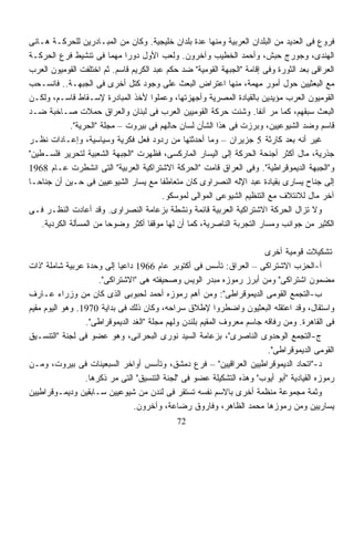 ‫ﻓﺭﻭﻉ ﻓﻰ ﺍﻟﻌﺩﻴﺩ ﻤﻥ ﺍﻟﺒﻠﺩﺍﻥ ﺍﻟﻌﺭﺒﻴﺔ ﻭﻤﻨﻬﺎ ﻋﺩﺓ ﺒﻠﺩﺍﻥ ﺨﻠﻴﺠﻴﺔ. ﻭﻜﺎﻥ ﻤﻥ ﺍﻟﻤﺒـﺎﺩﺭﻴﻥ ﻟﻠﺤﺭﻜـﺔ ﻫـﺎﻨﻰ‬
‫ﺍﻟﻬﻨﺩﻯ، ﻭﺠﻭﺭﺝ ﺤﺒﺵ، ﻭﺃﺤﻤﺩ ﺍﻟﺨﻁﻴﺏ ﻭﺁﺨﺭﻭﻥ. ﻭﻟﻌﺏ ﺍﻷﻭل ﺩﻭﺭﺍ ﻤﻬﻤﺎ ﻓﻰ ﺘﻨﺸﻴﻁ ﻓﺭﻉ ﺍﻟﺤﺭﻜـﺔ‬
                           ‫ﹰ‬  ‫ﹰ‬
‫ﺍﻟﻌﺭﺍﻗﻰ ﺒﻌﺩ ﺍﻟﺜﻭﺭﺓ ﻭﻓﻰ ﺇﻗﺎﻤﺔ "ﺍﻟﺠﺒﻬﺔ ﺍﻟﻘﻭﻤﻴﺔ" ﻀﺩ ﺤﻜﻡ ﻋﺒﺩ ﺍﻟﻜﺭﻴﻡ ﻗﺎﺴﻡ. ﺜﻡ ﺍﺨﺘﻠﻔﺕ ﺍﻟﻘﻭﻤﻴﻭﻥ ﺍﻟﻌﺭﺏ‬
‫ﻤﻊ ﺍﻟﺒﻌﺜﻴﻴﻥ ﺤﻭل ﺃﻤﻭﺭ ﻤﻬﻤﺔ، ﻤﻨﻬﺎ ﺍﻋﺘﺭﺍﺽ ﺍﻟﺒﻌﺙ ﻋﻠﻰ ﻭﺠﻭﺩ ﻜﺘل ﺃﺨﺭﻯ ﻓﻰ ﺍﻟﺠﺒﻬـﺔ.. ﻓﺎﻨﺴـﺤﺏ‬
‫ﺍﻟﻘﻭﻤﻴﻭﻥ ﺍﻟﻌﺭﺏ ﻤﺅﻴﺩﻴﻥ ﺒﺎﻟﻘﻴﺎﺩﺓ ﺍﻟﻤﺼﺭﻴﺔ ﻭﺃﺠﻬﺯﺘﻬﺎ، ﻭﻋﻤﻠﻭﺍ ﻷﺨﺫ ﺍﻟﻤﺒﺎﺩﺭﺓ ﻹﺴـﻘﺎﻁ ﻗﺎﺴـﻡ، ﻭﻟﻜـﻥ‬
‫ﺍﻟﺒﻌﺙ ﺴﺒﻘﻬﻡ، ﻜﻤﺎ ﻤﺭ ﺁﻨﻔﹰ. ﻭﺸﻨﺕ ﺤﺭﻜﺔ ﺍﻟﻘﻭﻤﻴﻴﻥ ﺍﻟﻌﺭﺏ ﻓﻰ ﻟﺒﻨﺎﻥ ﻭﺍﻟﻌﺭﺍﻕ ﺤﻤﻼﺕ ﺼـﺎﺨﺒﺔ ﻀـﺩ‬
                                                                     ‫ﺎ‬
             ‫ﻗﺎﺴﻡ ﻭﻀﺩ ﺍﻟﺸﻴﻭﻋﻴﻴﻥ، ﻭﺒﺭﺯﺕ ﻓﻰ ﻫﺫﺍ ﺍﻟﺸﺄﻥ ﻟﺴﺎﻥ ﺤﺎﻟﻬﻡ ﻓﻰ ﺒﻴﺭﻭﺕ – ﻤﺠﻠﺔ "ﺍﻟﺤﺭﻴﺔ".‬
‫ﻏﻴﺭ ﺃﻨﻪ ﺒﻌﺩ ﻜﺎﺭﺜﺔ 5 ﺠﺯﻴﺭﺍﻥ – ﻭﻤﺎ ﺃﺤﺩﺜﺘﻬﺎ ﻤﻥ ﺭﺩﻭﺩ ﻓﻌل ﻓﻜﺭﻴﺔ ﻭﺴﻴﺎﺴﻴﺔ، ﻭﺇﻋـﺎﺩﺍﺕ ﻨﻅـﺭ‬
‫ﺠﺫﺭﻴﺔ، ﻤﺎل ﺃﻜﺜﺭ ﺃﺠﻨﺤﺔ ﺍﻟﺤﺭﻜﺔ ﺇﻟﻰ ﺍﻟﻴﺴﺎﺭ ﺍﻟﻤﺎﺭﻜﺴﻰ، ﻓﻅﻬﺭﺕ "ﺍﻟﺠﺒﻬﺔ ﺍﻟﺸﻌﺒﻴﺔ ﻟﺘﺤﺭﻴﺭ ﻓﻠﺴـﻁﻴﻥ"‬
‫ﻭ"ﺍﻟﺠﺒﻬﺔ ﺍﻟﺩﻴﻤﻭﻗﺭﺍﻁﻴﺔ". ﻭﻓﻰ ﺍﻟﻌﺭﺍﻕ ﻗﺎﻤﺕ "ﺍﻟﺤﺭﻜﺔ ﺍﻻﺸﺘﺭﺍﻜﻴﺔ ﺍﻟﻌﺭﺒﻴﺔ" ﺍﻟﺘﻰ ﺍﻨﺸﻁﺭﺕ ﻋـﺎﻡ 8691‬
‫ﺇﻟﻰ ﺠﻨﺎﺡ ﻴﺴﺎﺭﻯ ﺒﻘﻴﺎﺩﺓ ﻋﺒﺩ ﺍﻹﻟﻪ ﺍﻟﻨﺼﺭﺍﻭﻯ ﻜﺎﻥ ﻤﺘﻌﺎﻁﻔﺎ ﻤﻊ ﻴﺴﺎﺭ ﺍﻟﺸﻴﻭﻋﻴﻴﻥ ﻓﻰ ﺤـﻴﻥ ﺃﻥ ﺠﻨﺎﺤـﺎ‬
‫ﹰ‬                                       ‫ﹰ‬
                                         ‫ﺁﺨﺭ ﻤﺎل ﻟﻼﺌﺘﻼﻑ ﻤﻊ ﺍﻟﺘﻨﻅﻴﻡ ﺍﻟﺸﻴﻭﻋﻰ ﺍﻟﻤﻭﺍﻟﻰ ﻟﻤﻭﺴﻜﻭ.‬
‫ﻭﻻ ﺘﺯﺍل ﺍﻟﺤﺭﻜﺔ ﺍﻻﺸﺘﺭﺍﻜﻴﺔ ﺍﻟﻌﺭﺒﻴﺔ ﻗﺎﺌﻤﺔ ﻭﻨﺸﻁﺔ ﺒﺯﻋﺎﻤﺔ ﺍﻟﻨﺼﺭﺍﻭﻯ. ﻭﻗﺩ ﺃﻋﺎﺩﺕ ﺍﻟﻨﻅـﺭ ﻓـﻰ‬
    ‫ﺍﻟﻜﺜﻴﺭ ﻤﻥ ﺠﻭﺍﻨﺏ ﻭﻤﺴﺎﺭ ﺍﻟﺘﺠﺭﺒﺔ ﺍﻟﻨﺎﺼﺭﻴﺔ، ﻜﻤﺎ ﺃﻥ ﻟﻬﺎ ﻤﻭﻗﻔﺎ ﺃﻜﺜﺭ ﻭﻀﻭﺤﺎ ﻤﻥ ﺍﻟﻤﺴﺄﻟﺔ ﺍﻟﻜﺭﺩﻴﺔ.‬
                         ‫ﹰ‬          ‫ﹰ‬

                                                                       ‫ﺘﺸﻜﻴﻼﺕ ﻗﻭﻤﻴﺔ ﺃﺨﺭﻯ‬
‫ﺃ-ﺍﻟﺤﺯﺏ ﺍﻻﺸﺘﺭﺍﻜﻰ – ﺍﻟﻌﺭﺍﻕ: ﺘﺄﺴﺱ ﻓﻰ ﺃﻜﺘﻭﺒﺭ ﻋﺎﻡ 6691 ﺩﺍﻋﻴﺎ ﺇﻟﻰ ﻭﺤﺩﺓ ﻋﺭﺒﻴﺔ ﺸﺎﻤﻠﺔ "ﺫﺍﺕ‬
                           ‫ﹰ‬
                     ‫ﻤﻀﻤﻭﻥ ﺍﺸﺘﺭﺍﻜﻰ" ﻭﻤﻥ ﺃﺒﺭﺯ ﺭﻤﻭﺯﻩ ﻤﺒﺩﺭ ﺍﻟﻭﻴﺱ ﻭﺼﺤﻴﻔﺘﻪ ﻫﻰ "ﺍﻻﺸﺘﺭﺍﻜﻰ".‬
‫ﺏ-ﺍﻟﺘﺠﻤﻊ ﺍﻟﻘﻭﻤﻰ ﺍﻟﺩﻴﻤﻭﻗﺭﺍﻁﻰ": ﻭﻤﻥ ﺃﻫﻡ ﺭﻤﻭﺯﻩ ﺃﺤﻤﺩ ﻟﺤﺒﻭﺒﻰ ﺍﻟﺫﻯ ﻜﺎﻥ ﻤﻥ ﻭﺯﺭﺍﺀ ﻋـﺎﺭﻑ‬
‫ﻭﺍﺴﺘﻘﺎل، ﻭﻗﺩ ﺍﻋﺘﻘﻠﻪ ﺍﻟﺒﻌﺜﻴﻭﻥ ﻭﺍﻀﻁﺭﻭﺍ ﻹﻁﻼﻕ ﺴﺭﺍﺤﻪ، ﻭﻜﺎﻥ ﺫﻟﻙ ﻓﻰ ﺒﺩﺍﻴﺔ 0791. ﻭﻫﻭ ﺍﻟﻴﻭﻡ ﻤﻘﻴﻡ‬
                 ‫ﻓﻰ ﺍﻟﻘﺎﻫﺭﺓ. ﻭﻤﻥ ﺭﻓﺎﻗﻪ ﺠﺎﺴﻡ ﻤﻌﺭﻭﻑ ﺍﻟﻤﻘﻴﻡ ﺒﻠﻨﺩﻥ ﻭﻟﻬﻡ ﻤﺠﻠﺔ "ﺍﻟﻐﺩ ﺍﻟﺩﻴﻤﻭﻗﺭﺍﻁﻰ".‬
‫ﺝ-ﺍﻟﺘﺠﻤﻊ ﺍﻟﻭﺤﺩﻭﻯ ﺍﻟﻨﺎﺼﺭﻯ"، ﺒﺯﻋﺎﻤﺔ ﺍﻟﺴﻴﺩ ﻨﻭﺭﻯ ﺍﻟﺒﺤﺭﺍﻨﻰ، ﻭﻫﻭ ﻋﻀﻭ ﻓﻰ ﻟﺠﻨﺔ "ﺍﻟﺘﻨﺴـﻴﻕ‬
                                                                        ‫ﺍﻟﻘﻭﻤﻰ ﺍﻟﺩﻴﻤﻭﻗﺭﺍﻁﻰ".‬
‫ﺩ-"ﺍﺘﺤﺎﺩ ﺍﻟﺩﻴﻤﻭﻗﺭﺍﻁﻴﻴﻥ ﺍﻟﻌﺭﺍﻗﻴﻴﻥ" – ﻓﺭﻉ ﺩﻤﺸﻕ، ﻭﺘﺄﺴﺱ ﺃﻭﺍﺨﺭ ﺍﻟﺴﺒﻌﻴﻨﺎﺕ ﻓﻰ ﺒﻴﺭﻭﺕ، ﻭﻤـﻥ‬
                 ‫ﺭﻤﻭﺯﻩ ﺍﻟﻘﻴﺎﺩﻴﺔ "ﺃﺒﻭ ﺃﻴﻭﺏ" ﻭﻫﺫﻩ ﺍﻟﺘﺸﻜﻴﻠﺔ ﻋﻀﻭ ﻓﻰ "ﻟﺠﻨﺔ ﺍﻟﺘﻨﺴﻴﻕ" ﺍﻟﺘﻰ ﻤﺭ ﺫﻜﺭﻫﺎ.‬
‫ﻭﺜﻤﺔ ﻤﺠﻤﻭﻋﺔ ﻤﻨﻅﻤﺔ ﺃﺨﺭﻯ ﺒﺎﻻﺴﻡ ﻨﻔﺴﻪ ﺘﺴﺘﻘﺭ ﻓﻰ ﻟﻨﺩﻥ ﻤﻥ ﺸﻴﻭﻋﻴﻴﻥ ﺴـﺎﺒﻘﻴﻥ ﻭﺩﻴﻤـﻭﻗﺭﺍﻁﻴﻴﻥ‬
                               ‫ﻴﺴﺎﺭﻴﻴﻥ ﻭﻤﻥ ﺭﻤﻭﺯﻫﺎ ﻤﺤﻤﺩ ﺍﻟﻅﺎﻫﺭ، ﻭﻓﺎﺭﻭﻕ ﺭﻀﺎﻋﺔ، ﻭﺁﺨﺭﻭﻥ.‬
                                             ‫27‬
 